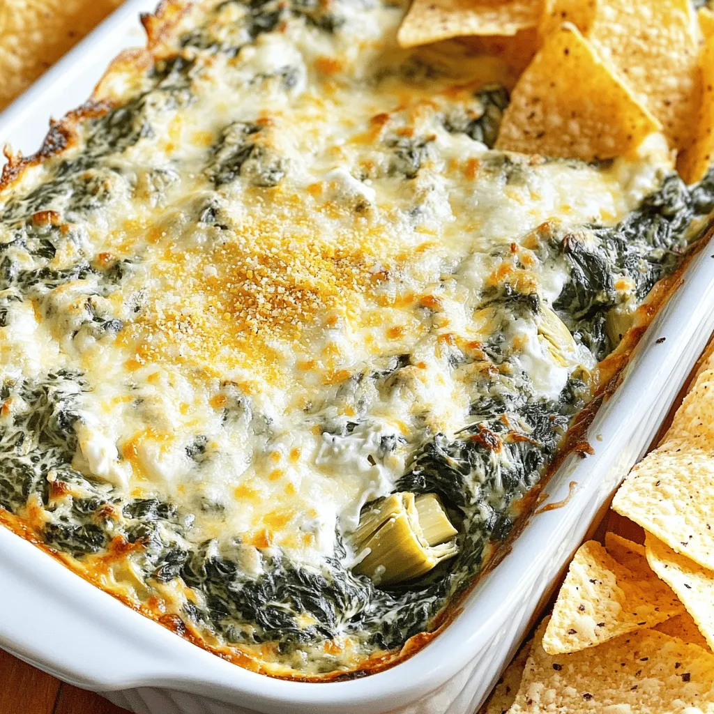 - 1 cup fresh spinach, chopped - 1 cup artichoke hearts, drained and chopped - 1 cup cream cheese, softened - 1/2 cup sour cream - 1/2 cup mayonnaise - 1 cup grated Parmesan cheese - 1/2 cup shredded mozzarella cheese - 2 cloves garlic, minced - 1/2 teaspoon onion powder - Salt and pepper to taste - Olive oil for greasing For this creamy spinach artichoke dip, I choose fresh and simple ingredients. The spinach adds a bright color and healthy touch. Artichokes bring a unique, tender bite. Cream cheese gives the dip its rich base. Sour cream and mayonnaise add extra creaminess and tang. You can use Greek yogurt instead of cream cheese for a lighter dip. For sour cream and mayonnaise, low-fat options work well without losing flavor. Want to spice it up? Add chopped jalapeños for a kick. If you love sun-dried tomatoes, toss some in for extra flavor. These small changes can make your dip unique and fun! For the full recipe, check out the cooking steps to create this delightful snack. - Preheat your oven to 350°F (175°C). Grease a baking dish with olive oil. - In a large bowl, mix the softened cream cheese, sour cream, and mayonnaise until smooth. This base makes the dip creamy and rich. - Next, fold in the chopped spinach and drained artichokes. This gives the dip texture and flavor. - Add the minced garlic, grated Parmesan cheese, and shredded mozzarella cheese to the mix. - Sprinkle in the onion powder, then season with salt and pepper to taste. Stir gently until everything is well combined. - Transfer the dip to your greased baking dish. Spread it evenly. - Bake for 25-30 minutes. You'll know it's done when the dip is bubbly and lightly golden on top. - Once baked, let it cool for a few minutes before serving. Enjoy with crispy chips or toasted bread. For the full recipe, check the earlier section. To get the right creamy consistency, start with softened cream cheese. This makes mixing easier. Mix the cream cheese, sour cream, and mayonnaise until smooth. Be careful not to overmix. Overmixing can make the dip too thin. Gently fold in the spinach and artichokes to keep it thick and creamy. Seasoning is key. Try adding garlic powder or a pinch of cayenne for a kick. Fresh herbs like parsley or basil can add a nice touch. Always use fresh spinach and artichokes for the best taste. Fresh ingredients make a big difference in flavor. For great accompaniments, use crispy tortilla chips or toasted baguette slices. You can also serve with fresh veggies like carrots and celery. To impress your guests, present the dip in its baking dish. Drizzle some olive oil on top and add a sprinkle of extra Parmesan. This simple touch makes it look gourmet. Enjoy with your friends! {{image_2}} You can easily make this dip healthier. For low-calorie swaps, use Greek yogurt instead of sour cream and mayonnaise. This change keeps the dip creamy while cutting calories. You can also use low-fat cream cheese for a lighter option. If you want a vegan alternative, try cashew cream or silken tofu. These substitutes add creaminess without dairy. Adding different types of cheese can make this dip even better. Try using feta for a tangy kick or pepper jack for some heat. You can also incorporate fresh herbs like basil or dill. These herbs add freshness and flavor. Just mix them in when you combine the other ingredients. For a Mediterranean-style twist, add chopped olives and feta cheese. This version gives a salty, briny flavor that pairs well with the spinach and artichokes. If you like spice, make a spicy version by mixing in buffalo sauce. This adds a kick that will please heat lovers. Each variation brings a new taste to this classic dip, making it fun to try! After enjoying your creamy spinach artichoke dip, store any leftovers in an airtight container. It’s best to refrigerate the dip within two hours of serving. This keeps it fresh and safe. Your dip can last up to four days in the fridge. Always check for any off smells or changes in texture before eating. To reheat the dip, use an oven or microwave. If using the oven, warm it at 350°F until hot, about 15 minutes. Stir it halfway to keep the texture smooth. In the microwave, heat in intervals of 30 seconds. Stir well after each interval. This helps avoid separation of ingredients. You want it creamy, not grainy! Yes, you can freeze this dip! To freeze, place it in a freezer-safe container. Make sure to leave some space at the top for expansion. It can stay fresh for about two months. When ready to eat, thaw it in the fridge overnight. Reheat as mentioned above. Enjoy your creamy spinach artichoke dip even after a long time! You can enjoy this dip with many tasty options. Here are a few ideas: - Tortilla chips - Sliced baguette - Pita chips - Fresh veggie sticks like carrots or celery - Crackers Each of these choices adds a different crunch and flavor. Tortilla chips bring a nice saltiness. Sliced baguette gives a soft, chewy bite. Fresh veggies add a crisp, healthy touch. Feel free to mix and match based on your taste! Yes, you can prep this dip in advance. Here's how: 1. Make the dip as directed in the Full Recipe. 2. Place the dip in a baking dish and cover it with plastic wrap. 3. Store it in the fridge for up to 24 hours. When you're ready to serve, bake it straight from the fridge. Just add a few extra minutes to the bake time. This makes it a perfect dish for busy days or parties! If you like some heat, there are easy ways to add spice: - Mix in chopped jalapeños or other hot peppers. - Add a dash of hot sauce to the creamy base. - Sprinkle some red pepper flakes into the mixture. Start with a little and taste as you go. You want it spicy but still balanced. These ideas let you create a dip that suits your heat level! This blog covered all you need to know about making a tasty Creamy Spinach Artichoke Dip. We explored the key ingredients, step-by-step instructions, and tips for better flavor and texture. You learned about easy substitutions and fun variations to suit your taste. Remember, great dips are all about using fresh ingredients. So whether you're serving it at a party or enjoying it at home, make it your own. Enjoy mixing, baking, and sharing this dip with friends and family!