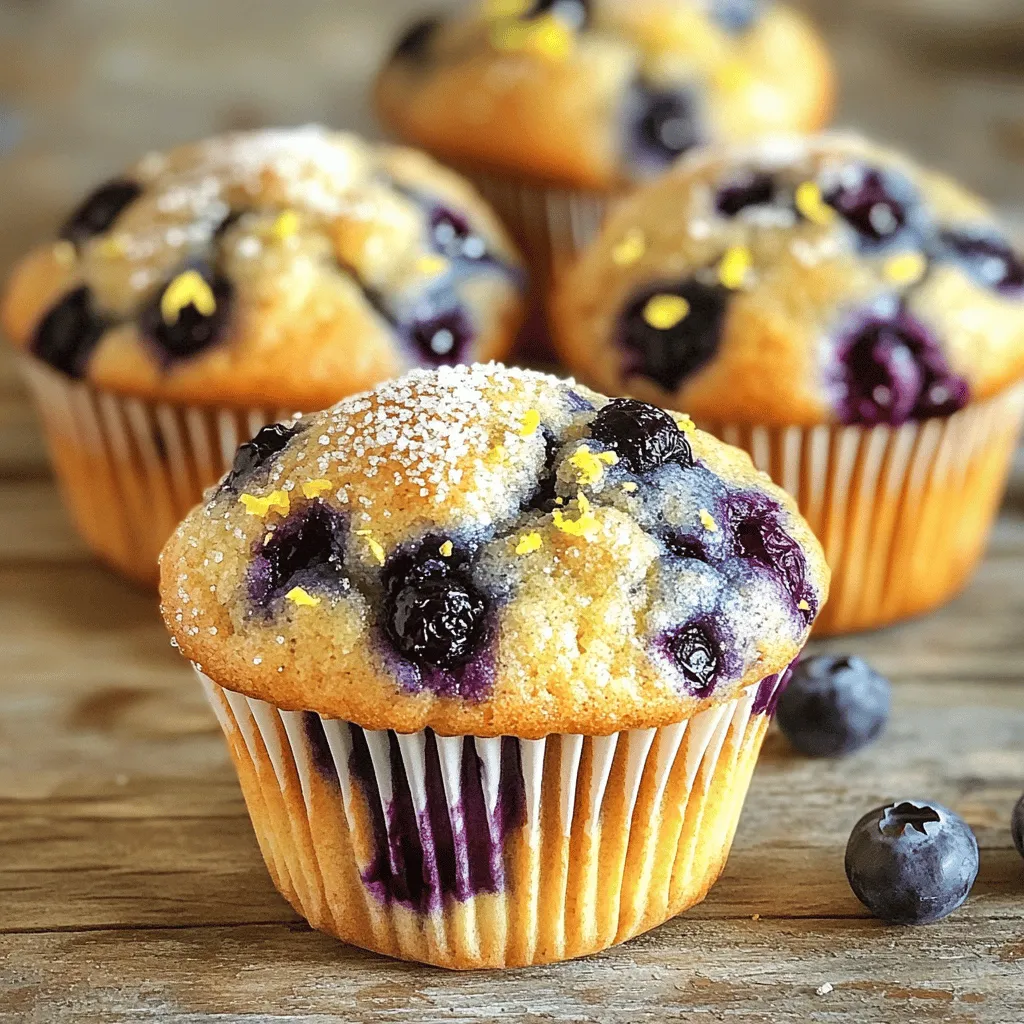 For the best lemon blueberry muffins, use these fresh ingredients: - 1 ½ cups all-purpose flour - 1 cup fresh blueberries (or frozen, thawed) - ½ cup granulated sugar - ½ teaspoon baking soda - ½ teaspoon baking powder - ¼ teaspoon salt - 1 large egg - ½ cup buttermilk - ⅓ cup vegetable oil - 1 tablespoon lemon zest (freshly grated) - 2 tablespoons lemon juice - 1 teaspoon vanilla extract These ingredients give you the perfect mix of sweet and tart. The lemon zest adds bright flavor. The blueberries burst with juice, making each bite a treat. You can make your muffins even better with some optional touches: - 2 tablespoons coarse sugar for topping This sugar gives a nice crunch and extra sweetness on top. You can also use a sprinkle of lemon zest for added flair. If you need to swap some ingredients, here are a few ideas: - Use whole wheat flour for a healthier option. - Swap buttermilk with regular milk or yogurt, adding a splash of lemon juice. - If you don’t have blueberries, try raspberries or chopped strawberries. These swaps keep the muffins tasty while fitting your needs. For the full recipe, check out the detailed instructions above. Enjoy baking! First, gather your dry ingredients. You will need all-purpose flour, baking powder, baking soda, salt, and granulated sugar. In a medium bowl, whisk these ingredients together. Make sure they mix well. This step helps your muffins rise nicely. Next, take another bowl for the wet ingredients. Start by beating one large egg. Then add buttermilk, vegetable oil, lemon zest, lemon juice, and vanilla extract. Mix until everything blends smoothly. This mixture adds moisture and flavor to your muffins. Now, combine the wet and dry ingredients in one bowl. Pour the wet mix into the dry mix. Gently fold them together with a spatula. Be careful not to overmix! Next, fold in the blueberries until they are spread evenly. Spoon the batter into a muffin tin, filling each cup about three-quarters full. If you want extra sweetness, sprinkle coarse sugar on top. Preheat your oven to 375°F (190°C). Bake the muffins for 18 to 20 minutes. They should turn golden brown. A toothpick inserted in the center should come out clean. Let them cool for five minutes in the pan, then transfer them to a wire rack. For the complete guide, refer to the Full Recipe. Enjoy your fresh and flavorful lemon blueberry muffins! To achieve the perfect texture in your lemon blueberry muffins, use fresh ingredients. Fresh blueberries burst with flavor and moisture. Make sure to gently fold them into the batter to prevent them from breaking apart. Use buttermilk instead of regular milk. This adds moisture and a slight tang, enhancing the muffin's flavor. Don't overmix the batter; this can lead to tough muffins. Mix just until combined for a light, fluffy texture. One common mistake is not preheating the oven. Always ensure your oven is at the right temperature before baking. This helps the muffins rise properly. Overfilling the muffin cups can also lead to messy results. Fill them only about three-quarters full. Lastly, avoid opening the oven door too soon. Doing this can cause the muffins to sink. To store leftover muffins, place them in an airtight container. They will stay fresh for up to three days at room temperature. For longer storage, freeze them. Wrap each muffin in plastic wrap and place them in a freezer bag. They can last up to three months in the freezer. To reheat, place the muffin in the microwave for about 15-20 seconds, or until warm. You can also warm them in a preheated oven at 350°F for about 5-10 minutes. Enjoy your delicious lemon blueberry muffins anytime! For the full recipe, check the details above. {{image_2}} You can mix it up by using other fruits. Try raspberries, strawberries, or even peaches. Each fruit brings a unique taste. For example, raspberries add a tart kick. Strawberries offer sweetness, while peaches give a nice juicy bite. Just keep the same amount of fruit to maintain the muffin's texture. If you need gluten-free muffins, swap all-purpose flour for gluten-free flour. You can use almond flour or oat flour as great options. For dairy-free versions, replace buttermilk with almond milk or coconut milk. Add a teaspoon of vinegar to mimic the tangy flavor of buttermilk. These changes keep your muffins tasty and light. Feel free to get creative with your muffins! Add chopped nuts like walnuts or pecans for crunch. You can also sprinkle in spices like cinnamon or nutmeg for warmth. A pinch of ginger adds a nice zing, too. These fun add-ins make each bite exciting and unique. Lemon blueberry muffins shine best with a few select drinks. Here are my top picks: - Coffee: A hot cup enhances the zesty flavors. - Tea: Herbal or green tea adds a refreshing touch. - Milk: A glass of cold milk balances the sweetness. - Lemonade: For a citrus boost, enjoy them with lemonade. Each drink complements the bright taste of the muffins. These muffins fit any occasion. Here are some fun ways to serve them: - Brunch: Serve alongside fruit salad for a colorful spread. - Picnics: Pack them in a basket for a delightful treat outdoors. - Dessert table: Stack them on a tiered stand for a stunning display. - Gifts: Wrap them in pretty paper for a sweet gift idea. These creative serving ideas will wow your guests! Presentation matters, even for muffins. Here are some tips to make them pop: - Use colorful liners: Bright liners add a fun touch. - Dust with powdered sugar: A light sprinkle looks elegant. - Garnish with lemon zest: Add zest on top for extra flair. - Arrange on a platter: Group them neatly for a polished look. These simple steps will make your muffins look as good as they taste. Check out the Full Recipe to get started! To stop muffins from sticking, you can line the pan with paper liners. These make it easy to lift out the muffins. If you prefer, grease the pan with butter or oil. Make sure to cover the sides and bottom well. This creates a non-stick surface. Let the muffins cool for a few minutes before removing them. This small step makes a big difference. Yes, you can make the batter ahead. Mix the dry and wet ingredients in separate bowls. Then, store them in the fridge for up to 24 hours. When you are ready to bake, combine them and fold in the blueberries. Avoid overmixing to keep the muffins light and fluffy. You can also freeze the batter for later use. Just remember to thaw it in the fridge before baking. Each muffin has about 150 calories. They also contain around 4 grams of fat and 2 grams of protein. You will find 24 grams of carbs and 1 gram of fiber. The muffins include key vitamins and minerals like vitamin C and calcium from the blueberries and buttermilk. Enjoy the fresh taste while also getting some nutrients. For the complete recipe, check the Full Recipe. You now have a complete guide to making the best lemon blueberry muffins. We covered the key ingredients and tips for mixing, baking, and storing. You learned about fun variations and serving suggestions to impress your friends. Knowing how to fix common mistakes will improve your baking skills. Use this knowledge to create delicious muffins every time. Enjoy your baking journey, and make those muffins shine!