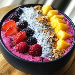 To make an amazing berry smoothie bowl, gather these key items: - 1 cup mixed berries (strawberries, blueberries, raspberries) - 1 banana, frozen - 1/2 cup unsweetened almond milk (or any milk of choice) - 1 tablespoon chia seeds - 1/2 teaspoon vanilla extract These ingredients provide a tasty and smooth base. The mixed berries give vibrant color and flavor. The frozen banana adds creaminess and natural sweetness. Almond milk keeps it light and smooth. Chia seeds boost nutrition and fiber. If you want a sweeter bowl, consider these options: - 1 tablespoon honey - 1 tablespoon maple syrup Honey gives a nice floral touch. Maple syrup adds a warm, earthy flavor. Both are great choices, but use them based on your taste. Now, let’s make your bowl pop! Here are some fun toppings: - Sliced fresh fruits (like bananas, strawberries, or kiwi) - Granola for crunch - Shredded coconut for a tropical twist - Extra chia seeds for added nutrition These toppings not only make your bowl look pretty, but they also add texture and flavor. Mix and match your favorites to create your perfect berry smoothie bowl. For the complete recipe, check out the Full Recipe section. To start, gather your ingredients. You need mixed berries, a frozen banana, almond milk, chia seeds, honey or maple syrup, and vanilla extract. First, add the berries and banana to your blender. Next, pour in the almond milk. If you like, add honey or maple syrup for sweetness. Finally, toss in the chia seeds and vanilla extract. This mix creates a tasty base for your smoothie bowl. Blend on high until the mixture is smooth and creamy. If it seems too thick, add a bit more almond milk. You want the mix to be thick enough to hold your toppings. Remember, it should be smooth, not runny. If you find lumps, blend a little longer. The right consistency makes a big difference in texture. Once blended, pour your smoothie into a bowl. Use a spatula to smooth out the top. Now comes the fun part—topping it! Add slices of fresh fruit, granola, and shredded coconut. Sprinkle some extra chia seeds on top for crunch. Serve it right away with a spoon and enjoy your refreshing berry smoothie bowl. For the detailed recipe, check the Full Recipe above. When making your berry smoothie bowl, watch out for these common errors: - Too much liquid: Adding extra milk makes it runny. Stick to the recipe. - Not blending enough: If you don’t blend well, lumps will form. Blend until smooth. - Skipping the frozen banana: This adds creaminess. Fresh bananas won’t give the same texture. You can change this recipe to fit your taste. Here are some ideas: - Fruits: Swap mixed berries for mango or peach. - Milk: Use coconut or oat milk if you prefer. - Sweeteners: Try agave syrup or leave out sweeteners for a tart flavor. Enjoy your smoothie bowl in the best way possible: - Serve cold: Chill your bowl in the fridge before adding the smoothie. - Toppings: Add crunchy granola or seeds for texture. Fresh fruits boost flavor. - Eat right away: Smoothie bowls taste best fresh. They can melt quickly. For the full recipe, check out Berrylicious Smoothie Bowl. {{image_2}} You can mix berries in many ways. For a sweet bowl, use strawberries and blueberries. If you like tart flavors, add raspberries or blackberries. You can even try a berry trio. For example, mix strawberries, blueberries, and raspberries for a colorful twist. This combo packs in vitamins and adds a fun flavor. If you want a vegan bowl, choose plant-based milk. Almond, oat, or coconut milk works well. You can also use frozen bananas for creaminess. Instead of honey, opt for maple syrup or agave nectar. These swaps keep your bowl tasty and plant-based. Want to boost your smoothie bowl? Add a scoop of protein powder or nut butter. Both give you energy and help you feel full. You can also mix in greens like spinach or kale. They add nutrients without changing the taste much. Another great choice is flaxseeds or hemp seeds for more omega-3s. These add-ins make your bowl even healthier and more satisfying. For the full recipe, check out the Berrylicious Smoothie Bowl 🥥. If you have extra smoothie mixture, pour it into a jar. Seal it tightly. Store it in the fridge for up to two days. When you're ready to enjoy, stir it well. If it's too thick, add a splash of milk to loosen it. You can freeze leftover mixed berries or bananas. Wash and dry the berries first. Place them in a single layer on a baking sheet. Freeze until solid, then transfer them to a bag. This way, you’ll have fresh berries ready for your next smoothie bowl. Bananas can be sliced and frozen too. Just peel and cut them before freezing. Smoothie bowls are best eaten fresh. If you store them, they can last about a day. The toppings may get soggy, so add them right before eating. I recommend making the bowl just before serving. This keeps it fresh and tasty. Berry smoothie bowls are full of nutrients. They are rich in vitamins, minerals, and fiber. Berries boost your immune system and help reduce inflammation. They also provide antioxidants, which protect your cells from damage. The banana adds potassium, good for your heart. Chia seeds offer omega-3 fatty acids, which are great for brain health. This bowl is both energizing and nutritious, making it a perfect way to start your day. Yes, you can prepare parts of the berry smoothie bowl ahead of time. You can freeze the mixed berries and banana for easy blending. You can also measure out the chia seeds and other ingredients. When you’re ready to eat, just blend everything together. If you want to make the bowl the night before, store it in the fridge. Just add the toppings fresh in the morning for the best taste. To make a thicker smoothie bowl, use frozen fruits. The frozen banana is key to the thick texture. You can also use less liquid. Start with half the almond milk and add more if needed. Blend on low speed to control the thickness. A thick base will hold your toppings well and create a creamy texture. Enjoy experimenting to find your perfect thickness! In this blog post, we explored how to create a delicious berry smoothie bowl. We covered key ingredients, tips for blending, and how to serve it beautifully. I shared common mistakes and ways to customize this treat to fit your taste. Berry smoothie bowls are tasty and healthy. Enjoying them each day can boost your nutrition. Follow the tips, and you’ll make perfect smoothie bowls every time. Don’t hesitate to try different berries and toppings for fun!