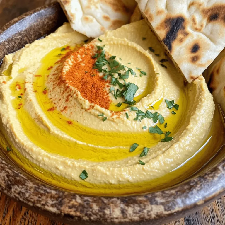 To make a classic hummus, you need a few key ingredients. Each one adds flavor and texture. Here’s what you will need: - 1 can (15 oz) chickpeas, drained and rinsed - 1/4 cup tahini - 3 tablespoons olive oil - 2 tablespoons fresh lemon juice - 1 clove garlic, minced - 1/2 teaspoon ground cumin - Salt to taste - Water (as needed) - Paprika and chopped parsley for garnish Chickpeas are the star of the dish. They give hummus its creamy base. I prefer canned chickpeas for ease and speed. Just drain and rinse them well. Tahini is a thick paste made from sesame seeds. It adds a nutty flavor to the hummus. Olive oil gives the dish richness. It also helps blend everything smoothly. Fresh lemon juice brightens up the flavor. I always use fresh juice over bottled. Garlic adds a nice punch. Use one clove, but feel free to add more if you love garlic. Ground cumin adds warmth and depth. A pinch of salt enhances all the flavors. Water helps adjust the thickness of the hummus. You can add it little by little. For garnishes, I like to use paprika and chopped parsley. They add color and a fresh touch. You can find the full recipe with all these ingredients listed above. 1. Combining Ingredients in the Food Processor Start by adding the chickpeas, tahini, olive oil, lemon juice, minced garlic, ground cumin, and a pinch of salt into your food processor. This mix is the heart of your hummus. 2. Blending to Achieve Smooth Consistency Turn on the food processor. Blend the mix until it becomes smooth. If you see lumps, scrape down the sides. Blend again until it looks creamy and even. 3. Adjusting Thickness with Water If your hummus is too thick, add water. Do this one tablespoon at a time. Blend after each addition. Stop when it reaches your desired consistency. It should be smooth but not runny. 1. Adjusting Flavor and Seasoning Taste your hummus. If it needs more flavor, add more salt or lemon juice. Blend again to mix any changes. This step helps make your hummus just right. 2. Plating the Hummus Spoon the hummus into a serving bowl. Use the back of a spoon to create a small well in the center. This well is perfect for olive oil. 3. Garnishing Tips Drizzle a little olive oil into the well you made. Sprinkle paprika and chopped parsley on top. This gives your hummus a nice look and extra flavor. Enjoy this simple and delicious dish with your favorite veggies or pita bread. For the full recipe, check out Classic Hummus Delight. Getting the right texture for hummus is key. Start by adding water slowly. This helps make the hummus creamy. If you find it too thick, just add a little water. Blend again until it’s smooth. Scraping down the bowl is also important. It ensures all the ingredients mix well. Use a spatula to scrape the sides. This way, you won’t miss any bits. A well-blended hummus has the best texture. You can customize your hummus by adding spices. Try cumin or paprika to boost the flavor. A little cayenne pepper can add some heat. You can also mix in fresh herbs for a twist. Roasted garlic adds depth to your hummus. It gives a sweet, rich flavor. Simply roast the garlic in the oven before adding it. This step makes your hummus stand out. For the full recipe, check the Classic Hummus Delight section. {{image_2}} You can make hummus exciting with just a few tweaks. Here are two tasty ideas: - Spicy Hummus with Red Pepper: Add roasted red peppers to your classic hummus mix. This gives it a nice kick and deep flavor. Use about 1/2 cup of roasted peppers for a bold taste. - Herbed Hummus with Fresh Herbs: Fresh herbs can brighten your hummus. Try parsley, cilantro, or basil. Mix in about 1/4 cup of your chosen herbs. This creates a fresh, vibrant flavor that will please your palate. Hummus is versatile. You can serve it in different ways: - Hummus as a Spread vs. Dip: Spread hummus on sandwiches or wraps for added flavor. It also works well as a dip for snacks. Use it either way to enjoy its creamy goodness. - Pairing with Vegetables and Pita Bread: Fresh veggies like carrots, cucumbers, and bell peppers pair well with hummus. Pita bread is another excellent choice. Cut it into triangles for easy dipping. These pairings make for a delightful and healthy snack. For more details, check the Full Recipe for classic hummus. Enjoy exploring these variations! To keep your classic hummus fresh, store it in an airtight container. This helps prevent it from drying out. Place the container in the refrigerator right after you make it. If you want to freeze hummus, use a freezer-safe container. Leave some space at the top for expansion. You can also portion it into smaller containers for easy use later. In the fridge, your hummus lasts about 5 to 7 days. Always check for signs of spoilage. If it smells off or has a strange color, toss it out. You will also notice a change in texture. If it becomes too thick or dry, it’s time to say goodbye. To make classic hummus, follow these simple steps: 1. Start with one can of chickpeas. Drain and rinse them well. 2. In a food processor, add the chickpeas, 1/4 cup of tahini, 3 tablespoons of olive oil, and 2 tablespoons of fresh lemon juice. 3. Next, add one clove of minced garlic, 1/2 teaspoon of ground cumin, and salt to taste. 4. Blend everything together until smooth. If it’s too thick, add water one tablespoon at a time. 5. Taste the hummus and adjust seasoning or lemon juice as needed. 6. Transfer the hummus to a bowl. Make a small well in the center and drizzle with olive oil. 7. Finally, sprinkle paprika and chopped parsley on top for a nice touch. This method is quick and easy, taking just 10 minutes in total. Yes, you can use dried chickpeas, but they need more preparation. Here’s how: 1. First, soak the dried chickpeas in water overnight. This helps them soften. 2. After soaking, drain and rinse the chickpeas. 3. Cook them in boiling water for about 1 to 1.5 hours, until tender. 4. Once cooked, let them cool before using in your hummus. Using dried chickpeas gives a richer flavor, but it takes more time. If you don’t have tahini, don’t worry! You can replace it with other ingredients. Here are a few options: - Sunflower seed butter: This works well and has a similar creaminess. - Peanut butter: It adds a unique twist to the flavor. - Greek yogurt: This makes a creamy and tangy hummus. - Ground sesame seeds: If you have them, use these for a close match to tahini. These alternatives can change the taste, but they still make a tasty hummus. To make great hummus, start with the right ingredients like chickpeas and tahini. Follow the step-by-step instructions to blend everything into a smooth dip. Adjusting the texture and flavor can elevate your hummus to new levels. Don't forget to try creative variations and serving ideas. Store your hummus properly so it stays fresh longer. With these tips and tricks, you can make hummus that impresses everyone. Happy dipping!