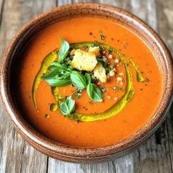 To make this creamy tomato basil soup, you need: - 4 cups ripe tomatoes, chopped - 1 medium onion, chopped - 3 cloves garlic, minced - 2 cups vegetable broth - 1 cup fresh basil leaves, packed - 1 cup heavy cream (or coconut cream for a vegan option) - 2 tablespoons olive oil - 1 teaspoon sugar - Salt and pepper to taste - Croutons and extra basil for garnish If you lack fresh tomatoes, use canned tomatoes. Choose whole or diced tomatoes. For a lighter soup, swap heavy cream with milk or a plant-based milk. If you prefer a vegan option, use coconut cream instead of heavy cream. You can also replace olive oil with avocado oil. If you're short on basil, parsley adds a nice touch, too. Select tomatoes that are firm and bright in color. Ripe tomatoes should feel slightly soft. For onions, pick ones with smooth skin and no soft spots. Garlic should be plump and firm. When choosing basil, look for vibrant green leaves without brown spots. Fresh herbs enhance flavor, so always choose the best quality. For the full recipe, you can refer to the section above. To start, gather all your ingredients. You will need ripe tomatoes, onion, garlic, vegetable broth, fresh basil, heavy cream, olive oil, sugar, salt, and pepper. Chop the tomatoes, onion, and garlic. This step makes cooking easier and faster. Heat olive oil in a large pot over medium heat. Add the chopped onion and cook for about 5 minutes. The onions should look clear. Then, add the minced garlic and cook for another minute. It will smell great! Next, add the chopped tomatoes and sugar. Cook for 10 to 12 minutes, stirring now and then. The tomatoes should soften and release juice. Pour in the vegetable broth and bring it to a boil. Once it boils, lower the heat and let it simmer for 15 minutes. This helps the flavors mix well. After simmering, remove the pot from heat and stir in the fresh basil. To blend the soup, you can use an immersion blender. This tool makes it easy to blend right in the pot. If you don’t have one, carefully transfer the soup in batches to a countertop blender. Be cautious, as the soup is hot. Blend until smooth, then return it to the pot on low heat. Stir in the heavy cream until warmed, but do not let it boil. Finally, season with salt and pepper to taste. Enjoy your creamy tomato basil delight! For the complete instructions, check the Full Recipe. To make your soup rich and creamy, choose the right cream. Heavy cream works best. If you prefer a vegan option, coconut cream is a great choice. Blend the soup well after cooking. This step creates a smooth texture. Always stir in the cream on low heat. This keeps the soup warm without boiling. Boiling can cause the cream to separate. Taste is key. You can add more garlic or onion for a bolder flavor. A pinch of sugar balances the acidity from tomatoes. Fresh herbs like thyme or oregano can add depth. If you like spice, try adding red pepper flakes. Always taste the soup before serving. Adjust salt and pepper to your liking. Serve your creamy tomato basil soup hot. Garnish with croutons for crunch. A sprinkle of fresh basil adds flavor and color. For a full meal, pair it with a grilled cheese sandwich. A light salad also works well. You can even serve it in a bread bowl for a fun twist. Check out the Full Recipe for more ideas! {{image_2}} To make a vegan version of creamy tomato basil soup, swap the heavy cream for coconut cream. This change keeps the rich texture and adds a subtle sweetness. Use vegetable broth instead of chicken broth for depth. If you want to boost the flavor, try adding a splash of lemon juice. Fresh basil remains essential for the vibrant taste. This version is just as creamy and delicious! Good news! The classic creamy tomato basil soup is gluten-free. Just be sure to check your broth and any added toppings like croutons. You can make your own gluten-free croutons easily. Just use gluten-free bread, season it, and bake until crispy. This keeps your soup safe for those avoiding gluten. Want to get creative? You can add roasted red peppers for a smoky flavor. A pinch of red pepper flakes can give it a nice kick. For a touch of sweetness, toss in some diced carrots while cooking. If you like a fresh twist, add a swirl of pesto before serving. These options can take your soup to a new level of flavor. For the full recipe, check out the Creamy Tomato Basil Bliss Soup recipe! After enjoying your creamy tomato basil soup, you may have some left. To store it, let the soup cool down. Then, pour it into an airtight container. Make sure to leave some space at the top, as the soup can expand when frozen. Store it in the fridge if you plan to eat it within three days. For longer storage, freezing is best. If you want to keep your soup for more than a few days, you can freeze it. Use freezer-safe containers or bags. Pour the cooled soup into the containers, ensuring no air is left. You can freeze the soup for up to three months. When ready to enjoy, just take it out of the freezer and let it thaw in the fridge overnight. To reheat your creamy tomato basil soup, do it gently. Pour the soup into a pot and heat it on low. Stir often to prevent sticking. If it seems too thick, add a splash of vegetable broth or water. You want it warm, not boiling, to keep the flavors fresh. For an extra touch, garnish with croutons and more basil before serving. Enjoy every spoonful! Yes, you can use canned tomatoes. They make a great base for your soup. Canned tomatoes are often picked at peak ripeness. This means they can taste just as good as fresh ones. I recommend using whole or diced canned tomatoes. Just drain some extra liquid if needed. You can still enjoy rich flavors in your creamy tomato basil soup. Creamy tomato basil soup lasts about 3 to 4 days when stored in the fridge. Make sure to keep it in an airtight container. If you want to enjoy it later, you can freeze it. It will stay good in the freezer for up to 3 months. Just remember to thaw it in the fridge overnight before reheating. You can serve many tasty items with creamy tomato basil soup. Here are some ideas: - Grilled cheese sandwiches - Fresh crusty bread - A green salad - Garlic bread - Croutons on top of the soup These pairings enhance the meal and add variety. Enjoy exploring different combinations with your creamy tomato basil soup! This blog post covered how to make creamy tomato basil soup. You learned about key ingredients and their substitutes. I shared tips for choosing fresh produce and how to prepare your dish. We discussed cooking methods, blending techniques, and tips for a creamy texture. I provided variations for vegan and gluten-free options. Finally, I offered storage tips and answered common questions. Enjoy creating your delicious soup with these insights!
