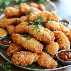 - 2 pounds of chicken tenderloins - 1 cup all-purpose flour - 2 large eggs - 1 cup breadcrumbs (preferably panko for extra crunch) - 1 teaspoon garlic powder - 1 teaspoon onion powder - 1 teaspoon smoked paprika - ½ teaspoon cayenne pepper (adjust for spice preference) - Salt and pepper to taste - ½ cup buttermilk (or milk with a splash of vinegar) - Vegetable oil for frying - Fresh parsley for garnish (optional) The star of this dish is the chicken tenderloins. They cook quickly and stay juicy. The breading mix includes flour, eggs, and breadcrumbs. I like to use panko for a crunchier bite. The spices bring flavor and warmth. Garlic and onion powder add depth, while smoked paprika gives a nice color and taste. Cayenne pepper adds some heat but can be adjusted to your liking. - Buttermilk alternatives (milk with vinegar or yogurt) - Fresh herbs for garnish (like thyme or cilantro) - Dipping sauce ideas (honey mustard, ranch, or BBQ sauce) If you want a creamier taste, you can swap buttermilk for regular milk mixed with a bit of vinegar. Fresh herbs like parsley or cilantro can brighten your dish. For dipping sauces, think outside the box! Honey mustard, ranch dressing, or tangy BBQ sauce can really enhance your meal. You can find the full recipe for these crispy chicken tenders in the main article. To start, rinse the chicken tenderloins under cold water. This step cleans off any residue. After rinsing, pat them dry with paper towels. Drying is key to a crispy finish. Next, season the chicken. I like to use salt and pepper. You can also add garlic powder or paprika for extra flavor. This simple seasoning makes a big difference in taste. Now, let’s set up your breading station. You need three bowls for this process. - In the first bowl, mix: - 1 cup all-purpose flour - 1 teaspoon garlic powder - 1 teaspoon onion powder - 1 teaspoon smoked paprika - ½ teaspoon cayenne pepper - A pinch of salt and pepper - In the second bowl, whisk together: - 2 large eggs - ½ cup buttermilk (you can use milk with vinegar) - The third bowl is for: - 1 cup breadcrumbs (panko works best for crunch) Mixing these ingredients creates a flavorful coating for your chicken. Now, let’s get to the frying part. First, heat about ½ inch of vegetable oil in a large skillet. Aim for medium-high heat. You can test if the oil is hot enough by dropping in a bit of bread. If it sizzles, it’s ready! Next, bread the chicken. Start by dipping each tender in the flour mix. Shake off any extra flour. Then, dip it in the egg mixture. Let any excess drip off. Finally, coat the chicken in breadcrumbs. Press down gently to help them stick. Fry the chicken in batches. Don’t overcrowd the pan. This helps them fry evenly. Cook for about 4-5 minutes on each side. Look for a golden brown color and check if they are cooked through. Once done, remove the chicken and place them on a plate lined with paper towels. This catches any extra oil. For a fresh touch, you can garnish with parsley. For the full recipe, check the instructions above. To get that extra crispy texture, use panko breadcrumbs. They are lighter and crunchier than regular breadcrumbs. This is key to that perfect bite. Frying technique matters too. Heat your oil to about 350°F. Use a thermometer for accuracy. If the oil is too cool, your chicken will soak up oil and become soggy. If it's too hot, the outside cooks fast while the inside stays raw. What if your chicken is undercooked? First, use a meat thermometer. The internal temp should reach 165°F. If it’s undercooked, put it back in the oil for a few more minutes. For soggy breading, check the oil temperature. Low heat leads to sogginess. Also, ensure you drain the chicken well on paper towels after frying. This helps remove extra oil. For plating, use a large platter. Arrange the crispy chicken tenders neatly. Add a sprinkle of parsley for color. You need great dips too! Serve with honey mustard, barbecue sauce, or ranch dressing. These pair well with crispy chicken tenders. Check out the Full Recipe for more ideas on how to enjoy this dish! {{image_2}} You can easily change the taste of your crispy chicken tenders. Try different seasoning blends to keep things fun. Italian herbs add a nice twist. Lemon pepper gives a fresh kick. For spice lovers, adjust the cayenne pepper to make it hotter. Just remember, a little goes a long way! If you want a healthier option, you can bake or air fry the chicken tenders. For oven-baked tenders, preheat your oven to 425°F. Place the breaded chicken on a baking sheet lined with parchment paper. Bake for about 20 minutes, flipping halfway. The tenders will still be crispy and delicious. For the air fryer, set it to 400°F. Arrange the chicken in a single layer. Cook for about 10-12 minutes, flipping halfway through. This method cuts down on oil, making it lighter. Pair your crispy chicken tenders with tasty sides. French fries are a classic choice. A fresh salad adds a nice crunch. You can also serve them with coleslaw for a creamy complement. For drinks, try lemonade or iced tea. Both are refreshing and balance the flavors well. You can also serve beer for an adult twist. Check out the Full Recipe to master these variations! To keep your crispy chicken tenders fresh, store them in the fridge. Place them in an airtight container to avoid moisture. They taste best when eaten within three days. If you wait too long, they can lose their crunch and flavor. If you want to save your chicken tenders for later, freezing works well. First, let the tenders cool completely. Then, wrap each one in plastic wrap. Place them in a freezer bag to avoid freezer burn. When you are ready to eat, reheat them in the oven at 400°F for about 10-15 minutes. This helps them regain their crispiness. Leftover chicken tenders are great in many dishes. You can slice them and add them to wraps or salads. They also work well in a chicken tender sandwich. Get creative! You can mix them with sauces or spices to create new flavors. For instance, toss them in buffalo sauce for a spicy kick! You can use an oven or an air fryer. For oven-baked chicken tenders, preheat your oven to 425°F (220°C). Line a baking sheet with parchment paper. Prepare the chicken as you would for frying. Place the breaded chicken on the sheet, making sure they don’t touch. Bake for about 20-25 minutes, flipping halfway through. This will give you crispy chicken without the oil. In an air fryer, preheat it to 400°F (200°C). Arrange the chicken in a single layer in the basket. Cook for about 10-12 minutes, flipping halfway. This method also makes the chicken crispy and reduces fat. Yes, you can. Boneless chicken breasts work well too. Just cut them into strips. Cooking times will change. Thinner strips will cook faster, usually around 3-4 minutes per side. Always check that the chicken reaches an internal temperature of 165°F (75°C) to ensure it’s safe to eat. You have many tasty options! Here are some favorites: - Store-bought sauces: Honey mustard, barbecue sauce, ranch dressing, and buffalo sauce are popular choices. - Homemade sauces: Mix ketchup with sriracha for a spicy kick. Blend mayonnaise with garlic and lemon juice for a creamy dip. These sauces enhance the flavors and make the meal even better. For the full recipe of crispy chicken tenders, don’t forget to check the earlier sections! In this post, we've explored how to make delicious, crispy chicken tenders. You learned about key ingredients, from chicken tenderloins to spices and breading components. I shared step-by-step instructions, storage tips, and helpful advice for perfecting your dish. To sum it up, anyone can achieve crispy chicken with the right methods. Enjoy your cooking and feel inspired to experiment with flavors, sides, and dips. Your crispy chicken tenders will surely impress everyone at the table.