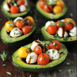 - 2 ripe avocados, halved and pitted - 1 cup cherry tomatoes, halved - 1 cup fresh mozzarella balls, halved (bocconcini) - 1/4 cup fresh basil leaves, chopped - 2 tablespoons balsamic glaze - 1 tablespoon extra virgin olive oil - Salt and pepper to taste What can I use instead of mozzarella? You can try feta, goat cheese, or even a vegan cheese. Each cheese adds a unique flavor. Can I use other types of tomatoes? Yes! Grape tomatoes, heirloom, or even sun-dried tomatoes work well. Each brings its own taste. Should I use fresh or dried herbs? Fresh herbs give a bright taste. If you only have dried herbs, use less. Dried herbs are stronger in flavor. - Preheating the oven (optional) If you want warm stuffed avocados, preheat your oven to 350°F (175°C). If you prefer it cold, you can skip this step. - Preparing the filling mixture In a medium bowl, mix 1 cup of halved cherry tomatoes, 1 cup of halved mozzarella balls, and 1/4 cup of chopped basil. Add 1 tablespoon of extra virgin olive oil and 2 tablespoons of balsamic glaze. Season with salt and pepper to taste, then toss gently to combine. - Scooping out avocado flesh Take your ripe avocados, slice them in half, and remove the pit. Use a spoon to scoop out a bit of the flesh from each half. This creates space for the filling. You can save the scooped avocado for smoothies or guacamole. - Filling the avocado halves Now, take the tomato and mozzarella mixture and spoon it into the hollowed-out avocado halves. Make sure to pack them well for a tasty bite. - Baking instructions for warm serving If you want to enjoy warm stuffed avocados, place them on a baking sheet. Bake them in your preheated oven for about 10 minutes. You want the cheese to melt slightly but not become too gooey. - Serving suggestions for cold option For a refreshing dish, serve the avocados cold right after stuffing. They make a great appetizer or a light meal on a hot day. Drizzle a little more balsamic glaze on top for added flavor. For the full recipe, check out the details above! Choosing ripe avocados is key. Look for avocados that yield slightly when you press them. They should feel soft but not mushy. This gives you a creamy texture, perfect for stuffing. Balancing flavors is also important. The sweet cherry tomatoes and creamy mozzarella need a bit of salt. Add a sprinkle of salt to your filling mix. This brings out the flavors nicely. A drizzle of balsamic glaze adds a sweet touch that pairs well with the savory cheese. Plating is your chance to impress. Use a nice plate that contrasts with the green of the avocado. Place the stuffed avocado halves on the plate with some space between them. Garnishes can enhance your dish. A few fresh basil leaves on top add a pop of color. A light drizzle of balsamic glaze over the stuffed avocados looks elegant. You can also sprinkle some black pepper for a nice finish. Overstuffing the avocados is a common error. If you pack too much filling, it may spill out. This can make the dish messy and hard to eat. Aim for a generous but controlled amount of filling. Not seasoning adequately can ruin the taste. Make sure to season your filling well. Taste it before stuffing the avocados. Adjust the salt and pepper to your liking. This ensures every bite is full of flavor. {{image_2}} You can make this dish even better by adding protein. Grilled chicken or shrimp works great. They add flavor and make it more filling. You can also mix in other veggies. Try bell peppers, cucumbers, or zucchini for extra crunch. Each swap gives a new taste. For a gluten-free dish, this recipe is perfect. All the ingredients are naturally gluten-free. If you want a vegan option, swap mozzarella for a plant-based cheese. You can also skip the cheese and use more tomatoes and avocados. This keeps your meal fresh and light. Spices can really change the taste. Try adding crushed red pepper for heat. A sprinkle of garlic powder can boost the flavor too. You can also change the dressing. Instead of balsamic glaze, use lemon juice or a vinaigrette. Each choice makes a unique dish. For the full recipe and tips, check out the Caprese Stuffed Avocado. To keep your Caprese stuffed avocado fresh, store any leftovers in the fridge. Place them in an airtight container to prevent them from browning. You can also use plastic wrap to cover them snugly. Avoid letting air touch the exposed avocado. Stuffed avocados can last up to two days in the fridge. After that, they may spoil. Signs of spoilage include browning and a mushy texture. If the avocado smells off, it’s best to toss it. If you want to enjoy warm stuffed avocados again, heat them in the oven at 350°F (175°C) for about five minutes. This keeps the cheese gooey without making the avocado mushy. You can also eat them cold straight from the fridge, which still tastes great! For those hot days, cold servings are refreshing and easy. For the full recipe, check out the Caprese Stuffed Avocado recipe above! To pick the best avocados, look for ones that feel slightly soft when you press gently. Avoid any that are very mushy or have dark spots. A ripe avocado should have smooth skin and a rich green color. If you find hard avocados, let them sit at room temperature for a few days to ripen. Yes, you can prepare the filling in advance. Just mix the tomatoes, mozzarella, and basil. Store this mixture in the fridge. Cut the avocados just before serving to keep them fresh and green. This way, you save time and still enjoy the dish at its best. Caprese stuffed avocados pair well with a light salad or crusty bread. You can also add grilled chicken or shrimp for a heartier meal. A glass of chilled white wine complements this dish nicely. This dish is quite healthy! Avocados provide healthy fats, while tomatoes and basil offer vitamins and antioxidants. The mozzarella adds protein, making it a balanced meal. Plus, it’s low in carbs, which is great for many diets. For leftovers, try mixing the filling into a salad or use it in a wrap. You can also mash the avocado and mix it with the filling for a tasty dip. Just keep it in an airtight container in the fridge for up to two days. In this blog post, I shared a tasty recipe for Caprese Stuffed Avocados. We covered the main ingredients, preparation steps, and tips for perfecting the dish. You learned various ingredient swaps and storage tips for leftovers. My final thoughts: this recipe is not only delicious but also flexible. You can switch ingredients to fit your taste or diet. Enjoy making it your own, and share it with friends. Happy cooking!