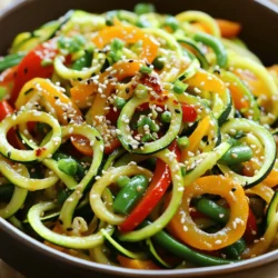 To make a tasty zucchini noodle stir-fry, gather these key ingredients: - 2 medium zucchinis, spiralized into noodles - 1 cup bell peppers (mixed colors), sliced - 1 cup carrots, julienned - 1 cup snap peas, trimmed - 1 tablespoon fresh ginger, minced - 2 cloves garlic, minced - 2 tablespoons soy sauce (or Tamari for gluten-free) - 1 tablespoon sesame oil - 1 teaspoon chili paste (adjust to taste) - 2 green onions, chopped - 1 tablespoon sesame seeds - Salt and pepper to taste These ingredients combine to create a vibrant dish that is both healthy and quick to prepare. To add flair, consider these optional garnishes: - Extra sesame seeds - Chopped green onions - Crushed red pepper flakes These garnishes not only enhance the look but also boost the flavor. You will need a few simple tools to cook this dish: - A large pan or wok - A spiralizer for the zucchini - A cutting board and knife Having these on hand makes the cooking process smoother and more fun. For the full recipe, refer to the detailed instructions above. Enjoy your cooking! First, you will need two medium zucchinis. Use a spiralizer to turn them into noodles. Place the noodles in a bowl and set them aside. This step is simple but key to your dish. Zucchini noodles add a fresh, light taste to your stir-fry. Next, grab a large pan or wok and heat two tablespoons of sesame oil over medium-high heat. When the oil is hot, add two cloves of minced garlic and one tablespoon of minced ginger. Stir them for about 30 seconds until you smell that great aroma. Now, toss in one cup of sliced bell peppers, one cup of julienned carrots, and one cup of trimmed snap peas. Stir-fry these veggies for about 3-5 minutes. You want them tender but still crisp. After that, add your zucchini noodles and mix well. Pour in two tablespoons of soy sauce and one teaspoon of chili paste. Toss everything together to coat the noodles well. Cook for an additional 2-3 minutes. The goal is to heat the noodles but keep them slightly firm. Once done, season with salt and pepper to taste. For a pop of color, sprinkle two chopped green onions and one tablespoon of sesame seeds on top. This dish looks great and tastes even better. Serve your stir-fry warm in a large bowl or plate. For extra flair, add more sesame seeds or green onions. Enjoy your tasty meal! For the full recipe, check out the details above. To spiralize zucchini, start with firm, fresh zucchinis. Cut off both ends first. Place one end into the spiralizer and twist slowly. Keep turning until you see noodles forming. If you don't have a spiralizer, a vegetable peeler works too. Just peel long strips to make thin noodles. This will give you a fun, noodle-like shape. Stir-frying needs high heat and quick movements. Use a large pan or wok for best results. Start with oil that can handle heat, like sesame oil. Add garlic and ginger first, then toss in vegetables. Stir them fast so they cook evenly. Keep the veggies crisp but tender. This adds flavor and keeps nutrients intact. To make your stir-fry pop, use fresh herbs and spices. Ginger and garlic boost the taste right away. Soy sauce adds umami, while chili paste gives heat. You can adjust these based on your taste. Don't forget sesame seeds and green onions for garnish. They add crunch and a fresh look. For the full recipe, check out the Zesty Zucchini Noodle Stir-Fry! {{image_2}} You can make your zucchini noodle stir-fry even heartier with protein. Add chicken, shrimp, or tofu for extra flavor and nutrition. For chicken, cut it into bite-sized pieces and cook it before adding the veggies. Shrimp cooks quickly. Toss them in when the veggies are almost done. Tofu is a great choice for a vegetarian option. Press it to remove water, then cube it and fry until golden. This stir-fry is already vegetarian and can be made vegan. Just skip any meat or seafood. Use more veggies like mushrooms or broccoli to add depth. You can also add chickpeas for protein. They pair well with the sauce and add a nice texture. For a nutty twist, toss in some almonds or peanuts before serving. Soy sauce is a classic choice, but you can mix it up. Try teriyaki sauce for a sweeter taste. For a spicy kick, use sriracha or chili garlic sauce instead of chili paste. Coconut aminos is a great soy sauce substitute if you want a lower-sodium option. Experiment with different sauces to find your perfect flavor. You can always adjust the amounts to suit your taste. For the full recipe, check out Zesty Zucchini Noodle Stir-Fry 🥢. To keep your leftover stir-fry fresh, place it in an airtight container. Make sure to cool it down first. Store it in the fridge. It lasts about 3 to 4 days. You can easily enjoy it later! When you are ready to eat, take out the stir-fry. Place it in a pan over medium heat. Add a splash of water or soy sauce to keep it moist. Stir it often until it's hot. You can also use a microwave for quick heating. Just cover it and heat for 1 to 2 minutes. If you want to save stir-fry for later, freezing is a great option. Cool it completely before freezing. Use a freezer-safe container or bag. It can stay good for up to 3 months. When ready to eat, thaw it overnight in the fridge. Then, reheat it on the stove or in the microwave. Enjoy your quick and tasty meal anytime! For the full recipe, check out the Zesty Zucchini Noodle Stir-Fry. Yes, you can use regular pasta. It adds a different texture, but the dish will change. Zucchini noodles are low in carbs and healthy. They absorb flavors well. If you're looking for a lighter meal, zucchini noodles are great. You can use coconut aminos or Tamari. Both options are good for flavor. Coconut aminos is sweeter and less salty. Tamari is a great gluten-free choice. These swaps make the dish taste good without soy sauce. Zucchini noodles stay fresh for 2 to 3 days in the fridge. Store them in an airtight container. Keep them dry to avoid sogginess. If you notice a slimy texture, it's best to toss them out. Enjoy fresh zucchini noodles for the best taste! For the full recipe, check out the Zesty Zucchini Noodle Stir-Fry. Zucchini noodle stir-fry is simple and fun to make. We covered the main ingredients, cooking steps, and tips. You can easily customize it with protein or sauces for variety. Proper storage ensures your leftovers stay fresh and tasty. Remember, zucchini noodles offer a healthy twist. Now, you can enjoy a unique dish that satisfies your cravings. Dive in and explore your options!