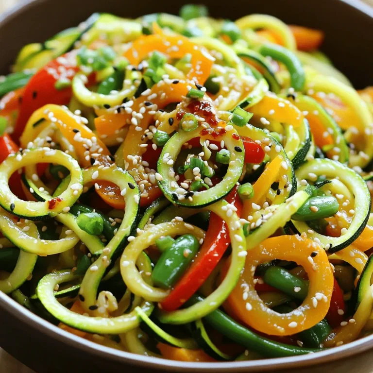 To make a tasty zucchini noodle stir-fry, gather these key ingredients: - 2 medium zucchinis, spiralized into noodles - 1 cup bell peppers (mixed colors), sliced - 1 cup carrots, julienned - 1 cup snap peas, trimmed - 1 tablespoon fresh ginger, minced - 2 cloves garlic, minced - 2 tablespoons soy sauce (or Tamari for gluten-free) - 1 tablespoon sesame oil - 1 teaspoon chili paste (adjust to taste) - 2 green onions, chopped - 1 tablespoon sesame seeds - Salt and pepper to taste These ingredients combine to create a vibrant dish that is both healthy and quick to prepare. To add flair, consider these optional garnishes: - Extra sesame seeds - Chopped green onions - Crushed red pepper flakes These garnishes not only enhance the look but also boost the flavor. You will need a few simple tools to cook this dish: - A large pan or wok - A spiralizer for the zucchini - A cutting board and knife Having these on hand makes the cooking process smoother and more fun. For the full recipe, refer to the detailed instructions above. Enjoy your cooking! First, you will need two medium zucchinis. Use a spiralizer to turn them into noodles. Place the noodles in a bowl and set them aside. This step is simple but key to your dish. Zucchini noodles add a fresh, light taste to your stir-fry. Next, grab a large pan or wok and heat two tablespoons of sesame oil over medium-high heat. When the oil is hot, add two cloves of minced garlic and one tablespoon of minced ginger. Stir them for about 30 seconds until you smell that great aroma. Now, toss in one cup of sliced bell peppers, one cup of julienned carrots, and one cup of trimmed snap peas. Stir-fry these veggies for about 3-5 minutes. You want them tender but still crisp. After that, add your zucchini noodles and mix well. Pour in two tablespoons of soy sauce and one teaspoon of chili paste. Toss everything together to coat the noodles well. Cook for an additional 2-3 minutes. The goal is to heat the noodles but keep them slightly firm. Once done, season with salt and pepper to taste. For a pop of color, sprinkle two chopped green onions and one tablespoon of sesame seeds on top. This dish looks great and tastes even better. Serve your stir-fry warm in a large bowl or plate. For extra flair, add more sesame seeds or green onions. Enjoy your tasty meal! For the full recipe, check out the details above. To spiralize zucchini, start with firm, fresh zucchinis. Cut off both ends first. Place one end into the spiralizer and twist slowly. Keep turning until you see noodles forming. If you don't have a spiralizer, a vegetable peeler works too. Just peel long strips to make thin noodles. This will give you a fun, noodle-like shape. Stir-frying needs high heat and quick movements. Use a large pan or wok for best results. Start with oil that can handle heat, like sesame oil. Add garlic and ginger first, then toss in vegetables. Stir them fast so they cook evenly. Keep the veggies crisp but tender. This adds flavor and keeps nutrients intact. To make your stir-fry pop, use fresh herbs and spices. Ginger and garlic boost the taste right away. Soy sauce adds umami, while chili paste gives heat. You can adjust these based on your taste. Don't forget sesame seeds and green onions for garnish. They add crunch and a fresh look. For the full recipe, check out the Zesty Zucchini Noodle Stir-Fry! {{image_2}} You can make your zucchini noodle stir-fry even heartier with protein. Add chicken, shrimp, or tofu for extra flavor and nutrition. For chicken, cut it into bite-sized pieces and cook it before adding the veggies. Shrimp cooks quickly. Toss them in when the veggies are almost done. Tofu is a great choice for a vegetarian option. Press it to remove water, then cube it and fry until golden. This stir-fry is already vegetarian and can be made vegan. Just skip any meat or seafood. Use more veggies like mushrooms or broccoli to add depth. You can also add chickpeas for protein. They pair well with the sauce and add a nice texture. For a nutty twist, toss in some almonds or peanuts before serving. Soy sauce is a classic choice, but you can mix it up. Try teriyaki sauce for a sweeter taste. For a spicy kick, use sriracha or chili garlic sauce instead of chili paste. Coconut aminos is a great soy sauce substitute if you want a lower-sodium option. Experiment with different sauces to find your perfect flavor. You can always adjust the amounts to suit your taste. For the full recipe, check out Zesty Zucchini Noodle Stir-Fry 🥢. To keep your leftover stir-fry fresh, place it in an airtight container. Make sure to cool it down first. Store it in the fridge. It lasts about 3 to 4 days. You can easily enjoy it later! When you are ready to eat, take out the stir-fry. Place it in a pan over medium heat. Add a splash of water or soy sauce to keep it moist. Stir it often until it's hot. You can also use a microwave for quick heating. Just cover it and heat for 1 to 2 minutes. If you want to save stir-fry for later, freezing is a great option. Cool it completely before freezing. Use a freezer-safe container or bag. It can stay good for up to 3 months. When ready to eat, thaw it overnight in the fridge. Then, reheat it on the stove or in the microwave. Enjoy your quick and tasty meal anytime! For the full recipe, check out the Zesty Zucchini Noodle Stir-Fry. Yes, you can use regular pasta. It adds a different texture, but the dish will change. Zucchini noodles are low in carbs and healthy. They absorb flavors well. If you're looking for a lighter meal, zucchini noodles are great. You can use coconut aminos or Tamari. Both options are good for flavor. Coconut aminos is sweeter and less salty. Tamari is a great gluten-free choice. These swaps make the dish taste good without soy sauce. Zucchini noodles stay fresh for 2 to 3 days in the fridge. Store them in an airtight container. Keep them dry to avoid sogginess. If you notice a slimy texture, it's best to toss them out. Enjoy fresh zucchini noodles for the best taste! For the full recipe, check out the Zesty Zucchini Noodle Stir-Fry. Zucchini noodle stir-fry is simple and fun to make. We covered the main ingredients, cooking steps, and tips. You can easily customize it with protein or sauces for variety. Proper storage ensures your leftovers stay fresh and tasty. Remember, zucchini noodles offer a healthy twist. Now, you can enjoy a unique dish that satisfies your cravings. Dive in and explore your options!