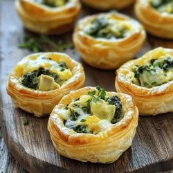 - 1 cup fresh spinach, chopped - 1 cup canned artichoke hearts, drained and chopped - 1/2 cup cream cheese, softened - 1/2 cup sour cream - 1/2 cup grated Parmesan cheese - 1/2 cup shredded mozzarella cheese - 1 clove garlic, minced - Salt and pepper to taste - 1 package of puff pastry (approx. 1 lb) - 1 egg, beaten (for egg wash) For these bites, fresh spinach adds bright color and flavor. The artichoke hearts bring a tender texture that pairs well with the creamy cheeses. I love using cream cheese and sour cream for the base; they create a rich, smooth filling. Adding both Parmesan and mozzarella gives the dish depth. Don’t forget the garlic! It adds just the right amount of zest. Season with salt and pepper to elevate the flavors. Puff pastry is key; it creates a flaky, golden shell that holds everything together. Finally, the beaten egg wash gives the bites a lovely shine when baked. For the full recipe, check out the instructions later. You'll be ready to impress your guests in no time! 1. Preheat oven and prepare baking sheet: Start by preheating your oven to 375°F (190°C). This step ensures even baking. While the oven heats, line a baking sheet with parchment paper. This makes cleanup easy and prevents sticking. 2. Mix spinach and artichoke filling: In a mixing bowl, combine 1 cup of chopped fresh spinach, 1 cup of drained and chopped canned artichoke hearts, and 1/2 cup of softened cream cheese. Add 1/2 cup of sour cream, 1/2 cup of grated Parmesan cheese, 1/2 cup of shredded mozzarella cheese, and 1 clove of minced garlic. Season with salt and pepper to taste. Mix until everything is well combined and creamy. 1. Roll out and cut puff pastry squares: On a lightly floured surface, roll out 1 package of puff pastry until it's about 1/8 inch thick. Cut the rolled dough into squares, approximately 3x3 inches. Make sure to keep them even so they cook uniformly. 2. Shape into cups in the muffin tin: Take each square of puff pastry and press it into a mini muffin tin. This will create small cups to hold the delicious filling. Make sure the pastry fits snugly in the tin. 1. Fill the pastry cups: Spoon a generous tablespoon of the creamy spinach-artichoke mixture into each pastry cup. Don't be shy; fill them up! This will ensure a rich flavor in every bite. 2. Apply egg wash and bake: Brush the edges of each pastry with a beaten egg. This gives them a nice golden finish. Place the muffin tin in the preheated oven. Bake for 20-25 minutes, or until the pastry is puffed and golden brown. Now, you have savory spinach artichoke dip bites that are perfect for any gathering! For the full recipe, be sure to check the earlier section. To make a creamy filling, mix the cream cheese and sour cream well. This helps blend all the flavors. Add the artichokes and spinach after. This keeps the mixture smooth. To avoid a watery filling, always drain the artichokes. You can also squeeze the spinach to remove extra water. This way, the dip stays thick and rich. When rolling out puff pastry, keep it cold. This makes it easier to handle. Dust your surface lightly with flour. Roll it to about 1/8 inch thick. Use a sharp knife or pizza cutter to cut squares. Store puff pastry in the fridge if you don’t use it right away. Wrap it tightly in plastic wrap. This helps keep it fresh. For sauces, try a zesty marinara or a creamy ranch. This adds flavor to the bites. You can also serve with a garlic aioli for something special. For a creative touch, serve the bites on a wooden board. You can add some fresh herbs or lemon wedges for color. This makes your party table look great! Check out the Full Recipe for more details on these delicious Spinach Artichoke Dip Bites. {{image_2}} To make your spinach artichoke dip bites stand out, you can add spices. A pinch of cayenne gives a nice kick. You might also enjoy crushed red pepper for heat. Garlic powder and onion powder add depth to the flavor. You can substitute cheeses to customize the taste. Try using feta for a tangy twist. Goat cheese can also add a creamy texture. Mix mozzarella with smoked gouda for a rich flavor profile. If you need gluten-free options, choose gluten-free puff pastry. Many brands now offer great substitutes. Make sure to check the label for safety. For vegan alternatives, swap cream cheese and sour cream for cashew cream or tofu. Nutritional yeast can give you a cheesy flavor, too. Use a vegan cheese blend that melts well. To impress your guests, use unique serving platters. A wooden board or slate adds a rustic touch. You can also use mini cast iron skillets for a fun look. Garnishing can elevate your dish. Fresh herbs like parsley or basil add color. A sprinkle of paprika on top brings visual appeal. You could also drizzle balsamic glaze for a pop of flavor. For the full recipe, check out Spinach Artichoke Dip Bites. To keep your Spinach Artichoke Dip Bites fresh, follow these tips: - Refrigeration: Place leftovers in an airtight container. Store in the fridge for up to three days. - Freezing: To freeze, let the bites cool completely. Arrange them in a single layer on a baking sheet. Freeze for about two hours, then transfer to a freezer bag. They can last up to three months in the freezer. When it's time to enjoy your leftovers, follow these steps: - Oven Method: Preheat your oven to 350°F (175°C). Place the bites on a baking sheet. Heat for about 10-15 minutes. This keeps the pastry crisp. - Microwave Method: For a quicker option, use the microwave. Place a few bites on a plate. Heat for 30 seconds to 1 minute. Keep an eye on them to avoid sogginess. Serving these bites warm ensures you enjoy their full flavor and texture! You can prepare the filling a day before. Just mix the spinach, artichokes, and cheeses. Store it in an airtight container in the fridge. On the day of your party, roll out the puff pastry and fill it with the mixture. Bake as directed. This saves time and keeps things easy. Yes, you can use frozen spinach. Thaw it and drain any extra water. Fresh spinach has a nicer taste and texture, but frozen is just fine. Just make sure to squeeze out all the moisture. This keeps your dip bites from getting soggy. Try pairing with ranch dressing or a tangy marinara. A light garlic aioli also works great. These sauces add extra flavor and make your bites even more fun to eat. Feel free to mix and match to find your favorite! In this article, I covered how to make Spinach Artichoke Dip Bites step by step. We explored key ingredients like fresh spinach, artichoke hearts, and various cheeses. I also shared helpful tips for a creamy filling and proper pastry handling. You learned about fun flavor variations and how to serve them beautifully. Finally, I provided storage tips for leftovers. Now you can enjoy these tasty bites anytime, impressing your friends and family. Happy cooking!