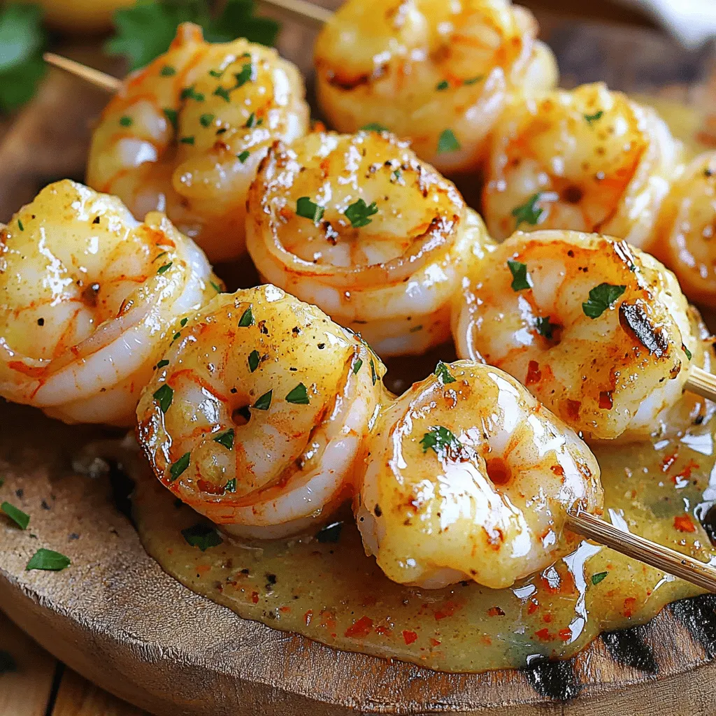 - 1 pound large shrimp, peeled and deveined - 4 tablespoons unsalted butter - 4 cloves garlic, minced - 1 tablespoon fresh lemon juice - 1 teaspoon paprika - ½ teaspoon red pepper flakes (optional for heat) - Salt and pepper to taste - 2 tablespoons fresh parsley, finely chopped - Skewers (soaked in water for 30 minutes if wooden) To make garlic butter shrimp skewers, these ingredients are key. The shrimp bring a sweet, juicy flavor. Unsalted butter adds richness. Garlic gives it a strong, tasty punch. Lemon juice adds brightness and balances the flavor. Paprika adds smokiness, while red pepper flakes can bring some heat. Fresh parsley adds a touch of color and freshness. If you use wooden skewers, soaking them helps prevent burning on the grill. Each ingredient plays a role in making this dish truly delicious. For the full recipe, refer to the complete guide above. - Skewers or grill basket - Grill or grill pan - Small saucepan - Mixing bowl Having the right tools makes cooking easier. Skewers help hold the shrimp together for grilling. A grill or grill pan gives that nice char. A small saucepan is perfect for melting the butter and mixing in the garlic. A mixing bowl helps you coat the shrimp well. These tools ensure that your cooking process is smooth and fun. 1. Start by melting the butter in a small saucepan over medium heat. 2. Once the butter is melted, add minced garlic. Sauté it for 1-2 minutes until fragrant. 3. Now, stir in the spices: paprika and red pepper flakes if you want some heat. 4. Remove the pan from heat and add fresh lemon juice and half of the chopped parsley. This mix will add a zing to the shrimp. 1. In a bowl, place the peeled and deveined shrimp. 2. Pour half of the garlic butter mixture over the shrimp. 3. Season the shrimp with salt and pepper. Toss everything well to coat. 4. Let the shrimp marinate for 15-20 minutes. This helps the flavors soak in. 1. Preheat your grill or grill pan to medium-high heat for best results. 2. Thread the marinated shrimp onto skewers. Aim for about 4-5 shrimp per skewer. Make sure they fit snugly but are not overcrowded. 3. Place the skewers on the grill and cook for 2-3 minutes per side. The shrimp should turn pink and opaque. 4. While they grill, brush the remaining garlic butter over the shrimp for extra flavor. Following these steps will lead you to a tasty Garlic Butter Shrimp Skewers dish. For more details, refer to the Full Recipe. - Choosing the right shrimp: I recommend using large shrimp for this recipe. They have a nice bite and cook evenly. Look for shrimp that are firm and fresh. Avoid any that smell strong or have black spots. - Avoiding overcooking: Shrimp cooks fast. Keep an eye on them while grilling. If they turn pink and opaque, they are ready. Overcooked shrimp can become rubbery and tough. - Suggestions for additional spices: You can add a pinch of cayenne for heat or some Italian herbs for depth. I also enjoy adding lemon zest for extra brightness. - Pairing ideas with side dishes: These skewers pair great with rice or a fresh salad. You can also serve them with garlic bread or grilled veggies for a complete meal. - Importance of garnishing: A sprinkle of fresh parsley makes the dish pop. You can also add some lemon wedges on the side for color. - How to serve for impressiveness: Place the skewers on a large platter. Drizzle the remaining garlic butter over them. This not only adds flavor but also makes them look stunning. {{image_2}} You can mix up your garlic butter shrimp skewers with different flavors. Try adding herbs like basil or cilantro for a fresh twist. You can also use spices like cumin or lemon zest for extra kick. If you want a sweeter taste, consider using honey or maple syrup in your marinade. For optional swaps, you can substitute olive oil for butter. This change still keeps the dish rich but adds different notes. You can also replace shrimp with scallops or chicken for a twist. The key is to marinate for at least 15 minutes. You have two great ways to cook your skewers: oven-baking or grilling. Baking is simple. Preheat your oven to 400°F (200°C). Place the skewers on a baking sheet and cook for 10-12 minutes. This method keeps the shrimp juicy. Grilling adds smoky flavors. Preheat your grill to medium-high heat. Cook each skewer for about 2-3 minutes per side. The shrimp turn pink and opaque, showing they're done. I prefer grilling for the taste, but both methods work well. Garlic butter shrimp skewers shine as both appetizers and main dishes. As an appetizer, serve them on a platter with toothpicks. They make gatherings fun and easy. For a main dish, pair them with rice or a fresh salad. These skewers fit perfectly for summer parties and festive events. Their vibrant color and aroma draw people in. They also work for casual picnics or formal dinners. You can be creative with how you serve them! For the full recipe, check out the link above. To keep your garlic butter shrimp skewers fresh, store them in the fridge. Place the skewers in an airtight container. They will last in the fridge for up to three days. If you want to keep them longer, you can freeze them. Wrap each skewer tightly in plastic wrap, then place them in a freezer bag. They can last up to three months in the freezer. When you are ready to eat the leftovers, reheating is key. The best way to reheat shrimp is on the stove. Heat a non-stick pan over medium heat. Add a little olive oil or butter, then add the skewers. Cook for about 2-3 minutes on each side. This method helps keep the shrimp juicy. You can also reheat them in the oven at 350°F for about 10 minutes. Just cover them with foil to keep moisture. You can keep garlic butter shrimp skewers in the fridge for about three days. If they smell off or have a slimy texture, it’s time to throw them out. Always trust your senses. Fresh shrimp should smell like the sea, not fishy. If you notice any signs of spoilage, it's best to discard them. For frozen skewers, the quality will start to drop after three months. Always label your bags with the date to track freshness. For the full recipe, check out the section above. Yes, you can use frozen shrimp! First, you need to thaw them. To do this, place the shrimp in a bowl of cold water for about 15-20 minutes. Change the water halfway to speed up the process. Once thawed, pat them dry with a paper towel. This helps the garlic butter stick better. You can use either wooden or metal skewers. - Wooden skewers: - Pros: They are cheap and light. They soak up flavors well. - Cons: They can burn if not soaked in water for 30 minutes before use. - Metal skewers: - Pros: They are reusable and won’t burn. They heat up quickly, cooking shrimp evenly. - Cons: They can be heavy and may get very hot. The shrimp are done when they turn pink and opaque. This usually takes about 2-3 minutes per side on the grill. You can also check by gently pressing the shrimp. If they curl into a C shape, they are ready! For garlic butter shrimp skewers, this is the perfect doneness. In this blog post, we explored how to make garlic butter shrimp skewers. We covered essential ingredients, tools, and step-by-step instructions. You learned tips to improve taste and texture, plus variations for creativity. Storage methods help keep leftovers fresh, while FAQs answer your most pressing questions. Now, armed with this knowledge, you can grill shrimp like a pro. Enjoy impressing friends and family at your next gathering!