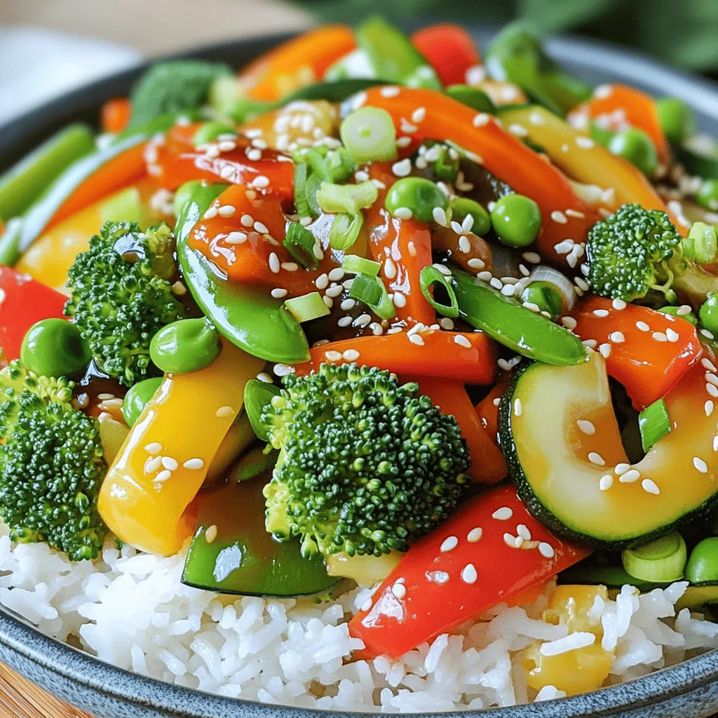 - 1 cup broccoli florets - 1 bell pepper (any color), sliced - 1 cup snap peas - 1 carrot, julienned - 1 small zucchini, sliced - 1/2 cup baby corn, halved - 2 tablespoons vegetable oil - 3 cloves garlic, minced - 1 tablespoon fresh ginger, grated - 1/4 cup teriyaki sauce (store-bought or homemade) - 1 tablespoon sesame seeds - 2 green onions, chopped - Cooked jasmine rice or quinoa for serving To make a great Teriyaki Vegetable Stir Fry, you need fresh and colorful ingredients. Each vegetable brings its own flavor and texture. Broccoli is crunchy and full of vitamins. Bell peppers add sweetness and color. Snap peas are crisp and fun to eat. Carrots give a nice crunch and bright orange color. Zucchini is soft and tender. Baby corn adds a unique bite that kids love. If you can’t find fresh vegetables, frozen ones work too. Just remember to thaw them before cooking. You can also swap out the bell pepper for asparagus or mushrooms, depending on your taste. If you want to make your own teriyaki sauce, mix soy sauce, honey, and a splash of vinegar. It’s simple and tastes amazing! You will need a large pan or wok for this stir-fry. A good set of cooking utensils, like a spatula or wooden spoon, helps toss the veggies well. These tools will make cooking easy and fun. For the full recipe, check out the detailed instructions. To start, you need to prepare the vegetables. Rinse them well under cold water. Cut the broccoli into small florets. Slice the bell pepper into strips. For snap peas, just trim the ends. Julienning the carrot gives it a nice look. Slice the zucchini thinly. Halve the baby corn so it cooks evenly. Next, we prepare the garlic and ginger. Use a sharp knife to mince the garlic finely. For the ginger, use a grater or a microplane. Fresh ginger adds a great zing to the dish. Now, let’s move to cooking. Heat vegetable oil in a large pan or wok over medium-high heat. When the oil is hot, add the minced garlic and grated ginger. Sauté them for about 30 seconds. You want them fragrant, not burnt. Now it’s time to stir-fry. Add the broccoli, bell pepper, snap peas, and carrot. Stir-fry for about 3-4 minutes. You want the veggies to soften but still be crisp. Next, toss in the zucchini and baby corn. Keep stir-frying for another 2 minutes. Pour the teriyaki sauce over your colorful mix. Toss everything to coat the veggies well. Cook for another 2 minutes. This helps the sauce thicken a bit. To finish, remove from heat. Sprinkle sesame seeds and chopped green onions on top. For a lovely meal, serve this stir-fry over warm jasmine rice or quinoa. You can find the full recipe to guide you through the steps. Enjoy your vibrant and tasty dish! To make the best stir-fry, keep these tips in mind: - Use high heat: This helps cook the vegetables quickly. - Prep ingredients first: Have all your veggies cut and ready to go. - Don’t overcrowd the pan: Give each vegetable space to cook well. To maintain crispness in vegetables, follow this advice: - Stir-fry quickly: Cook each batch for no more than a few minutes. - Use fresh veggies: Fresh produce has better texture and taste. - Add sauce last: Pour in the teriyaki sauce towards the end of cooking. Want to boost the flavor? Consider these options: - Add spices: Try a pinch of chili flakes for heat. - Include fresh herbs: Basil or cilantro can brighten up the dish. - Experiment with sauces: A splash of soy sauce or sesame oil can deepen flavors. To tweak sweetness or saltiness, adjust as follows: - Use less teriyaki sauce: This reduces sweetness if you want a savory dish. - Add a squeeze of lime: This can balance out the flavors nicely. For a beautiful dish, try these plating ideas: - Use a large bowl: This allows the colors to shine. - Garnish with sesame seeds: Sprinkle them on top for a nice crunch. - Drizzle extra sauce: A light drizzle adds a glossy finish. When serving, consider these suggestions: - Add lime wedges: They provide a fresh touch on the side. - Pair with jasmine rice or quinoa: This adds a nice base and texture. For the full recipe and more details, check out the [Full Recipe]. {{image_2}} You can make your Teriyaki vegetable stir fry even heartier by adding protein. Tofu, chicken, or shrimp work great. - Tofu: Use firm tofu for the best texture. Cut it into cubes, then sauté until golden brown. This takes about 5-7 minutes. - Chicken: Slice chicken breast thinly. Cook it in the oil before adding the vegetables. Stir-fry for about 5-6 minutes until fully cooked. - Shrimp: Use peeled shrimp for a quick addition. Toss them in the pan for 3-4 minutes until they turn pink. Adding protein helps balance your meal and makes it more filling. If you want to adjust the dish for dietary needs, you have plenty of options. - Gluten-Free: Use tamari instead of regular teriyaki sauce. This simple swap keeps the dish safe for those avoiding gluten. - Vegan and Vegetarian: The recipe is already vegan if you skip the protein. You can also use plant-based chicken or shrimp for a meaty texture without the meat. These changes keep the dish delicious while catering to different diets. The beauty of stir fry is its flexibility! You can easily switch vegetables based on what’s in season. - In spring, use asparagus and snap peas. - In summer, try bell peppers and zucchini. - In autumn, consider adding butternut squash or Brussels sprouts. - In winter, kale and carrots are great options. Feel free to swap in any of these vegetables for a fresh twist on your stir fry. Enjoy exploring all the colorful and tasty options! To keep your teriyaki vegetable stir-fry fresh, place it in an airtight container. Make sure to cool the stir-fry to room temperature first. Store it in the fridge for up to three days. This helps to lock in flavors and maintain texture. Use glass or BPA-free plastic containers for the best results. When reheating, aim to keep your stir-fry crisp. A stovetop pan works well for this. Heat it on medium and stir often. You can also use a microwave, but cover it with a damp paper towel. This helps keep moisture in. When reheating, add a splash of water or more teriyaki sauce to boost flavor. Yes, you can freeze teriyaki vegetable stir-fry! First, let it cool completely. Then, place it in freezer-safe bags or containers. Remove as much air as possible to prevent freezer burn. When you’re ready to eat, thaw it overnight in the fridge. Reheat it on the stove for the best taste and texture. To make quick homemade teriyaki sauce, gather these basic ingredients: - 1/4 cup soy sauce - 2 tablespoons honey or brown sugar - 1 tablespoon rice vinegar - 1 teaspoon sesame oil - 1 teaspoon cornstarch mixed with 2 teaspoons water Combine soy sauce, honey, rice vinegar, and sesame oil in a small pot. Heat over medium heat until it simmers. Add the cornstarch mixture and stir until it thickens. This sauce adds a sweet, savory flavor. Teriyaki Vegetable Stir Fry lasts about 3 to 4 days in the fridge. Store it in an airtight container. This keeps the flavors fresh and prevents the veggies from getting soggy. For a complete meal, serve Teriyaki Vegetable Stir Fry with: - Cooked jasmine rice - Quinoa - Noodles - A fresh salad These sides balance the flavors and add more texture to your meal. Yes, Teriyaki Vegetable Stir Fry is healthy! It contains many vegetables, which provide vitamins and minerals. Vegetables like broccoli and bell peppers are high in fiber. This dish can help support digestion and overall health. Enjoying colorful veggies also makes each bite more exciting! This Teriyaki Vegetable Stir Fry is easy and fun to make. We covered the ingredients, substitutes, and the best equipment. I shared steps for preparation and cooking. You learned tips for great flavor and presentation. We explored protein options and seasonal swaps too. Finally, I provided storage and reheating advice. Enjoy making this dish your own, and feel free to customize it. You can create a delicious, healthy meal that suits your taste. Just remember to have fun while cooking!