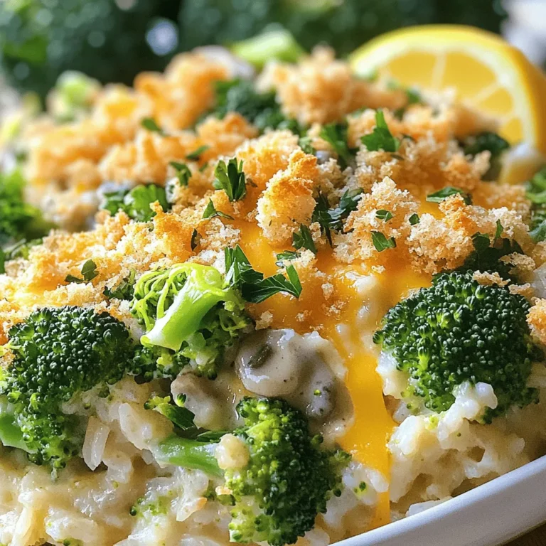 - 2 cups cooked rice (white or brown) - 4 cups fresh broccoli florets - 1 cup shredded sharp cheddar cheese - 1 cup cream of mushroom soup - 1/2 cup milk - 1/2 cup onion, finely chopped - 2 cloves garlic, minced - 1/2 teaspoon salt - 1/2 teaspoon black pepper - 1/4 teaspoon paprika - 1 cup breadcrumbs (for topping) - 2 tablespoons olive oil (for the breadcrumbs) When I make Cheesy Broccoli Rice Casserole, these ingredients are key. The rice gives it a solid base. Broccoli adds color and nutrients. Sharp cheddar cheese brings rich flavor. Cream of mushroom soup keeps it moist and creamy. A touch of milk helps bind everything together. The seasonings and extras boost the taste. Chopped onion and minced garlic add depth. Salt and pepper enhance all flavors. A hint of paprika offers warmth. The breadcrumbs on top give a nice crunch. Olive oil helps the crumbs turn golden. For the full recipe, you can check the linked details. This dish is simple yet delicious. - Preheat the oven to 350°F (175°C). - Steam broccoli florets until tender, about 5 minutes. First, I love to start with a clean kitchen. Preheating the oven makes sure the casserole cooks evenly. While the oven warms up, I steam the broccoli. This step makes the broccoli bright green and soft. Just five minutes is enough to get it ready without losing its crunch. - Combine cooked rice, steamed broccoli, cheddar cheese, soup, milk, onion, garlic, salt, pepper, and paprika. In a large bowl, I mix everything together. I add the cooked rice and steamed broccoli. Then comes the star: shredded cheddar cheese. The cream of mushroom soup adds creaminess. I pour in milk for extra smoothness. Next, I add chopped onion and minced garlic for flavor. Finally, I sprinkle in salt, pepper, and paprika. This mix creates a rich, cheesy filling that everyone loves. - Transfer the mixture to a greased casserole dish. - Prepare and sprinkle the breadcrumb topping. After mixing, I transfer everything into a greased casserole dish. It’s important to spread the mixture evenly. This way, every bite has the same great taste. For the topping, I mix breadcrumbs with olive oil. This makes the topping crispy and golden when baked. I sprinkle this mixture over the casserole, adding a nice crunch. - Bake for 25-30 minutes until bubbling and golden brown. Now, it’s time to bake! I place the casserole in the preheated oven. I let it bake for 25-30 minutes. I watch for the bubbles and golden brown top. This is when the magic happens, filling the kitchen with a warm, cheesy smell. Once it’s done, I take it out and let it cool a bit. Then, it’s ready to serve! For the full recipe, check out the details above. - Use fresh or frozen broccoli as desired. Fresh broccoli gives a nice crunch, while frozen is quick and easy. - Ensure rice is fully cooked to avoid excess moisture. Overcooked rice can make your casserole mushy. - Garnish with fresh parsley or lemon slices before serving. This adds color and freshness to your dish. A simple touch can make your meal look gourmet! - Adjust baking time for different oven models. Some ovens heat faster, so keep an eye on your casserole. You want it bubbly and golden brown. {{image_2}} You can change this dish easily by swapping ingredients. For cheese, I love using mozzarella or gouda. These cheeses add a nice twist to the flavor. If you want something creamy but different, try cream of chicken soup instead of cream of mushroom. You can also make your own soup at home to control the taste. If you need to make this dish gluten-free, just use gluten-free breadcrumbs. It still tastes great! For a vegan version, plant-based cheese works well. You can also use coconut cream or almond milk instead of regular cream and milk. These swaps let everyone enjoy this tasty casserole. Store leftovers in an airtight container for up to 3 days. This keeps the flavors fresh. Make sure to let the casserole cool before sealing it. This step helps prevent excess moisture and keeps the dish tasty. You can freeze an unbaked casserole for up to 2 months. Just cover it tightly with plastic wrap and foil. When you are ready to enjoy it, bake it directly from frozen. This makes meal prep easy and quick. Reheat in the oven for the best texture. Set the oven to 350°F (175°C) and cover the dish with foil. This helps keep the casserole moist. If you are short on time, you can use the microwave. Just heat it in short bursts, stirring in between. This ensures even warming without drying it out. You can pair this dish with a few tasty sides. A fresh salad adds crunch and color. Garlic bread brings warmth and flavor. Roasted vegetables make a great choice too. Each side complements the casserole well, making your meal more enjoyable. Yes, you can prepare this casserole in advance. Just make it up to the baking step. Then, cover it and store it in the fridge. When you are ready, simply bake it as per the recipe. This saves time on busy days. Adding protein is easy and fun. You can mix in cooked chicken for heartiness. Sausage adds a savory kick. Beans are a great option too for a meat-free version. Choose what your family enjoys most to make it their favorite. For the best results, reheat leftovers in the oven. This keeps the texture nice and crispy. Preheat your oven to 350°F (175°C) and bake until warm. If you’re in a hurry, the microwave works, but the texture might not be as great. This blog post shares a simple and tasty recipe for Cheesy Broccoli Rice Casserole. We discussed the main ingredients, step-by-step instructions, and tips for making the dish shine. You learned about ingredient swaps and how to store leftovers. In summary, this casserole can fit many diets and preferences. It’s easy to make and great for meals any time. Enjoy your cooking and impress your loved ones with this delicious dish!