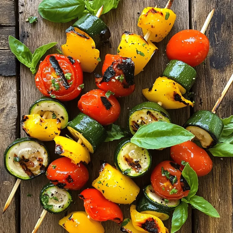 To make Grilled Vegetable Skewers, you need: - 1 red bell pepper, cut into chunks - 1 yellow bell pepper, cut into chunks - 1 zucchini, sliced into rounds - 1 red onion, cut into wedges - 8 cherry tomatoes - 1 cup mushrooms, halved - 3 tablespoons olive oil - 2 cloves garlic, minced - 1 teaspoon dried oregano - Salt and pepper to taste - Fresh basil leaves for garnish When making skewers, fresh vegetables taste best. They have better flavor and texture. Fresh veggies also hold their shape well while grilling. However, frozen vegetables can work in a pinch. They are often pre-cut and ready to use. If you pick frozen, thaw them first and drain excess water. This helps avoid soggy skewers. Adding seasonings can elevate your skewers. You can use: - Lemon juice for brightness - Balsamic vinegar for sweetness - Smoked paprika for depth You can also mix in fresh herbs like thyme or rosemary. These add extra flavor and aroma. Marinating the veggies in oil and spices helps them absorb these tasty notes. Just remember to marinate for at least 30 minutes for the best results. If you want a quick option, the recipe I mentioned has a simple marinade that works great! Start by washing all your vegetables. This ensures they are clean and fresh. Cut the red and yellow bell peppers into chunks. Slice the zucchini into rounds. Cut the red onion into wedges. Halve the mushrooms. Finally, keep the cherry tomatoes whole. This mix of shapes adds fun to your skewers. In a large bowl, combine three tablespoons of olive oil, two minced garlic cloves, and one teaspoon of dried oregano. Add salt and pepper to taste. Mix it well until you see a nice blend. Toss in all your chopped vegetables. Make sure each piece gets a good coat of the marinade. This step adds great flavor to your skewers. Preheat your grill to medium-high heat. Place your skewers on the grill carefully. Cook them for about 10-12 minutes. Turn them occasionally to avoid burning. You want them tender and lightly charred. Once done, let them rest for a couple of minutes. This helps the juices settle. You can find the full recipe within this guide. To stop your vegetables from sticking, oil your grill grates. Use a paper towel soaked in oil. Wipe it on the grates before you start grilling. This helps create a non-stick surface. You can also brush your vegetables with olive oil. This adds flavor while keeping them from sticking. Wooden skewers work well, but soak them in water first. This keeps them from burning on the grill. Metal skewers are great because they won't catch fire. They also let heat pass through evenly. Choose skewers that are sturdy enough to hold your veggies. Grill your skewers on medium-high heat for the best results. Space the veggies evenly on the skewers. This way, they cook at the same rate. Turn them every few minutes for even cooking. Look for grill marks and slight charring for that perfect flavor. Cook them until they are tender but still crisp. {{image_2}} You can switch up your grilled vegetable skewers with many veggies. Try adding asparagus, eggplant, or butternut squash. Each brings its own taste and texture. For a bit of sweetness, use corn on the cob cut into chunks. You can also include fresh herbs like rosemary or thyme for a fragrant touch. Mixing colors and shapes makes your skewers look great and taste even better. While olive oil and garlic are classic choices, you can explore other marinades. Try balsamic vinegar for a tangy flavor. A mix of soy sauce and ginger adds an Asian twist. If you like heat, add some chili flakes or hot sauce. You can also use lemon juice for freshness. Experiment with spices like cumin or paprika for an extra kick. Each new blend gives your skewers a unique taste. To make your skewers heartier, add protein options. Cubes of chicken or beef work well. Marinade them just like the veggies for great flavor. If you want a meatless option, try tofu or tempeh. These absorb marinades well and add protein. Shrimp is another quick and tasty choice. Just remember to soak wooden skewers in water before grilling to avoid burning. You can find the full recipe for grilled vegetable skewers to guide you through these variations. To keep your leftover grilled vegetable skewers fresh, place them in an airtight container. Make sure they cool down first. You can store them in the fridge for up to three days. If you want to eat them later, consider freezing them. When you reheat your skewers, avoid the microwave if you can. Instead, use the oven or grill. Preheat your oven to 350°F (175°C). Place the skewers on a baking sheet and cover them lightly with foil. Heat for about 10 minutes. This way, the veggies stay tender and tasty. To freeze your vegetable skewers, first, let them cool completely. Then, wrap them tightly in plastic wrap. After that, place them in a freezer-safe bag or container. Label the bag with the date. They can last for up to three months in the freezer. When you’re ready to enjoy, thaw them in the fridge overnight before reheating. For a quick meal, just grab your frozen skewers and cook them straight from the freezer on the grill for about 15 minutes. Yes, you can make Grilled Vegetable Skewers ahead of time. I recommend preparing the vegetables and marinating them a few hours before grilling. This gives the flavors time to blend. Store your skewers in the fridge until you're ready to grill. Just remember, grilling them fresh makes them taste best. Grilled vegetable skewers are fun and versatile. You can serve them with a side of rice or quinoa. They also pair well with dips like hummus or yogurt sauce. For a complete meal, add grilled chicken or shrimp. You can even toss them on a salad for extra flavor and color. You can easily customize the skewers to fit dietary needs. For vegan diets, skip any animal products and stick to veggies. If someone is gluten-free, check your marinades. You can also swap in different vegetables based on what you have. For protein options, consider adding tofu or tempeh for a filling choice. You can create tasty Grilled Vegetable Skewers by using fresh veggies and great seasonings. I showed you how to prepare, marinate, and grill them perfectly. Remember the tips to keep them from sticking and choose the best skewers. Try different veggies and spices to discover new flavors. Storing leftovers correctly keeps them tasty for later. With these ideas, you can make delicious skewers that suit your needs. Enjoy your grilling adventure!