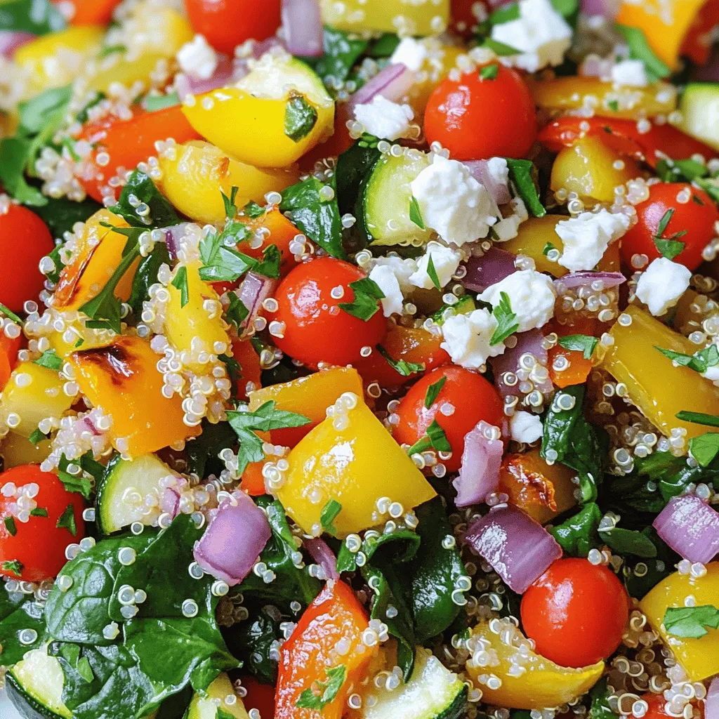 - 1 cup quinoa, rinsed - 2 cups vegetable broth (or water) - 1 red bell pepper, diced - 1 yellow bell pepper, diced - 1 zucchini, diced - 1 red onion, cubed - 1 cup cherry tomatoes, halved - 2 tablespoons olive oil - 1 teaspoon dried oregano - 1 teaspoon garlic powder - Salt and pepper to taste - 1 cup fresh spinach To make this roasted vegetable quinoa salad, you need fresh ingredients. Quinoa serves as the base. It is high in protein and gluten-free. Assorted vegetables add color and flavor. I love using bell peppers, zucchini, and cherry tomatoes. They roast beautifully and become sweet and tender. Seasoning is key to the dish. Olive oil helps the veggies roast perfectly. Dried oregano and garlic powder bring out the flavors. Don't forget salt and pepper to taste. - 1/4 cup feta cheese - Fresh parsley, chopped for garnish You can add feta cheese for a creamy touch. It gives a nice contrast to the roasted veggies. Fresh herbs like parsley enhance the dish's look and flavor. They add a burst of freshness to every bite. - Calories per serving: About 250 - Macronutrients breakdown: - Protein: 8g - Carbohydrates: 40g - Fat: 9g This salad is not just tasty; it's healthy too. Each serving gives you a good amount of protein. The carbs come from quinoa and vegetables, which are great for energy. The healthy fats from olive oil help keep you full. Enjoy this roasted vegetable quinoa salad knowing it's good for you. For the complete recipe, check the Full Recipe. - Preheat your oven to 425°F (220°C). - Chop the red bell pepper, yellow bell pepper, zucchini, red onion, and cherry tomatoes into bite-sized pieces. - In a bowl, mix the veggies with 2 tablespoons of olive oil, 1 teaspoon of dried oregano, 1 teaspoon of garlic powder, salt, and pepper. - Spread the seasoned vegetables on a baking sheet in one layer. - Roast the veggies in the oven for 20 to 25 minutes. They should be tender and slightly brown. - While they roast, bring 2 cups of vegetable broth to a boil in a saucepan. - Add 1 cup of rinsed quinoa, reduce to a simmer, and cover. Cook for 15 minutes until the liquid is gone. Fluff with a fork when done. - In a large serving bowl, mix the cooked quinoa and roasted vegetables. - Add 1 cup of fresh spinach and toss gently to combine. - If you like, sprinkle 1/4 cup of feta cheese on top and add fresh parsley for garnish. Enjoy this colorful and tasty salad warm or let it chill for a refreshing cold dish. For the full recipe, check the previous section. Best way to rinse quinoa: Rinsing quinoa is key for a great taste. Place quinoa in a fine mesh strainer. Run cold water over it for a few minutes. This washes off the saponins, which can taste bitter. After rinsing, drain the quinoa well. This ensures a fluffy texture in your final dish. Ensuring roasted vegetables are caramelized: Caramelization gives vegetables a sweet flavor. To achieve this, cut vegetables evenly. This helps them cook at the same rate. Spread the veggies in a single layer on the baking sheet. Avoid overcrowding, as this traps steam and hinders browning. A hot oven helps too. Roasting at 425°F ensures that they brown nicely. Warm vs. cold serving: You can serve the salad warm or cold. For a cozy meal, serve it warm. The heat enhances the flavors and makes it comforting. If you prefer a refreshing dish, let it cool. Chilling it allows the flavors to meld together beautifully. Pairing with proteins: This salad is great on its own, but adding protein boosts its nutrition. Grilled chicken or shrimp works well. For a vegetarian option, try chickpeas or black beans. These additions make the dish more filling and satisfying. Adding spices: Spices can elevate your salad. Consider adding cumin or smoked paprika. These spices add depth and warmth. A pinch of red pepper flakes gives a nice kick. Experiment with your favorite spices to find the perfect balance. Alternative dressings: While a simple olive oil dressing is tasty, you can mix it up. Try a lemon vinaigrette for brightness. A tahini dressing adds creaminess and a nutty flavor. Each dressing brings its unique twist to your roasted vegetable quinoa salad, making it exciting every time. For the complete recipe, check out the [Full Recipe]. {{image_2}} You can easily swap quinoa for other grains. Try using farro, brown rice, or even couscous. Each grain brings its own flavor and texture. Feel free to change up the vegetables too. Use seasonal veggies like asparagus, carrots, or eggplant. Mix and match to find your favorite combo. This salad is vegan-friendly. Just skip the feta cheese or use a plant-based version. You still get a tasty dish packed with flavor. For gluten-free options, stick with quinoa. It is naturally gluten-free. You can safely enjoy this salad without worry. To give your salad a Mediterranean twist, add olives, sun-dried tomatoes, or artichokes. These additions enhance the flavor and create a fresh taste. For an Asian flair, toss in sesame oil, soy sauce, or chopped scallions. Consider adding edamame or snap peas for a crunchy bite. With these ideas, you can make the roasted vegetable quinoa salad your own. Find the mix that excites your taste buds! To keep your roasted vegetable quinoa salad fresh, put it in an airtight container. Store it in the fridge. It will stay good for about four days. If you want to freeze it, use a freezer-safe bag. Squeeze out all the air before sealing. You can freeze it for up to three months. Just remember, freezing may change the texture of the vegetables. When you’re ready to eat your leftovers, the best method to reheat is in the oven. Preheat the oven to 350°F (175°C). Place the salad in a baking dish and cover it with foil. Warm it for about 15-20 minutes. You can also use the microwave. Heat it in short bursts of 30 seconds, stirring in between. After reheating, add a splash of olive oil for extra flavor. Serve it warm or let it cool for a refreshing cold salad. You can store the roasted vegetable quinoa salad in the fridge for up to four days. If frozen, it can last up to three months. To enjoy the best taste, eat it within the first month of freezing. Always check for any off smells or changes in color before eating leftovers. How to make quinoa fluffier? To make quinoa fluffier, rinse it well before cooking. This removes the natural coating called saponin. Use a fine mesh strainer for best results. After cooking, let it sit covered for 5 minutes. Then, fluff it gently with a fork. This helps separate the grains and adds lightness. Can I use frozen vegetables? Yes, you can use frozen vegetables. They save time and are often just as healthy. Just toss the frozen veggies in olive oil and seasonings. Roast them for a few extra minutes to ensure they're tender and warm. What to do if the quinoa is bitter? If quinoa tastes bitter, it may not have been rinsed well. Always rinse quinoa under cold water before cooking. If you've already cooked it, try adding a little salt or dressing. This can help balance the flavor. Is quinoa a complete protein? Yes, quinoa is a complete protein. It contains all nine essential amino acids. This makes it a great choice for vegetarians and vegans. It supports muscle growth and overall health. Plus, it's gluten-free and packed with nutrients. What are the health benefits of roasted vegetables? Roasted vegetables are full of vitamins and minerals. Roasting enhances their natural sweetness and flavor. They are high in fiber, which aids digestion. This cooking method also helps retain nutrients, making them a smart choice for a healthy diet. How to make the roasted vegetable quinoa salad ahead of time? To make this salad ahead, cook the quinoa and roast the vegetables in advance. Let them cool before mixing. Store them in the fridge in an airtight container. Combine with fresh spinach and feta just before serving for the best taste. Can I make this salad in advance? Yes, you can make this salad in advance. It tastes great cold or at room temperature. Just keep the dressing separate until you're ready to serve. This keeps the salad fresh and flavorful. For the full recipe, check out the details above. This blog post covered how to create a delicious roasted vegetable quinoa salad. We explored the main and optional ingredients, nutrition facts, and step-by-step instructions. I shared cooking tips, serving suggestions, and ways to enhance flavors. We also looked at variations, storage info, and answered common questions. Now, you're ready to make a tasty and healthy dish that fits your needs. Enjoy experimenting with it, and feel free to make it your own.