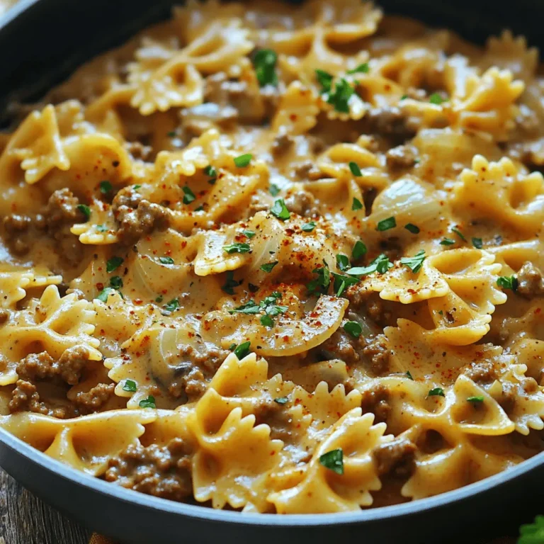 - 12 oz bowtie pasta - 1 lb ground beef - 1 medium onion, diced - 3 cloves garlic, minced - 1 cup mushrooms, sliced - 1 cup heavy cream - 1 cup beef broth - 1 tablespoon Worcestershire sauce - 1 teaspoon Italian seasoning - ½ teaspoon crushed red pepper flakes (optional) - Salt and pepper to taste - ½ cup grated Parmesan cheese - Fresh parsley for garnish The main ingredients for creamy beef bowtie pasta create a rich flavor. You need bowtie pasta, which holds the sauce well. Ground beef adds protein and heartiness to the dish. Onions and garlic bring a sweet and savory base. Mushrooms add umami and texture. Heavy cream makes the sauce smooth, while beef broth adds depth. Worcestershire sauce gives it a tangy kick. Italian seasoning rounds out the flavors with herbs. Crushed red pepper flakes add a little heat, and Parmesan cheese finishes it off. Fresh parsley adds color and freshness. - Other vegetables to consider - Additional spices and seasonings Feel free to add vegetables like spinach or bell peppers for more nutrients. You can also use spices like paprika or cayenne for more flavor. - Alternative pasta types - Dairy-free cream options - Leaner meat choices If you want, you can swap bowtie pasta for penne or rotini. For a dairy-free option, use coconut cream or almond milk. If you prefer leaner meat, ground turkey or chicken works well, too. For the full recipe, check out the detailed instructions that guide you step-by-step through this delicious meal. To cook bowtie pasta al dente, start by boiling salted water in a large pot. Use about one tablespoon of salt for every gallon of water. Add the pasta once the water is at a rolling boil. Stir occasionally to prevent sticking. Cook according to package instructions, usually around 10-12 minutes. Check for doneness by tasting a piece. It should be firm but not hard. Once ready, drain the pasta in a colander, and set it aside. For browning ground beef effectively, heat a large skillet over medium heat. Add the ground beef and break it up with a spatula. Cook until it's browned, which takes about 5-7 minutes. Make sure there are no pink spots left. After browning, drain any excess fat. This keeps the dish from becoming too greasy. To cook onions and garlic properly, add diced onion and minced garlic to the skillet with the beef. Sauté for 2-3 minutes until the onion turns translucent. This step builds flavor. Next, add sliced mushrooms and cook for another 3-4 minutes until they soften. The mushrooms add a nice earthy flavor to the dish. Incorporate broth and Worcestershire sauce by pouring them into the skillet. Stir well to combine all the ingredients. Bring the mixture to a gentle simmer. This step is key for enhancing the flavors. Let it simmer for about 5 minutes, allowing the ingredients to meld together. To make the dish creamy, reduce the heat to low and stir in heavy cream. Add Italian seasoning and crushed red pepper flakes if you like some heat. Let the mixture simmer for an additional 2-3 minutes. This helps the sauce thicken slightly. Stir occasionally to prevent sticking. Now it's time to combine everything. Toss the cooked bowtie pasta into the sauce, mixing well to coat every piece. Add grated Parmesan cheese and season with salt and pepper to taste. Mixing in the cheese gives the dish a rich flavor. Serve immediately, garnished with fresh parsley and more cheese if you want. For the full recipe, check out the complete instructions above. To make the sauce creamy, use heavy cream. It adds richness. Stir it in slowly. This helps blend the flavors well. If you want it thicker, cook it longer on low heat. Keep an eye on it to avoid burning. For even cooking of beef and veggies, chop everything to the same size. This way, they all cook at the same rate. Start cooking the beef first. Once it's browned, add onions and garlic. This builds flavor. Then, add mushrooms. They soak up all the tasty juices. Pair creamy beef bowtie pasta with garlic bread or a fresh salad. The bread helps soak up extra sauce. A green salad adds crunch and freshness. For a nice touch, sprinkle extra Parmesan on top. Chopped parsley also brightens the dish's look. You can also serve it in bowls for a cozy feel. Add a drizzle of olive oil for shine. This makes your dish pop on the table. Meal prep helps save time. Chop your veggies ahead of time. You can even cook the beef in advance. Store it in the fridge until you’re ready to use it. This cuts down on cooking time after a busy day. For quick dinners, use pre-cooked pasta. Just heat it in the sauce. It saves about 10 minutes! You can also use a microwave to warm leftovers fast. Just add a splash of broth to keep it moist when reheating. For the full recipe, check out the details above. {{image_2}} To make a meatless creamy bowtie pasta, swap ground beef for lentils or mushrooms. You can use 1 cup of cooked lentils or 2 cups of chopped mushrooms. They add a nice texture and flavor. For creaminess, try using cashew cream or coconut milk instead of heavy cream. These options keep the dish rich without meat. You can also add spinach or bell peppers for a pop of color and taste. If you love heat, add crushed red pepper flakes or diced jalapeños. Just a teaspoon can really spice things up! For a bolder flavor, use spicy Italian sausage instead of beef. You could also include spicy marinara sauce. This adds heat and makes the dish unique. Adjust the spice level to your taste. Start small and add more as needed. You can explore various sauces for creamy bowtie pasta. A classic cream sauce is delicious. But, try using Alfredo or pesto for a twist. For a lighter option, consider a tomato-based sauce. Mix tomato sauce with heavy cream for a creamy pink sauce. This adds a different flavor profile. Each sauce gives the dish its own character, so feel free to experiment. For the full recipe, check out the main article. To keep your creamy beef bowtie pasta fresh, store it in an airtight container. Place it in the fridge within two hours of cooking. This helps prevent bacteria growth and keeps your pasta safe to eat. It lasts for about 3 to 4 days in the fridge. If you want to enjoy it later, you can freeze it. When it comes to reheating, I recommend using a skillet over low heat. This method helps keep the pasta's texture nice. Stir the pasta often to heat it evenly. If the sauce looks dry, add a splash of beef broth or cream. This will help bring back that creamy goodness. Yes, you can freeze creamy beef bowtie pasta! To freeze, let it cool completely. Then, place it in a freezer-safe container. Make sure to leave some space for expansion. It can stay in the freezer for up to 2 months. When you’re ready to eat, thaw it in the fridge overnight before reheating. This way, you keep the flavors intact and enjoy your meal. Making creamy beef bowtie pasta takes about 30 minutes. You spend 10 minutes prepping your ingredients. Cooking the pasta and beef takes the remaining 20 minutes. Yes, you can prepare this dish ahead of time. Cook the pasta and beef, then store them separately. Combine them with sauce when you are ready to serve. This keeps everything fresh. You can use chicken broth or vegetable broth instead of beef broth. Both options add nice flavor to your dish. You can also use water with added seasonings if you need a quick substitute. Yes, you can make this dish gluten-free. Use gluten-free bowtie pasta for a safe option. Many stores offer gluten-free pasta made from rice or quinoa. Always check the labels for certification. Absolutely! You can use any pasta shape you like. Penne, fusilli, or even spaghetti will work well. Just make sure to adjust cooking times based on the pasta you choose. To thicken your sauce, let it simmer longer. You can also add a bit more cheese to help it thicken. If needed, mix a little cornstarch with water and stir it into the sauce for a quick fix. For the full recipe, check the details above! In this post, I covered the key ingredients and preparation steps for creamy beef bowtie pasta. You learned how to select the right ingredients, cook the pasta perfectly, and create a rich sauce. Don’t forget the variations and storage tips to keep meals fresh. Whether you choose to spice it up or go vegetarian, this dish is adaptable. Now, you can enjoy a delicious meal that’s easy to prepare. Use these guidelines to impress friends or family at dinner. It’s a win for everyone.