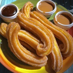 To make these tasty churros, you need some key ingredients: - 1 cup water - 2 tablespoons granulated sugar - 1/2 teaspoon salt - 1/2 cup unsalted butter - 1 cup all-purpose flour - 3 large eggs - 1 teaspoon vanilla extract - 1 cup granulated sugar (for coating) - 2 teaspoons ground cinnamon - Oil for frying These ingredients create a fluffy dough that fries up crispy and golden. You can add your own twist with these optional ingredients: - Cocoa powder for a chocolate flavor - Nutmeg for a warm spice - Zest of an orange or lemon for a fresh taste Using these options can change the flavor profile and make your churros unique. If you lack some ingredients, here are substitutions: - Use margarine instead of butter for a dairy-free option. - Replace all-purpose flour with a gluten-free mix for a gluten-free treat. - Substitute eggs with flaxseed meal or applesauce for a vegan version. These swaps help you adapt the recipe to fit your needs without losing flavor. For the full recipe, check the earlier section. To make the dough, start by gathering your ingredients. You need water, sugar, salt, butter, flour, eggs, and vanilla extract. First, heat a medium saucepan over medium heat. Add 1 cup of water, 2 tablespoons of sugar, 1/2 teaspoon of salt, and 1/2 cup of butter. Stir until the butter melts. Once the mix boils, take it off the heat. Quickly add 1 cup of flour all at once. Stir hard with a wooden spoon until the dough forms a ball. It should pull away from the pan's sides. Let it cool for about 5 minutes. Now, add 3 large eggs one at a time. Mix well after each egg. Finally, stir in 1 teaspoon of vanilla extract. The dough should be smooth and thick. Next, heat oil in a deep fryer or large pot to 350°F (175°C). While the oil heats, get ready to coat your churros. In a shallow dish, mix 1 cup of sugar with 2 teaspoons of ground cinnamon. Once the oil is hot, transfer the churro dough into a piping bag with a star-shaped nozzle. Squeeze out 6-inch-long strips of dough into the hot oil. Cut them with scissors. Fry the churros in batches for about 2-3 minutes on each side. They should turn golden brown. Use a slotted spoon to move them to a paper towel-lined plate to drain excess oil. While the churros are still warm, roll them in the cinnamon-sugar mix. Make sure each churro gets fully coated. Repeat this process with the remaining dough. Serve your churros warm. They are great with chocolate or caramel dipping sauce. For a fun touch, arrange them on a bright plate. A dusting of extra cinnamon sugar always looks nice. Enjoy this tasty treat with family and friends! For the full recipe, check below. To make crispy churros, start with the right dough. The dough should be thick, not runny. When you fry, ensure the oil is hot enough. The ideal frying temperature is 350°F (175°C). If the oil is too cool, churros absorb oil and turn soggy. Fry in small batches to keep the oil at the right heat. The best oils for frying churros are canola and vegetable oil. Both have high smoke points and neutral flavors. This means they won't change the taste of your churros. Avoid using olive oil, as it burns too easily at high heat. Many people make a few key mistakes when frying churros: - Using cold oil: Always preheat your oil to the right temperature. - Overcrowding the pan: Fry only a few churros at a time to avoid temperature drops. - Not rolling in cinnamon sugar: Make sure to coat churros while they’re warm for the best flavor. By following these tips, you will create crispy, delicious churros every time. For the full recipe, check the earlier section. Enjoy your cooking! {{image_2}} One fun twist is to dip churros in chocolate. Use dark, milk, or white chocolate. Melt the chocolate in a bowl. Once your churros are warm, dip one end into the chocolate. Let the excess drip off before serving. The sweet chocolate pairs well with the cinnamon flavor. It adds a rich layer of taste. This treat becomes a dessert that everyone loves. Stuffed churros offer a delightful surprise. You can fill them with cream or fruit. For cream, use a pastry cream or whipped cream. For fruit, try fresh berries or apple pie filling. After frying, use a piping bag to inject the filling inside. This makes each bite extra special. The gooey filling complements the crispy outside. It’s a fun way to enjoy churros with a twist. If you need a gluten-free option, swap all-purpose flour for gluten-free flour. The texture remains light and crispy. Make sure to check the labels on all your ingredients. Some baking powders may contain gluten. Follow the same steps in the Full Recipe. You’ll still get that classic churro taste. Everyone can enjoy this treat, regardless of dietary needs. Store your leftover churros in an airtight container. This keeps them fresh and tasty. If you have some churros left over, don't worry. Place them on a paper towel to absorb any extra oil before storage. They can last up to two days at room temperature. To bring back the crunch, reheat your churros in the oven. Preheat the oven to 350°F (175°C). Place the churros on a baking sheet in a single layer. Heat for about 5 to 7 minutes. This method keeps them crispy and tasty. Avoid using the microwave. It makes churros soft and chewy, which is not what we want. You can freeze churros for a later treat. First, let them cool completely. Then, place them in a single layer on a baking sheet. Freeze for about an hour. Once frozen, transfer them to a freezer bag. Remove as much air as possible before sealing. When you're ready to enjoy, reheat them from frozen in the oven for that fresh taste. For the full recipe, check above! The best way to fry churros is in a deep fryer or a large pot. Use oil that can handle high heat, like vegetable or canola oil. Heat the oil to 350°F (175°C) for the best results. This temperature helps the churros cook evenly. Fry them in small batches to avoid crowding. Each churro should have enough space to puff up and turn golden brown. Fry for about 2-3 minutes on each side until crispy. Yes, churros can be made ahead of time. You can prepare the dough and pipe it into strips. Store the raw churros in the fridge for up to 24 hours. To fry, let the dough sit at room temperature for about 15 minutes. This helps them fry better. However, freshly fried churros taste the best. If you want to make them ahead, fry them, let them cool, and store them in an airtight container. Reheat them in the oven for a few minutes before serving. You can find the best cinnamon sugar churros at local fairs, amusement parks, and food festivals. Many bakeries also sell fresh churros. If you want the best homemade churros, try my full recipe. Making them at home allows you to enjoy them fresh and warm. You can customize the flavors to your liking and share them with friends and family! You learned how to make delicious cinnamon sugar churros. We explored essential ingredients and fun variations. I also shared helpful tips for cooking and storing your churros. Remember, you can customize flavors to fit your taste. Enjoying your homemade churros is easy if you follow the steps. If you mess up, learn and try again. Now you can impress friends and family with this simple treat!