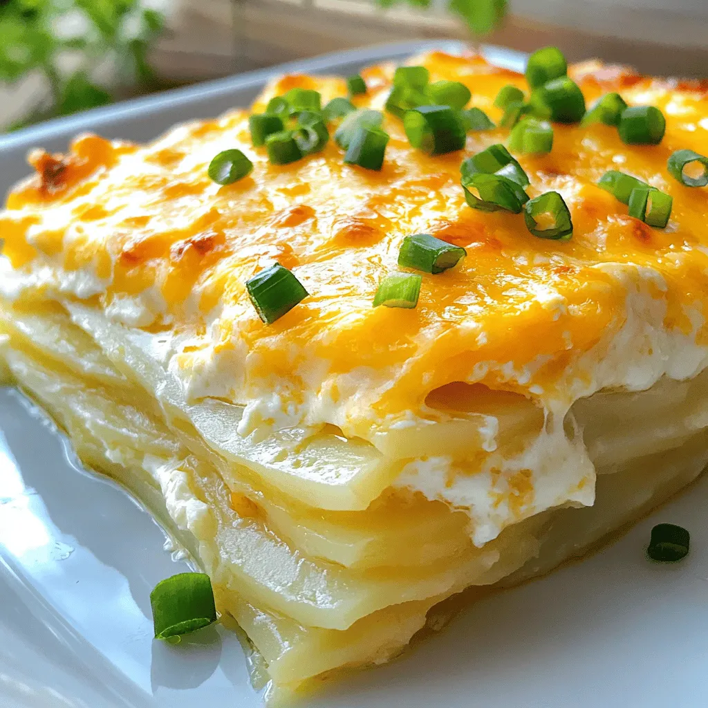 To make a delicious cheesy potato casserole, you'll need the following ingredients: - 4 large russet potatoes, peeled and thinly sliced - 1 cup shredded sharp cheddar cheese - 1 cup shredded mozzarella cheese - 1/2 cup sour cream - 1/2 cup heavy cream - 1 small onion, finely chopped - 2 cloves garlic, minced - 3 tablespoons butter - 1 teaspoon paprika - 1/2 teaspoon black pepper - Salt to taste - 1/4 cup green onions, chopped (for garnish) These ingredients come together to create a cozy dish. The russet potatoes give a nice texture. Sharp cheddar adds a bold flavor, while mozzarella makes it gooey. Sour cream and heavy cream bring a rich creaminess that everyone loves. Butter, onion, and garlic add depth and aroma. Paprika and black pepper give a subtle kick. Lastly, green onions add freshness and color. You can find the full recipe in the Cheesy Potato Bliss Casserole section. Enjoy cooking! - Preheat the oven to 375°F (190°C) and prepare the baking dish. - In a skillet, melt the butter over medium heat. Add the chopped onion and sauté until it turns soft, about 3-5 minutes. Add minced garlic and stir for one more minute until it smells good. Then, take it off the heat. - Start by layering half of the sliced potatoes at the bottom of the greased dish. Pour half of the cream mixture over the potatoes. Then, sprinkle half of the sautéed onion and garlic mix on top. Add 1/2 cup of cheddar cheese and 1/2 cup of mozzarella cheese. - Now, repeat the layers. Use the rest of the potatoes, cream mixture, and onion mix. Top it off with the remaining cheese, saving some for later. - Cover the dish tightly with foil and bake for 45 minutes. - After 45 minutes, take off the foil and sprinkle the reserved cheese over the top. Bake it uncovered for another 15-20 minutes. The top should be golden and bubbly. The potatoes need to be soft when you poke them with a fork. For the full recipe, check out Cheesy Potato Bliss Casserole! To achieve the perfect cheese melt, use a mix of sharp cheddar and mozzarella. The sharp cheddar gives a strong flavor, while mozzarella melts evenly. Layer your cheese between the potatoes. This helps it melt and blend well. For tender potatoes every time, slice them thinly. Thin slices cook faster and become soft. You can also soak the potatoes in cold water for a bit. This removes some starch and helps them cook better. The best baking dish size is 9x13 inches. This size allows for even cooking. It helps the heat reach all parts of the casserole. Make sure to grease the dish to prevent sticking. Some useful kitchen gadgets include a mandoline slicer for quick potato slicing. A good mixing bowl helps you combine ingredients easily. A sharp knife is also key for cutting onions and garlic. To elevate the taste, try adding fresh herbs. Chives, thyme, or rosemary work well. A sprinkle of paprika adds warmth and depth. You can also use garlic powder for more garlic flavor. If you want lighter options, swap heavy cream with Greek yogurt or cashew cream. For cheese, try goat cheese or a dairy-free alternative. These swaps keep the dish creamy but lighten it up a bit. For the full recipe, check out the earlier section! {{image_2}} For those who need gluten-free options, swap regular flour for gluten-free flour. Check your cheese labels to ensure they are gluten-free as well. You can still enjoy the same creamy texture without the gluten. If you want a vegan-friendly version, use plant-based cheese and sour cream. You can replace heavy cream with coconut cream for richness. This way, you keep the flavor while making it plant-based. Mixing in meats can enhance your casserole. Bacon or ham adds a savory depth. Just cook the meat first and layer it with the potatoes for a hearty twist. Vegetables can brighten the dish. Broccoli or spinach works well. Steam them slightly before adding to the layers. This helps keep the colors bright and the nutrients intact. Cheese choices can change the flavor profile. Try gouda or pepper jack for a kick. Each cheese brings its own character to the dish. Seasonings can also add flair. Instead of paprika, try smoked paprika or even cumin for a different taste. These small changes can make a big impact on the casserole. For a detailed guide on making the perfect casserole, refer to the Full Recipe. To keep your cheesy potato casserole fresh, let it cool to room temperature. Place it in an airtight container. Proper cooling helps prevent bacteria growth. In the fridge, it lasts about 3-5 days. Make sure to cover it well to avoid drying out. You can freeze leftovers for later! Cut the casserole into portions and wrap them tightly in foil. Place the wrapped portions in a freezer-safe bag. This way, the casserole stays fresh for up to 2-3 months. When you're ready to eat, thaw it overnight in the fridge. For reheating, I recommend using the oven. Preheat to 350°F (175°C). Cover your casserole with foil to keep moisture in. Heat for about 20-30 minutes, or until warm. If using a microwave, heat in short bursts. Stir in between to ensure even heating. This keeps it from drying out. Enjoy your cheesy potato bliss! What can I substitute for sour cream? You can use Greek yogurt instead of sour cream. It adds creaminess and tang. Cottage cheese works too, but it changes the texture. Can I make this casserole ahead of time? Yes! You can prepare it a day before. Just keep it covered in the fridge. Bake it the next day when you are ready to serve. How do I know when the casserole is done? Check the top for a golden color and bubbly cheese. Use a fork to test the potatoes. They should be soft and tender. Why is my casserole too watery? If the casserole is watery, you might have used too much cream or not drained the potatoes. Try using less liquid next time. You can also add a bit of flour for thickness. How can I make my casserole less greasy? To reduce greasiness, use low-fat cheese or cut back on butter. You can also drain excess fat after cooking the onions. Which side dishes pair well with cheesy potato casserole? Green salads or steamed veggies make great sides. You can also serve it with grilled chicken or fish for a full meal. Beverage recommendations for a complete meal Pair your casserole with a light white wine, like Sauvignon Blanc. Lemonade or iced tea are great non-alcoholic choices. This cheesy potato casserole is simple and fun to make. We started with fresh ingredients, like russet potatoes and cheese. Then, we walked through the steps to layer and bake it perfectly. Remember the tips for making it even better and the fun variations you can try. With proper storage, your casserole will last, and reheating will keep it tasty. Enjoy sharing this dish with friends and family. It’s a hit for any meal!