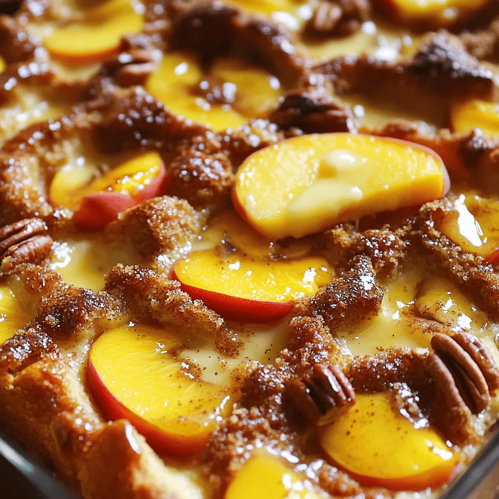 - 4 cups stale bread (brioche or challah) - 3 ripe peaches - 2 cups milk - 1 cup heavy cream - 4 large eggs - 3/4 cup granulated sugar - 1 tablespoon vanilla extract - 1 teaspoon ground cinnamon - 1/2 teaspoon nutmeg - 1/4 teaspoon salt - 1/2 cup brown sugar (for topping) - 1/2 cup pecans - 1/4 cup unsalted butter Choosing the right bread is key. I like brioche or challah. They add a soft and rich texture. Stale bread works best. Fresh bread can make the dish soggy. For the peaches, always pick ripe ones. They should feel soft but not mushy. Their sweetness brings out the best flavors. You can also use frozen peaches if fresh ones are not available. If you want a lighter option, consider alternatives to heavy cream. Whole milk works well, or you can use a mix of milk and yogurt. This can cut some fat while keeping the dish creamy. When you gather these ingredients, you set the stage for a delightful Peach Cobbler Bread Pudding. For the full recipe, check the link. - Preheat your oven to 350°F (175°C). - Butter a 9x13 inch baking dish well. - In a large bowl, whisk together: - 2 cups milk - 1 cup heavy cream - 4 large eggs - 3/4 cup granulated sugar - 1 tablespoon vanilla extract - 1 teaspoon ground cinnamon - 1/2 teaspoon nutmeg - 1/4 teaspoon salt - Add the cubed stale bread to the custard mixture. - Stir gently to coat all pieces. - Let it soak for about 15 minutes. - While the bread soaks, prepare the peaches. - In another bowl, mix the sliced peaches with 1/2 cup brown sugar. - Set aside for 10 minutes to let them macerate. - Stir the chopped pecans into the soaked bread mixture. - Gently fold in the peaches, ensuring even distribution. - Pour the mixture into the prepared baking dish. - Drizzle 1/4 cup melted butter on top. - Bake for 40-45 minutes until golden brown and set. - Let cool for a few minutes before serving. For the complete recipe, check the [Full Recipe]. To avoid soggy bread, use stale bread. Fresh bread absorbs too much liquid. Let your bread sit out overnight or toast it lightly before using. This helps keep the right texture. For a fluffy texture, whisk the eggs well. This introduces air into the mixture. You want a light and airy feel. Also, do not overmix once you add the bread. Gentle folding keeps it fluffy. Serve your peach cobbler bread pudding warm. A scoop of vanilla ice cream pairs perfectly with it. The cold ice cream melts into the warm pudding, creating a delightful mix. A dollop of whipped cream works well, too. For a beautiful finish, drizzle some caramel sauce on top. Add a slice of fresh peach and a sprinkle of cinnamon. This not only tastes good but also looks stunning on the plate. Be careful not to overbake your pudding. This can make it dry. Keep an eye on it and take it out when the top is golden brown. The center should still be slightly jiggly. Let it cool for a few minutes before you serve. If you cut too soon, it can fall apart. Cooling allows it to set and makes serving easier. For the full recipe, check out the entire Peach Cobbler Bread Pudding instructions. {{image_2}} You can switch the peaches for other fruits. Apples, berries, or even cherries work great. Each fruit brings its own taste. Mixing fruits can make your dish special. Try combining peaches with blueberries for a vibrant flavor. Apples add a nice crunch, while berries offer a sweet burst. Want a gluten-free version? Use gluten-free bread instead of regular bread. This way, everyone can enjoy it! If you need it dairy-free, swap the milk and cream for plant-based options. Almond milk or coconut cream works well. These changes keep the flavor and texture delightful. Want to spice up your dish? Add ginger or cardamom for warmth. These spices can really lift the flavor. For an adult twist, consider adding a splash of liqueur like bourbon or rum. This not only enhances the taste but adds a rich depth. Your Peach Cobbler Bread Pudding will be even more special! For the complete recipe, check the [Full Recipe]. To keep your Peach Cobbler Bread Pudding fresh, place it in an airtight container. Store it in the fridge. It stays good for about three to four days. If you want to keep it longer, freezing is a great option. Wrap it tightly in plastic wrap and then foil. It can last up to three months in the freezer. When you are ready to enjoy your bread pudding again, you want to reheat it right. The best method is to use the oven. Preheat your oven to 350°F (175°C). Place the pudding in a baking dish and cover it with foil. Heat for about 15 to 20 minutes. This keeps it moist and fluffy. You can also use the microwave for quick reheating. Just heat it in short bursts, checking it often. Serve it warm with a scoop of ice cream or whipped cream for a tasty treat. Peach Cobbler Bread Pudding lasts about four days in the fridge. After that, it can lose its great taste and texture. You will know it's bad when it smells sour, has a strange color, or shows mold. Always check before eating leftovers! Yes, you can make this dish ahead of time. Prepare it a day before serving. Store it in the fridge, covered with foil or plastic wrap. Bake it the next day, adding a few extra minutes to the baking time. This lets the flavors meld together, giving you a richer taste. Serving Peach Cobbler Bread Pudding is fun! I love to pair it with a scoop of vanilla ice cream. The warm pudding and cold ice cream create a delightful contrast. You can also add a dollop of whipped cream. For extra flavor, sprinkle it with cinnamon or nutmeg. Absolutely! Fresh peaches add a bright, juicy taste. Choose ripe peaches for the best flavor. To use fresh peaches, slice and pit them. Mix them with brown sugar as directed. This method brings out their natural sweetness. You will love the fresh fruit flavor in every bite. Peach Cobbler Bread Pudding stands out because of its blend of textures. The soft bread soaks up the custard, while the peaches add juicy bites. The pecans give a nice crunch, making each mouthful interesting. The sweet spices, like cinnamon and nutmeg, create a warm, cozy flavor. This dish is a perfect comfort treat! For the complete Peach Cobbler Bread Pudding recipe, click [here](#). This blog post covers all you need for a perfect Peach Cobbler Bread Pudding. We explored essential ingredients, from stale bread to ripe peaches. The step-by-step guide ensures your pudding has the right texture and flavor. Plus, we shared tips to avoid common mistakes. Remember, you can customize this dish with other fruits or dietary options. Your baking skills will shine as you serve a warm, delicious dessert. Enjoy every bite, and don’t forget to share your results with friends!