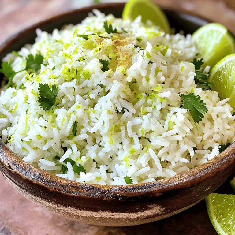 - Rice Type Recommendations: I recommend using jasmine rice for its sweet aroma and soft texture. Basmati rice is another good choice if you prefer a nutty flavor. Both types cook well and absorb flavors nicely. - Fresh Ingredients vs. Store-bought Alternatives: Fresh cilantro and lime make this dish pop. While you can use dried cilantro, it won’t give the same fresh taste. Fresh limes provide a zest and juice that bottled options lack. For the best flavor, choose fresh ingredients whenever you can. - Importance of Quality Broth: The broth you use can change the whole dish. I suggest vegetable broth for a rich taste. It enhances the rice's flavor and adds depth. If you use water, consider adding more spices to amp up the flavor. Quality ingredients lead to a better meal. For the full recipe, check out [Full Recipe]. First, rinse the jasmine rice. Place the rice in a fine mesh strainer. Rinse under cold water until it runs clear. This step removes extra starch. It helps the rice stay fluffy. Next, drain the rice well. This helps avoid excess water in the pot. Toasting the rice is key. In a large pot, heat olive oil over medium heat. Add the rinsed rice and sauté for about two minutes. Stir often until the rice turns light brown. Toasting adds a nice nutty flavor. It also improves the texture. Now, let’s bring it to a boil. Add vegetable broth or water to the pot. Then, mix in the cumin. Stir it all together. Increase the heat to high until it boils. Once it reaches a boil, reduce the heat to low. Cover the pot tightly. Let it simmer gently for about 15 minutes. Check the rice after this time. It should absorb all the liquid and be tender. After cooking, remove the pot from heat. Let it sit covered for another five minutes. This allows the rice to steam, making it even fluffier. Now for the fun part! Fluff the rice with a fork. This keeps grains separate. Next, add lime zest and lime juice. Fresh lime juice brightens the dish. Then, mix in the chopped cilantro. Cilantro adds a fresh taste that pairs well. Lastly, season with salt and black pepper. Taste it to see if it needs more seasoning. Adjust as needed. You have now made zesty cilantro lime rice! To make your Zesty Cilantro Lime Rice even better, try adding more herbs and spices. Here are some ideas: - Chopped green onions add a nice crunch and flavor. - Garlic powder or fresh garlic can boost the taste. - Chili powder gives it a spicy kick. Using lime zest is key for maximum aroma. The zest gives a bright, fresh smell you will love. Just make sure to zest the lime before you juice it. This way, you get the best of both worlds. To avoid mushy rice, follow a few simple steps. Always rinse the rice well before cooking. This helps remove extra starch. It prevents clumping and keeps each grain separate. Adjusting liquid ratios is also important. Use a 2:1 ratio of liquid to rice for fluffy results. If you prefer softer rice, you can add just a bit more liquid. Just remember, too much can lead to mushiness. For more details, check the Full Recipe. {{image_2}} You can boost the taste of zesty cilantro lime rice by adding protein. Chicken, shrimp, or tofu all work great. - Chicken: Use cooked, diced chicken. Toss it in right before you add the lime and cilantro. It adds flavor and makes the meal heartier. - Shrimp: Sauté shrimp in olive oil until they turn pink. Mix them in at the end for a fresh taste. - Tofu: For a plant-based option, use firm tofu. Cube and sauté until golden before adding it to the rice. If you want a vegetarian twist, beans or veggies are fantastic options. - Beans: Black beans or pinto beans add protein and fiber. Rinse and drain canned beans, then fold them into the rice after cooking. - Veggies: Chopped bell peppers, corn, or peas can brighten the dish. Sauté them with the rice for added color and taste. For those who love heat, try adding jalapeños or chili peppers to your rice. - Jalapeños: Dice fresh jalapeños and sauté them with the rice. Adjust the amount based on your spice level. - Chili Peppers: Add sliced chili peppers for an extra kick. They bring both heat and flavor, making the dish exciting. These variations let you customize your zesty cilantro lime rice. You can find the full recipe to get started on this fresh and tasty dish. To keep your Zesty Cilantro Lime Rice fresh, store it in an airtight container. Make sure to let it cool before sealing. This helps prevent moisture buildup. Place it in the fridge within two hours of cooking. It will stay good for about three to four days. When you want to eat it again, just take it out and reheat. You can freeze Zesty Cilantro Lime Rice for longer storage. First, let it cool completely. Then, scoop it into freezer-safe bags. Remove as much air as possible before sealing. Label the bags with the date. The rice will be good for up to three months. When you want to use it, just thaw it overnight in the fridge. Reheating rice can be tricky. You want it fluffy, not hard. The best way is to use a microwave. Add a splash of water to the rice before heating. Cover it with a damp paper towel. Heat in short bursts, stirring in between. You can also reheat it on the stove. Just add a little water and warm it over low heat. This will help keep the rice soft and tasty. For the full recipe, check out the detailed instructions. Yes, you can use white rice. Jasmine rice adds a unique aroma and taste. If you use white rice, adjust the cooking time. White rice usually cooks faster. Use the same water ratio, but check for doneness earlier. This rice pairs well with many dishes. Consider serving it with grilled chicken or shrimp. It also works great with black beans or tacos. For a vegetarian twist, try it with roasted vegetables. The zesty flavor complements spicy and mild foods alike. Zesty Cilantro Lime Rice can last for three to four days in the fridge. Store it in an airtight container to keep it fresh. When you reheat it, add a splash of water to avoid dryness. This keeps the rice fluffy and tasty. In this post, we explored how to make perfect Zesty Cilantro Lime Rice. We covered ingredient choices, cooking methods, and flavor tips. Quality rice and broth boost taste. Rinsing and toasting rice enhance texture. Adding protein or vegetables can make it special. Proper storage keeps leftovers fresh. You now have the knowledge to create a delicious dish. Enjoy making this rice and impress your family and friends!