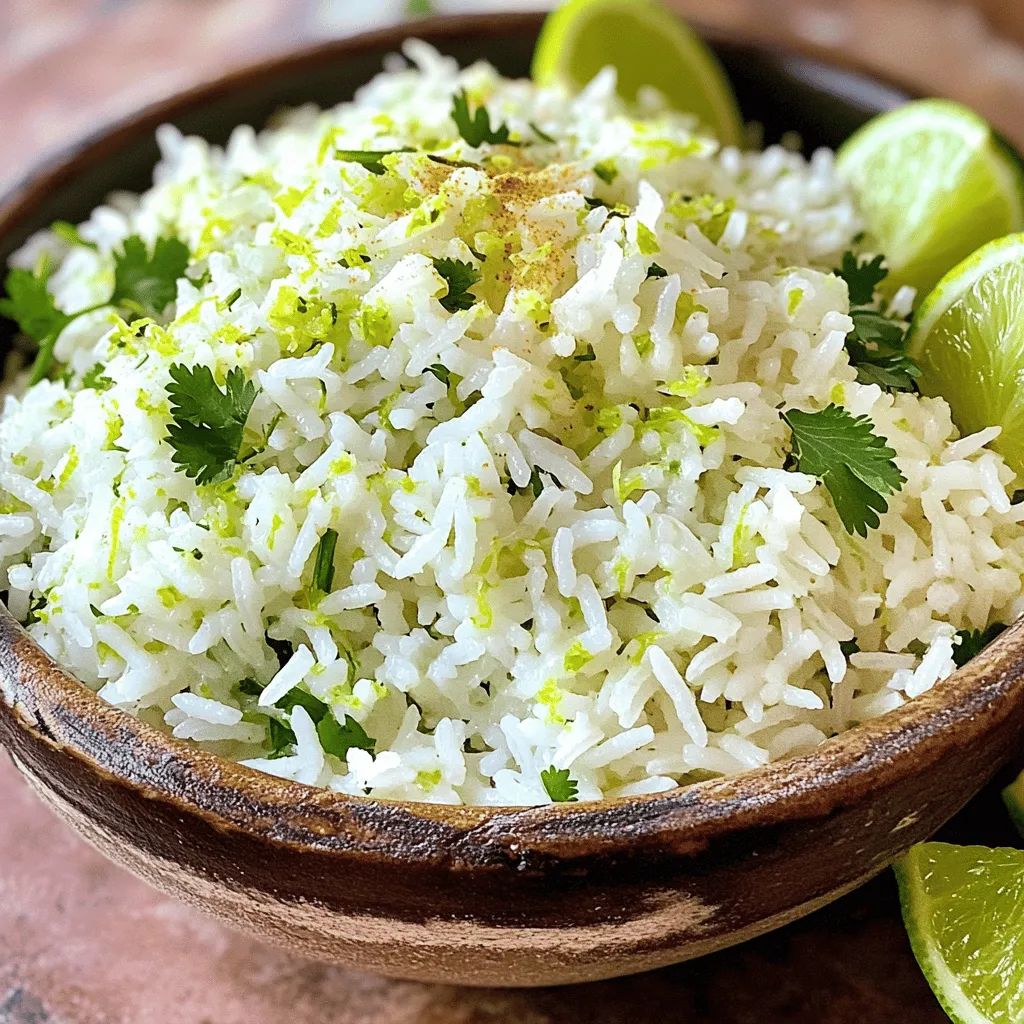- Rice Type Recommendations: I recommend using jasmine rice for its sweet aroma and soft texture. Basmati rice is another good choice if you prefer a nutty flavor. Both types cook well and absorb flavors nicely. - Fresh Ingredients vs. Store-bought Alternatives: Fresh cilantro and lime make this dish pop. While you can use dried cilantro, it won’t give the same fresh taste. Fresh limes provide a zest and juice that bottled options lack. For the best flavor, choose fresh ingredients whenever you can. - Importance of Quality Broth: The broth you use can change the whole dish. I suggest vegetable broth for a rich taste. It enhances the rice's flavor and adds depth. If you use water, consider adding more spices to amp up the flavor. Quality ingredients lead to a better meal. For the full recipe, check out [Full Recipe]. First, rinse the jasmine rice. Place the rice in a fine mesh strainer. Rinse under cold water until it runs clear. This step removes extra starch. It helps the rice stay fluffy. Next, drain the rice well. This helps avoid excess water in the pot. Toasting the rice is key. In a large pot, heat olive oil over medium heat. Add the rinsed rice and sauté for about two minutes. Stir often until the rice turns light brown. Toasting adds a nice nutty flavor. It also improves the texture. Now, let’s bring it to a boil. Add vegetable broth or water to the pot. Then, mix in the cumin. Stir it all together. Increase the heat to high until it boils. Once it reaches a boil, reduce the heat to low. Cover the pot tightly. Let it simmer gently for about 15 minutes. Check the rice after this time. It should absorb all the liquid and be tender. After cooking, remove the pot from heat. Let it sit covered for another five minutes. This allows the rice to steam, making it even fluffier. Now for the fun part! Fluff the rice with a fork. This keeps grains separate. Next, add lime zest and lime juice. Fresh lime juice brightens the dish. Then, mix in the chopped cilantro. Cilantro adds a fresh taste that pairs well. Lastly, season with salt and black pepper. Taste it to see if it needs more seasoning. Adjust as needed. You have now made zesty cilantro lime rice! To make your Zesty Cilantro Lime Rice even better, try adding more herbs and spices. Here are some ideas: - Chopped green onions add a nice crunch and flavor. - Garlic powder or fresh garlic can boost the taste. - Chili powder gives it a spicy kick. Using lime zest is key for maximum aroma. The zest gives a bright, fresh smell you will love. Just make sure to zest the lime before you juice it. This way, you get the best of both worlds. To avoid mushy rice, follow a few simple steps. Always rinse the rice well before cooking. This helps remove extra starch. It prevents clumping and keeps each grain separate. Adjusting liquid ratios is also important. Use a 2:1 ratio of liquid to rice for fluffy results. If you prefer softer rice, you can add just a bit more liquid. Just remember, too much can lead to mushiness. For more details, check the Full Recipe. {{image_2}} You can boost the taste of zesty cilantro lime rice by adding protein. Chicken, shrimp, or tofu all work great. - Chicken: Use cooked, diced chicken. Toss it in right before you add the lime and cilantro. It adds flavor and makes the meal heartier. - Shrimp: Sauté shrimp in olive oil until they turn pink. Mix them in at the end for a fresh taste. - Tofu: For a plant-based option, use firm tofu. Cube and sauté until golden before adding it to the rice. If you want a vegetarian twist, beans or veggies are fantastic options. - Beans: Black beans or pinto beans add protein and fiber. Rinse and drain canned beans, then fold them into the rice after cooking. - Veggies: Chopped bell peppers, corn, or peas can brighten the dish. Sauté them with the rice for added color and taste. For those who love heat, try adding jalapeños or chili peppers to your rice. - Jalapeños: Dice fresh jalapeños and sauté them with the rice. Adjust the amount based on your spice level. - Chili Peppers: Add sliced chili peppers for an extra kick. They bring both heat and flavor, making the dish exciting. These variations let you customize your zesty cilantro lime rice. You can find the full recipe to get started on this fresh and tasty dish. To keep your Zesty Cilantro Lime Rice fresh, store it in an airtight container. Make sure to let it cool before sealing. This helps prevent moisture buildup. Place it in the fridge within two hours of cooking. It will stay good for about three to four days. When you want to eat it again, just take it out and reheat. You can freeze Zesty Cilantro Lime Rice for longer storage. First, let it cool completely. Then, scoop it into freezer-safe bags. Remove as much air as possible before sealing. Label the bags with the date. The rice will be good for up to three months. When you want to use it, just thaw it overnight in the fridge. Reheating rice can be tricky. You want it fluffy, not hard. The best way is to use a microwave. Add a splash of water to the rice before heating. Cover it with a damp paper towel. Heat in short bursts, stirring in between. You can also reheat it on the stove. Just add a little water and warm it over low heat. This will help keep the rice soft and tasty. For the full recipe, check out the detailed instructions. Yes, you can use white rice. Jasmine rice adds a unique aroma and taste. If you use white rice, adjust the cooking time. White rice usually cooks faster. Use the same water ratio, but check for doneness earlier. This rice pairs well with many dishes. Consider serving it with grilled chicken or shrimp. It also works great with black beans or tacos. For a vegetarian twist, try it with roasted vegetables. The zesty flavor complements spicy and mild foods alike. Zesty Cilantro Lime Rice can last for three to four days in the fridge. Store it in an airtight container to keep it fresh. When you reheat it, add a splash of water to avoid dryness. This keeps the rice fluffy and tasty. In this post, we explored how to make perfect Zesty Cilantro Lime Rice. We covered ingredient choices, cooking methods, and flavor tips. Quality rice and broth boost taste. Rinsing and toasting rice enhance texture. Adding protein or vegetables can make it special. Proper storage keeps leftovers fresh. You now have the knowledge to create a delicious dish. Enjoy making this rice and impress your family and friends!