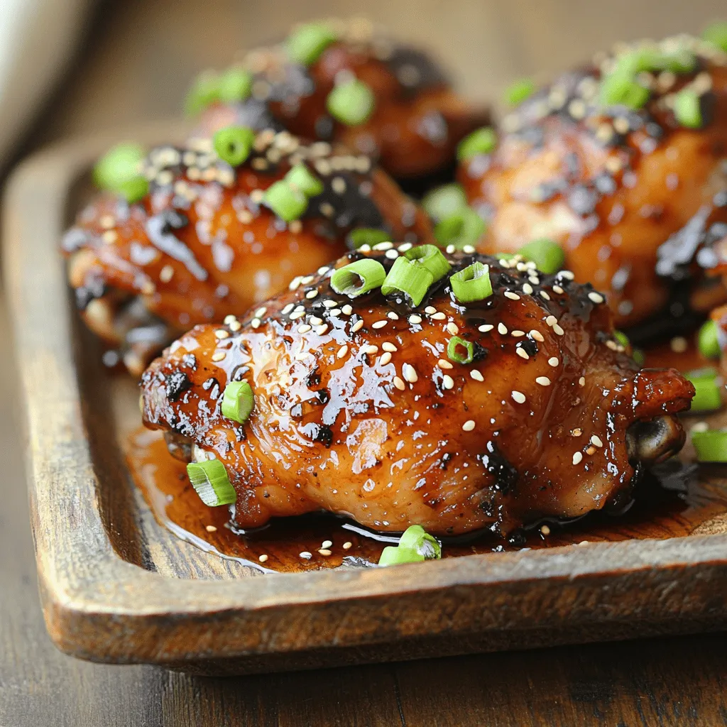 - 4 bone-in, skin-on chicken thighs - 1/4 cup honey - 1/4 cup soy sauce (or tamari for gluten-free) - 5 cloves garlic, minced - 1 tablespoon fresh ginger, grated - 2 tablespoons olive oil - 1 teaspoon sesame oil The star of this dish is the chicken thighs. Bone-in, skin-on thighs bring rich flavor and moisture. Honey and soy sauce create a sweet and salty glaze. Garlic and ginger add depth to the sauce. Olive oil helps to sear the chicken and keep it juicy. Sesame oil brings a nutty taste that rounds out the dish. - 1 tablespoon apple cider vinegar - 1/2 teaspoon red pepper flakes (optional, for heat) - Chopped green onions and sesame seeds for garnish You can add apple cider vinegar to enhance the flavor. It gives a nice tang that balances the sweetness. Red pepper flakes add a kick for those who like heat. The garnishes of green onions and sesame seeds add a fresh crunch and look great on the plate. For the full recipe, check out the details above. Start by whisking the sauce ingredients together. In a large mixing bowl, combine: - 1/4 cup honey - 1/4 cup soy sauce (or tamari for gluten-free) - 5 cloves garlic, minced - 1 tablespoon fresh ginger, grated - 1 tablespoon apple cider vinegar - 2 tablespoons olive oil - 1 teaspoon sesame oil - 1/2 teaspoon red pepper flakes (optional, for heat) Mix until smooth and set it aside. Next, season the chicken thighs properly. Sprinkle salt and pepper on both sides of the chicken. This step adds a lot of flavor to the meat. For crispy chicken thighs, sear them well. Heat a large skillet over medium-high heat. Add the chicken thighs, skin-side down. Cook for about 5-7 minutes until the skin turns golden brown and crispy. Once the skin is crispy, flip the chicken thighs over. Pour the honey garlic mixture over the top. Bring the sauce to a simmer. This helps the chicken absorb the flavors. Now, cover the skillet and lower the heat to medium-low. Cook for about 20-25 minutes. The internal temperature of the chicken should reach 165°F (75°C). To thicken the sauce, remove the lid and increase the heat to medium-high for the last 5 minutes. Spoon the sauce over the chicken as it cooks. This adds a nice glaze. Let the chicken rest for a few minutes before serving. This helps the juices stay inside. Serve the thighs on a platter, drizzled with sauce, and garnish with chopped green onions and sesame seeds. Enjoy your delicious meal! For the complete recipe, check out the Full Recipe section. To boost the taste of honey garlic chicken thighs, I suggest adding some spices. Try using smoked paprika, black pepper, or crushed ginger. These spices add depth and warmth. For a tender chicken, marinate the thighs for at least 30 minutes. This step helps the meat soak in the flavors. If you can, marinate overnight for the best results. To check if your chicken is done, use a meat thermometer. The internal temperature should reach 165°F. If you don't have a thermometer, look for clear juices when you cut into the chicken. The meat should not be pink. After cooking, let the chicken rest for 5 minutes. This time lets the juices settle, making the chicken juicier. Honey garlic chicken thighs pair well with many side dishes. Consider serving them with steamed rice, roasted veggies, or a fresh salad. These sides balance the sweet and savory flavors of the chicken. For a complete meal, present the chicken on a large platter. Drizzle the sauce over it and add chopped green onions and sesame seeds for a beautiful touch. For the full recipe, check out the detailed instructions. {{image_2}} You can easily swap ingredients in this dish. For a gluten-free option, use tamari instead of soy sauce. Tamari has a similar taste and works great. If you want to replace honey, try maple syrup or agave nectar. Both will add sweetness, but with a different twist. You can cook honey garlic chicken thighs in different ways. Skillet-frying gives a nice crispy skin. It takes about 30 minutes total. Oven-baking is another great method. It requires a bit longer, around 40 minutes. Baking can be less hands-on, which is nice for busy nights. If it’s summer, consider grilling. It adds a smoky flavor that is really enjoyable. Want to make it spicy? Add chili garlic sauce for a kick. Start with a teaspoon and taste as you go. You can also add vegetables to the pan. Bell peppers, snap peas, or broccoli work well. They cook quickly and make a one-pan meal, perfect for a busy weeknight. For the full recipe, check out [Full Recipe]. To store leftovers safely, place the chicken thighs in an airtight container. Make sure to cover them well to keep out air. You can keep them in the fridge for about 3 to 4 days. After that, the taste and safety may decline. For the best taste and texture, reheat the chicken in a skillet over medium heat. This helps the skin stay crispy. You can also use the oven at 350°F for about 10-15 minutes. If you have leftover sauce, drizzle it over the chicken while reheating. For a fun twist, chop the chicken and mix it into fried rice or toss it in a salad. You can freeze cooked chicken thighs for up to three months. Place them in a freezer-safe bag or container, removing as much air as possible. For safe thawing, move the chicken to the fridge a day before you plan to eat it. This keeps it fresh and tasty. I recommend using bone-in, skin-on chicken thighs. Bone-in thighs have richer flavor. The bone adds moisture as they cook. Skin-on thighs get crispy, adding a nice texture. Boneless thighs cook faster but can be less juicy. If you prefer ease, boneless is a good choice. Otherwise, bone-in thighs are my top pick for taste. Yes, you can use chicken breast, but they differ in moisture and flavor. Chicken thighs are fattier, which keeps them moist. Breasts can dry out if overcooked. Thighs also have a deeper, richer taste. If you want a lighter meal, go for breasts. Just watch the cooking time closely to keep them juicy. To know if your chicken is fully cooked, check its internal temperature. The safe temperature is 165°F (75°C). Use a meat thermometer to check the thickest part. This is the best way to avoid undercooking or overcooking. You can also cut into the chicken; the juices should run clear, not pink. Honey garlic chicken thighs pair well with many sides. Here are some great suggestions: - Steamed rice or jasmine rice - Roasted vegetables like broccoli or carrots - A fresh salad with mixed greens and vinaigrette - Mashed potatoes for a comforting side - Quinoa or couscous for a healthy option These sides balance the sweet and savory flavors of the chicken. They also make your meal colorful and appealing. For the full recipe, check out the [Full Recipe]. In this post, we explored the key ingredients, cooking steps, and variations for honey garlic chicken thighs. You learned the importance of using bone-in, skin-on chicken for flavor and texture. We covered practical tips for preparation and optimal cooking techniques, ensuring juicy results every time. Plus, I shared ideas for enhancing flavor and perfect pairings to create satisfying meals. For the best experience, remember to store and reheat leftovers properly. Now, you can confidently enjoy this dish in many ways, making it a go-to favorite!