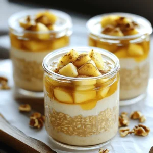 To create my tasty apple cinnamon overnight oats, you need these simple ingredients: - 1 cup rolled oats - 1 ½ cups almond milk (or any milk of choice) - 1 medium apple, diced (preferably a sweet variety like Fuji or Honeycrisp) - 1 teaspoon ground cinnamon - 2 tablespoons maple syrup (adjust to taste) - 1 tablespoon chia seeds - ¼ cup Greek yogurt (optional, for creaminess) - ¼ teaspoon vanilla extract - Pinch of salt - Chopped nuts (like walnuts or pecans) for topping (optional) If you don't have a few items, no worries! Here are some swaps: - Rolled oats: Use quick oats, but the texture may change. - Almond milk: Any milk works, like cow's milk, soy, or oat milk. - Apple: Swap for pear or banana if you want a different taste. - Maple syrup: Honey or agave syrup can sweeten instead. - Chia seeds: You can skip these, but they add fiber. - Greek yogurt: Try a plant-based yogurt for a dairy-free option. Each ingredient adds flavor and nutrition to your oats: - Rolled oats: They provide fiber, helping you feel full. - Almond milk: This milk adds creaminess and is low in calories. - Apple: Apples add sweetness and vitamins like vitamin C. - Cinnamon: This spice boosts flavor and may help lower blood sugar. - Maple syrup: This natural sweetener contains minerals and antioxidants. - Chia seeds: They are high in omega-3 fatty acids and fiber. - Greek yogurt: This adds protein and creaminess, making oats richer. - Vanilla extract: It enhances flavor without extra sugar. - Salt: A pinch of salt balances the sweetness. - Nuts: Chopped nuts add healthy fats and a crunchy texture. These ingredients combine to make a filling, healthy breakfast that you can enjoy any day! For the full recipe, check the details above. To make these tasty apple cinnamon overnight oats, start by gathering your ingredients. You will need rolled oats, almond milk, a diced apple, ground cinnamon, maple syrup, chia seeds, Greek yogurt, vanilla extract, and a pinch of salt. Here’s what to do: 1. In a medium bowl, mix the rolled oats and almond milk. 2. Add the diced apple, ground cinnamon, and maple syrup to the bowl. 3. Stir in the chia seeds, Greek yogurt, vanilla extract, and salt. 4. Make sure every ingredient blends well. 5. You can divide the mixture into two jars or airtight containers. 6. Seal the jars and place them in the fridge. Leave them overnight or for at least four hours. The key to great overnight oats is how you prepare them. Here’s how to get that perfect creamy texture: - Use rolled oats for a chewy bite. Instant oats can get mushy. - Almond milk adds a nice flavor but feel free to use any milk you like. - If you want creamier oats, add a little more Greek yogurt or a splash of milk in the morning. - Stir your oats well before eating. This helps mix the flavors. Overnight oats are all about saving time. Here are some ways to make it even easier: - Prepare your oats the night before, so breakfast is ready when you wake up. - You can make a batch for the week. Just keep them sealed in the fridge. - Use jars for easy storage and a quick grab-and-go option. - Chop your apple in advance and store it in lemon juice to prevent browning. For the full recipe, check out the details above. Enjoy your delicious apple cinnamon overnight oats! To boost flavor, try using fresh spices. Fresh cinnamon gives a strong taste. You can also add nutmeg for warmth. If you like crunch, mix in nuts or seeds. Walnuts or pecans work well. For creaminess, Greek yogurt is a great choice. It makes each bite richer and smoother. Making overnight oats is simple. You can prepare multiple jars at once. Just follow the full recipe and store them in the fridge. They stay fresh for several days. This way, you have a quick breakfast ready every morning. Grab a jar, and you are set to go! Serve your oats in clear jars to show off the layers. Add a slice of apple on top for a nice touch. A sprinkle of cinnamon adds color and flavor. If you want more sweetness, drizzle maple syrup before serving. Enjoy your delicious and healthy breakfast! {{image_2}} You can make overnight oats your own. Try adding different toppings and mix-ins. Here are some ideas: - Nuts: Add walnuts, pecans, or almonds for crunch. - Seeds: Sprinkle pumpkin seeds or sunflower seeds for extra nutrition. - Dried Fruit: Raisins, cranberries, or apricots can add sweetness. - Nut Butter: Stir in peanut or almond butter for creaminess and flavor. - Fresh Berries: Blueberries or strawberries can brighten your oats. These additions help change the taste and texture of your dish. Mix and match to find your favorite combination. While apple cinnamon is a classic, many other flavors work well. Here are a few tasty combos: - Banana Nut: Use ripe bananas and add chopped walnuts. - Berry Bliss: Mix in strawberries and blueberries for a fruity twist. - Chocolate Hazelnut: Add cocoa powder and chopped hazelnuts for a treat. - Pumpkin Spice: Stir in canned pumpkin, cinnamon, and nutmeg for fall vibes. - Coconut Mango: Use coconut milk and diced mango for a tropical flavor. These options let you explore new tastes while keeping it simple. If you want a vegan version, it’s easy to switch things up. Here are some ideas: - Milk: Substitute almond milk with oat or coconut milk. - Yogurt: Use coconut yogurt instead of Greek yogurt for creaminess. - Sweetener: Maple syrup is already vegan, but feel free to use agave nectar. - Chia Seeds: These seeds are vegan-friendly and add healthy fats. Switching to plant-based options ensures everyone can enjoy this dish. You can still enjoy delicious flavors without dairy. For the full recipe, check out the Apple Cinnamon Delight Overnight Oats. Store your Apple Cinnamon Overnight Oats in airtight containers. Glass jars work great. Keep them in the fridge to stay fresh. Make sure to seal the lids tightly. This way, they won’t absorb other food smells. You can also layer different flavors in each jar. This keeps your breakfast fun and exciting! These oats last about four to five days in the fridge. If you want to save them longer, freeze your mixture. Just use freezer-safe containers. When you freeze them, they can last up to three months. To thaw, move them to the fridge overnight. This gives them time to soften before you eat them. Check for changes in smell or color. If your oats smell sour or look off, throw them away. Also, if you see any mold, don’t eat them. Fresh oats should smell sweet and look vibrant. Trust your senses. They are your best guide to safe eating. For the full recipe, check out the Apple Cinnamon Delight Overnight Oats. Yes, you can make overnight oats in advance. I often prepare them the night before or even a few days ahead. It saves time in the morning. Just mix all the ingredients and store them in jars. They taste great after a night in the fridge. Overnight oats last about 3 to 5 days in the fridge. I recommend eating them within this time for the best taste. The oats may absorb more liquid over time, so stir them before enjoying. You can use instant oats, but the texture will change. Instant oats cook faster and become mushy. I prefer rolled oats for a chewier bite. They soak up the liquid well and keep their shape. To make overnight oats gluten-free, use certified gluten-free oats. Regular oats can be processed in facilities with gluten. Always check labels to ensure they are safe for gluten-free diets. You can add many healthy toppings to overnight oats. Here are some ideas: - Fresh fruits like berries or banana slices - Chopped nuts such as almonds or walnuts - Seeds like chia or flaxseed - A dollop of nut butter for creaminess - A sprinkle of coconut flakes for added flavor These toppings make your breakfast even more delicious and nutritious. For the full recipe, check out the section above. This blog post covered the key aspects of making apple cinnamon overnight oats. We explored the ingredient list, substitutions, and benefits. I provided clear steps for preparation and tips for perfect texture. You learned how to enhance flavor and save time in the mornings. We also discussed fun variations and storage tips to keep oats fresh. In conclusion, overnight oats are easy, tasty, and healthy. Enjoy making them your way!