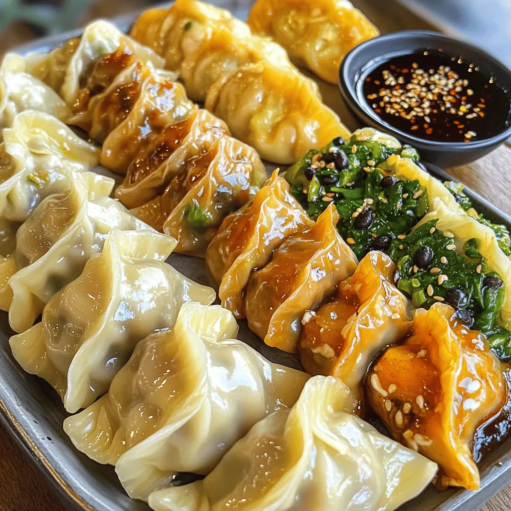 Potstickers are fun to make and eat! You need simple ingredients for the dough and fillings. The dough is soft and chewy, while the fillings offer many flavors. You can mix and match to find your favorite. Here are the key ingredients: - All-purpose flour - Boiling water - Filling ingredients (choose one from the list below) This filling is a classic. It combines savory pork with fresh ginger. The flavors blend well to create a tasty bite. Here’s what you need: - 1 pound ground pork - 1 tablespoon grated fresh ginger - 2 garlic cloves, minced - 2 green onions, finely chopped - 1 tablespoon soy sauce - 1 teaspoon sesame oil - Salt and pepper to taste Mix these ingredients in a bowl. Make sure to taste and adjust the seasoning. This filling is perfect for those who want a veggie option. The mushrooms add umami, while spinach gives a fresh touch. Gather these ingredients: - 1 cup chopped mushrooms - 1 cup fresh spinach, chopped - 1 tablespoon soy sauce - 1 teaspoon sesame oil - 1 garlic clove, minced - Salt and pepper to taste Combine them in a bowl and mix well. For a lighter choice, try the chicken filling. The chicken is tender, and cilantro adds a bright flavor. Use these ingredients: - 1 pound ground chicken - 1 tablespoon fresh cilantro, chopped - 1 tablespoon soy sauce - 1 teaspoon ginger paste - Salt and pepper to taste Mix these in a bowl and taste for flavor. This filling is unique and hearty. Sweet potato adds sweetness, while black beans give protein. Here’s what you need: - 1 cup cooked sweet potato, mashed - 1 cup black beans, rinsed and drained - 1 teaspoon cumin - 1 teaspoon chili powder - Salt and pepper to taste Stir these together until well combined. This filling is full of flavor and has a nice texture. Shrimp adds a seafood twist, and scallions bring freshness. Gather these ingredients: - 1 cup shrimp, peeled and chopped - 1/4 cup scallions, finely chopped - 1 tablespoon soy sauce - 1 teaspoon ginger, grated - Salt and pepper to taste Mix them together in a bowl and taste for seasoning. For the full recipe and detailed instructions, check out the [Full Recipe]. To make the dough, start with 2 cups of all-purpose flour. In a bowl, mix the flour with 3/4 cup of boiling water. Stir it well until it forms a sticky dough. Knead the dough on a floured surface for about 5 minutes. You want it to be smooth and elastic. Cover it with a damp cloth for 30 minutes. This rest time helps the dough become easier to handle. For each filling, gather the ingredients first. Mix them well in a bowl. Here are the steps for each filling: - Classic Pork & Ginger Filling: Combine ground pork, grated ginger, minced garlic, green onions, soy sauce, sesame oil, salt, and pepper. - Vegetarian Mushroom & Spinach Filling: Mix chopped mushrooms, fresh spinach, soy sauce, sesame oil, minced garlic, salt, and pepper. - Chicken & Cilantro Filling: Blend ground chicken, chopped cilantro, soy sauce, ginger paste, salt, and pepper. - Sweet Potato & Black Bean Filling: Combine mashed sweet potato, black beans, cumin, chili powder, salt, and pepper. - Shrimp & Scallion Filling: Mix peeled and chopped shrimp, finely chopped scallions, soy sauce, grated ginger, salt, and pepper. Taste the filling and adjust the spices if needed. You want each filling to burst with flavor. After making the fillings, it’s time to shape the potstickers. Divide the dough into two parts. Roll each part into a log and cut it into small pieces, about 1 inch long. Roll each piece into a circle, about 3 inches wide. Place a tablespoon of your filling in the center of each circle. Fold the dough in half to make a half-moon shape. Pinch the edges tightly to seal them. For a nice touch, you can pleat the edges. You can cook potstickers in different ways. Here’s how I do it: 1. Pan-Frying: Heat 1 tablespoon of vegetable oil in a large non-stick skillet over medium-high heat. Place the potstickers in the skillet. Cook for 2-3 minutes until the bottoms are golden brown. 2. Steaming: Carefully add 1/4 cup of water to the skillet. Quickly cover it with a lid. Steam the potstickers for 5-7 minutes until the water evaporates, and they are cooked through. Once cooked, transfer the potstickers to a serving plate. Serve them with a dipping sauce made of soy sauce, a bit of sesame oil, and chili flakes. This adds a nice kick to your potstickers. Enjoy your delicious meal! For more details, check out the Full Recipe. To make great potstickers, follow these tips. Start with fresh ingredients. Fresh herbs add bright flavors. Use the right dough. Make sure it's not too thick or too thin. Roll it out evenly. This helps potstickers cook well. When filling, don’t overstuff. A tablespoon of filling is enough. Seal the edges tightly to avoid leaks. Avoid common pitfalls when making potstickers. Don’t rush the dough resting time. This makes it easier to roll out. If your potstickers stick to the pan, add more oil. Keep the heat at medium. Too high can burn the bottoms. Lastly, do not skip the steaming step. Steaming helps cook the filling through. For perfect potstickers, use a few key tools. A rolling pin is essential for dough. A large non-stick skillet ensures even cooking. A lid is important for steaming. For filling, use a mixing bowl and a spatula. If you want to make many at once, consider a bamboo steamer. It’s great for steaming potstickers. A tasty dipping sauce adds flavor. Here are some ideas. Mix soy sauce with sesame oil for a classic touch. For heat, add chili flakes. You could also mix soy sauce with rice vinegar and ginger. Another option is to blend hoisin sauce with a dash of lime juice. These sauces pair well with any filling. Check out the Full Recipe for more serving suggestions. {{image_2}} You can play with potsticker fillings. Here are some fun ideas: - Classic Pork & Ginger Filling: A mix of pork, ginger, garlic, and green onions. This is a go-to favorite. - Vegetarian Mushroom & Spinach Filling: Use chopped mushrooms and fresh spinach. Add soy sauce for extra flavor. - Chicken & Cilantro Filling: Ground chicken with cilantro and ginger makes a fresh, tasty filling. - Sweet Potato & Black Bean Filling: Mashed sweet potatoes and black beans give a hearty, healthy option. - Shrimp & Scallion Filling: Chopped shrimp with scallions brings a light and savory taste. You can cook potstickers in two main ways: steaming or pan-frying. - Steaming: This method keeps potstickers moist. Use a steamer basket over boiling water. Cook for about 10 minutes. This is a great choice for delicate fillings. - Pan-Frying: This method gives a crispy bottom. Heat oil in a skillet, add potstickers, and fry until golden. Then, add water and cover to steam them through. This gives a nice contrast of textures. Using seasonal ingredients can change the flavor of your potstickers. Here are some ideas: - Spring: Use fresh peas and asparagus for a light filling. - Summer: Try zucchini and corn for a sweet, bright taste. - Fall: Incorporate pumpkin and sage for a warm, cozy filling. - Winter: Use root vegetables like carrots and parsnips. This adds heartiness to your dish. For detailed instructions on making these delicious potstickers, check the Full Recipe. Uncooked potstickers need careful storage. Place them on a parchment-lined tray. Make sure they don’t touch each other. Cover the tray with plastic wrap. This keeps them fresh. You can store them in the fridge for up to 24 hours. If you need to keep them longer, freeze them. Lay the tray flat in the freezer. Once frozen, transfer the potstickers to a freezer bag. Remove excess air and seal it tight. They can last for up to three months in the freezer. Cooked potstickers can be stored too. Let them cool to room temperature first. Place them in an airtight container. Make sure they are in a single layer to avoid sticking. You can keep them in the fridge for up to three days. If you have more than you can eat, freezing is an option. Just layer them with parchment paper in the container. They can also last for about three months in the freezer. Reheating potstickers is easy. For cooked potstickers, I recommend using a skillet. Heat a little oil over medium heat. Add the potstickers and cook for about three minutes. This makes them crispy again. You can also use the microwave, but they won’t be as crispy. Place them on a plate and cover them with a damp paper towel. Heat for about 30 seconds to one minute. If they were frozen, make sure to thaw them first. Enjoy your potstickers with fresh dipping sauce from the Full Recipe! Yes, you can make potstickers ahead of time. Prepare them and store them in the fridge. They can stay fresh for about one day. If you need a longer storage option, freeze them. This keeps them safe for up to three months. Just remember to cook them from frozen; do not thaw first. All-purpose flour works best for potsticker dough. It gives the dough the right texture. When you combine it with boiling water, it becomes soft and pliable. This makes it easy to roll out and shape. You can also try rice flour for a gluten-free option. Potstickers are a type of dumpling. They have a crispy bottom and a soft top. You cook them by pan-frying and then steaming. Dumplings can be boiled or steamed. They do not have the crispy bottom that potstickers do. Both are delicious, but potstickers offer a fun texture. Yes, you can freeze potstickers. After you form them, place them on a baking sheet. Make sure they are not touching. Freeze them for about one hour. Once frozen, transfer them to a freezer bag. This method keeps their shape and prevents sticking. You can customize potstickers in many ways. Think about different meats, veggies, or spices. Use ground beef, turkey, or tofu for new flavors. Add herbs like basil or mint for freshness. You can also mix in unique ingredients, like cheese or nuts. Be creative and make a filling you love! For more ideas, check the Full Recipe. Potstickers are fun and easy to make. We covered the key ingredients and several tasty fillings, like pork, mushrooms, and sweet potatoes. You learned how to prepare the dough, form the potstickers, and cook them using different methods. Plus, we shared tips for the perfect results and fun variations to try. Now, you can enjoy making potstickers at home. Get creative with fillings and enjoy every bite!
