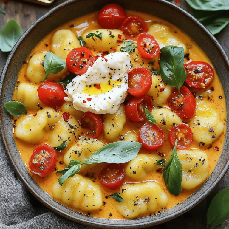 - 1 pound potato gnocchi - 2 tablespoons olive oil - 1 small onion, finely chopped - 3 cloves garlic, minced - 2 cups cherry tomatoes, halved - 1 teaspoon dried oregano - 1 teaspoon red pepper flakes (optional) - Salt and pepper to taste - 1 cup vegetable broth - ½ cup heavy cream - 1 ball of burrata cheese - Fresh basil leaves for garnish Gather these ingredients before you start cooking. Using fresh ingredients makes this dish taste great. The potato gnocchi adds a nice texture. The cherry tomatoes bring sweetness and color. I like to use a small onion for a mild flavor. If you want some heat, add red pepper flakes. The burrata cheese is the star. It’s creamy and rich. You can tear it apart to let the goodness ooze out. Fresh basil leaves add a pop of flavor and color. You can find the full recipe to make this dish shine. Remember, good ingredients lead to great meals! - Bring a large pot of salted water to a gentle boil. - Add the gnocchi and cook according to the package directions until they float. This means they are done! It usually takes about 2-3 minutes. Drain and set them aside. - In a large skillet, heat the olive oil over medium heat. - Add the chopped onion and sauté for about 3-4 minutes until it becomes soft and clear. - Next, add the minced garlic and sauté for another minute until it smells great. - Stir in the halved cherry tomatoes, dried oregano, and red pepper flakes if you want some heat. - Add salt and pepper to taste. Cook for about 5 minutes, stirring now and then. You want the tomatoes to soften and release their juices. - Pour in the vegetable broth and let it simmer for a few minutes. This helps all the flavors mix well. - Then, add the heavy cream and stir until it's all combined. Let the sauce bubble for another 2-3 minutes to thicken. - Gently fold the cooked gnocchi into the sauce. Make sure each piece is well-coated. - Warm everything through for an additional 2 minutes. This allows the gnocchi to soak up all that delicious sauce. - Transfer the creamy gnocchi to plates or a serving bowl. - Tear the burrata cheese into pieces and place it on top. - Finally, sprinkle fresh basil leaves over everything for a pop of color and flavor. For the full recipe, check out the detailed instructions above. Enjoy your meal! To make great gnocchi, texture is key. You want them soft yet firm. Cook the gnocchi in a large pot of salted water. When they float, they are done. This takes about 2-3 minutes. Drain them right away. To avoid mushy gnocchi, don't overcook them. Use fresh gnocchi if possible. Dried gnocchi can work, but they may need a bit longer. You can also toss them lightly in olive oil after draining. This keeps them from sticking together. Adding herbs and spices can take your dish to the next level. Fresh basil is a must with tomato gnocchi. You can also try thyme or parsley. They add a lovely taste. When using dried ingredients, make sure they are fresh. Dried oregano works well, but fresh gives a brighter flavor. If you want a kick, add red pepper flakes. They give a nice heat that pairs well with the creamy sauce. Presentation matters! A simple drizzle of olive oil can make your dish shine. It adds a rich look and flavor. Finish with freshly cracked black pepper. This adds a nice crunch and boosts the taste. Arrange the burrata on top in pieces for a beautiful display. Serve with crusty bread to soak up all that tasty sauce. For the full recipe, check out the details above. {{image_2}} You can use gluten-free gnocchi if you need a gluten-free meal. Many brands offer tasty options made from rice or corn. You can also make homemade gnocchi with different flours, like chickpea or sweet potato. This gives you a chance to play with flavors and textures. You can change the sauce by using different types of tomatoes. Fresh tomatoes add bright flavor, while canned tomatoes provide convenience. Try fire-roasted tomatoes for a smoky taste. If you want a lighter dish, swap heavy cream for half-and-half or coconut cream. This still gives you a rich texture without as many calories. Adding protein can make this dish more filling. You can toss in cooked chicken or shrimp for extra flavor. If you prefer a meatless meal, add more veggies like spinach, zucchini, or bell peppers. This keeps the dish colorful and packed with nutrients. For the full recipe, check out the details above. To keep your gnocchi fresh, store it in a sealed container. Refrigerate it within two hours of cooking. This helps prevent bacteria. The gnocchi will stay good in the fridge for up to three days. To freeze gnocchi in sauce, use a freezer-safe container. Layer it with parchment paper if needed. This will help keep the gnocchi from sticking together. When you are ready to eat the leftovers, you can reheat them. The best way is to use a skillet on medium heat. Add a splash of water or broth to keep it moist. Stir gently until heated through. You can also microwave it in a bowl with a lid. Heat in short bursts, stirring in between. This helps maintain the texture and flavor. In the fridge, your leftovers will last for about three days. If you see any signs of spoilage, like a sour smell or mold, throw it out. These signs mean your dish has gone bad. Always trust your senses; they are your best guide. Enjoy your 30 Minute Tomato Gnocchi with Burrata fresh, but you can save some for later! Cooking gnocchi is quick and easy. For store-bought potato gnocchi, they usually cook in 2-3 minutes. They float when they are ready. If you use homemade gnocchi, cooking times may vary slightly. Always check the texture to ensure they are tender but not mushy. Yes, you can make this dish vegan! Here are some simple swaps: - Use plant-based gnocchi, which are often available. - Replace the heavy cream with coconut milk or cashew cream. - Skip the burrata or use a vegan cheese alternative. This dish pairs well with several sides: - A fresh green salad with a light vinaigrette. - Garlic bread for a crunchy texture. - Steamed vegetables like broccoli or green beans to add color and nutrients. Yes, you can prep parts of the meal ahead. Cook the gnocchi and store in the fridge. Make the sauce and let it cool before storing. Combine when you are ready to eat. Just be mindful that reheating may change the texture slightly. This blog post guides you through making a delicious tomato gnocchi with burrata. We covered key ingredients, cooking steps, and storage tips. I shared ways to enhance flavor through spices and herbs, along with variations to suit your tastes. When you prepare this dish, you enjoy a rich, creamy meal that's quick to make. The right tips can make your gnocchi great. Explore this recipe, and feel free to make it your own! Enjoy the process and the tasty results.