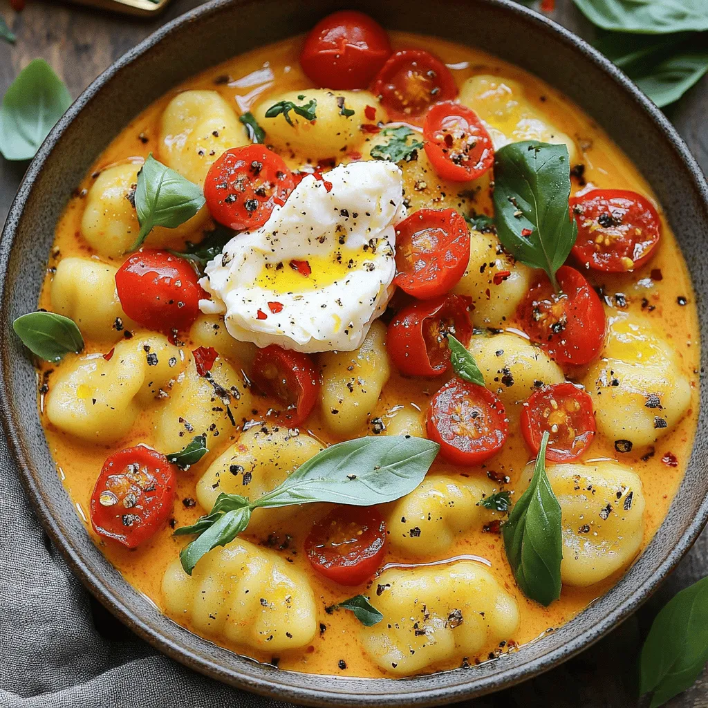 - 1 pound potato gnocchi - 2 tablespoons olive oil - 1 small onion, finely chopped - 3 cloves garlic, minced - 2 cups cherry tomatoes, halved - 1 teaspoon dried oregano - 1 teaspoon red pepper flakes (optional) - Salt and pepper to taste - 1 cup vegetable broth - ½ cup heavy cream - 1 ball of burrata cheese - Fresh basil leaves for garnish Gather these ingredients before you start cooking. Using fresh ingredients makes this dish taste great. The potato gnocchi adds a nice texture. The cherry tomatoes bring sweetness and color. I like to use a small onion for a mild flavor. If you want some heat, add red pepper flakes. The burrata cheese is the star. It’s creamy and rich. You can tear it apart to let the goodness ooze out. Fresh basil leaves add a pop of flavor and color. You can find the full recipe to make this dish shine. Remember, good ingredients lead to great meals! - Bring a large pot of salted water to a gentle boil. - Add the gnocchi and cook according to the package directions until they float. This means they are done! It usually takes about 2-3 minutes. Drain and set them aside. - In a large skillet, heat the olive oil over medium heat. - Add the chopped onion and sauté for about 3-4 minutes until it becomes soft and clear. - Next, add the minced garlic and sauté for another minute until it smells great. - Stir in the halved cherry tomatoes, dried oregano, and red pepper flakes if you want some heat. - Add salt and pepper to taste. Cook for about 5 minutes, stirring now and then. You want the tomatoes to soften and release their juices. - Pour in the vegetable broth and let it simmer for a few minutes. This helps all the flavors mix well. - Then, add the heavy cream and stir until it's all combined. Let the sauce bubble for another 2-3 minutes to thicken. - Gently fold the cooked gnocchi into the sauce. Make sure each piece is well-coated. - Warm everything through for an additional 2 minutes. This allows the gnocchi to soak up all that delicious sauce. - Transfer the creamy gnocchi to plates or a serving bowl. - Tear the burrata cheese into pieces and place it on top. - Finally, sprinkle fresh basil leaves over everything for a pop of color and flavor. For the full recipe, check out the detailed instructions above. Enjoy your meal! To make great gnocchi, texture is key. You want them soft yet firm. Cook the gnocchi in a large pot of salted water. When they float, they are done. This takes about 2-3 minutes. Drain them right away. To avoid mushy gnocchi, don't overcook them. Use fresh gnocchi if possible. Dried gnocchi can work, but they may need a bit longer. You can also toss them lightly in olive oil after draining. This keeps them from sticking together. Adding herbs and spices can take your dish to the next level. Fresh basil is a must with tomato gnocchi. You can also try thyme or parsley. They add a lovely taste. When using dried ingredients, make sure they are fresh. Dried oregano works well, but fresh gives a brighter flavor. If you want a kick, add red pepper flakes. They give a nice heat that pairs well with the creamy sauce. Presentation matters! A simple drizzle of olive oil can make your dish shine. It adds a rich look and flavor. Finish with freshly cracked black pepper. This adds a nice crunch and boosts the taste. Arrange the burrata on top in pieces for a beautiful display. Serve with crusty bread to soak up all that tasty sauce. For the full recipe, check out the details above. {{image_2}} You can use gluten-free gnocchi if you need a gluten-free meal. Many brands offer tasty options made from rice or corn. You can also make homemade gnocchi with different flours, like chickpea or sweet potato. This gives you a chance to play with flavors and textures. You can change the sauce by using different types of tomatoes. Fresh tomatoes add bright flavor, while canned tomatoes provide convenience. Try fire-roasted tomatoes for a smoky taste. If you want a lighter dish, swap heavy cream for half-and-half or coconut cream. This still gives you a rich texture without as many calories. Adding protein can make this dish more filling. You can toss in cooked chicken or shrimp for extra flavor. If you prefer a meatless meal, add more veggies like spinach, zucchini, or bell peppers. This keeps the dish colorful and packed with nutrients. For the full recipe, check out the details above. To keep your gnocchi fresh, store it in a sealed container. Refrigerate it within two hours of cooking. This helps prevent bacteria. The gnocchi will stay good in the fridge for up to three days. To freeze gnocchi in sauce, use a freezer-safe container. Layer it with parchment paper if needed. This will help keep the gnocchi from sticking together. When you are ready to eat the leftovers, you can reheat them. The best way is to use a skillet on medium heat. Add a splash of water or broth to keep it moist. Stir gently until heated through. You can also microwave it in a bowl with a lid. Heat in short bursts, stirring in between. This helps maintain the texture and flavor. In the fridge, your leftovers will last for about three days. If you see any signs of spoilage, like a sour smell or mold, throw it out. These signs mean your dish has gone bad. Always trust your senses; they are your best guide. Enjoy your 30 Minute Tomato Gnocchi with Burrata fresh, but you can save some for later! Cooking gnocchi is quick and easy. For store-bought potato gnocchi, they usually cook in 2-3 minutes. They float when they are ready. If you use homemade gnocchi, cooking times may vary slightly. Always check the texture to ensure they are tender but not mushy. Yes, you can make this dish vegan! Here are some simple swaps: - Use plant-based gnocchi, which are often available. - Replace the heavy cream with coconut milk or cashew cream. - Skip the burrata or use a vegan cheese alternative. This dish pairs well with several sides: - A fresh green salad with a light vinaigrette. - Garlic bread for a crunchy texture. - Steamed vegetables like broccoli or green beans to add color and nutrients. Yes, you can prep parts of the meal ahead. Cook the gnocchi and store in the fridge. Make the sauce and let it cool before storing. Combine when you are ready to eat. Just be mindful that reheating may change the texture slightly. This blog post guides you through making a delicious tomato gnocchi with burrata. We covered key ingredients, cooking steps, and storage tips. I shared ways to enhance flavor through spices and herbs, along with variations to suit your tastes. When you prepare this dish, you enjoy a rich, creamy meal that's quick to make. The right tips can make your gnocchi great. Explore this recipe, and feel free to make it your own! Enjoy the process and the tasty results.