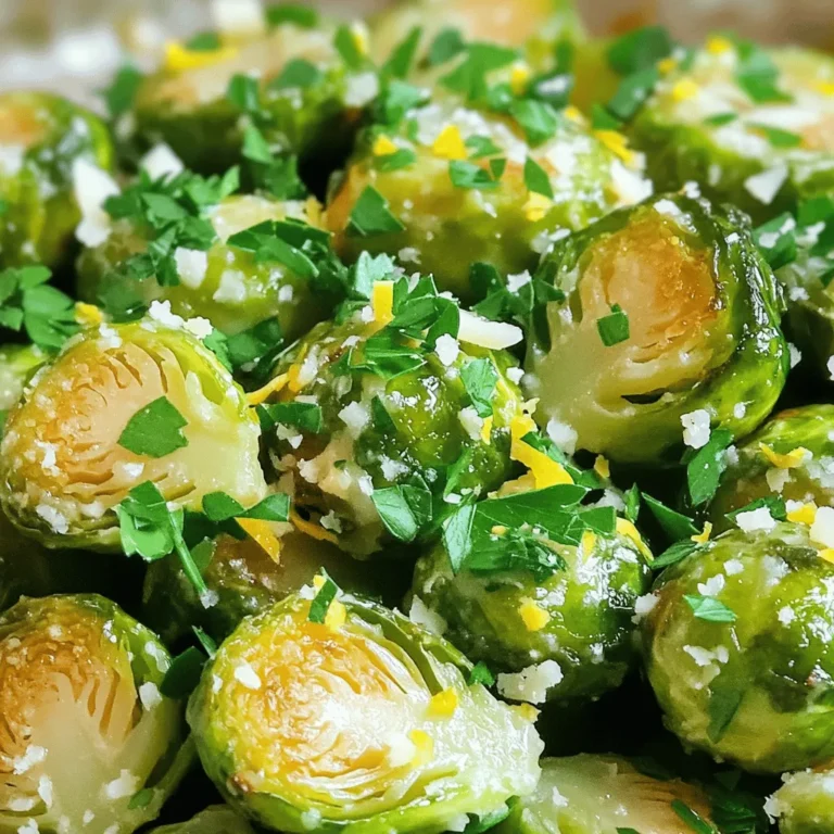 To make Lemon Garlic Roasted Brussels Sprouts, you need simple, fresh ingredients. Here’s what you'll need: - 1 pound Brussels sprouts, trimmed and halved - 3 tablespoons olive oil - 4 cloves garlic, minced - Zest and juice of 1 lemon - 1 teaspoon honey (or maple syrup) - Salt and pepper to taste - 2 tablespoons grated Parmesan cheese (optional) - Fresh parsley for garnish Each ingredient plays a key role in creating a tasty dish. The Brussels sprouts bring a nutty flavor, while the lemon adds a bright, zesty note. Garlic gives depth and warmth, making every bite so good. The honey or maple syrup balances the flavors nicely. Don’t forget the salt and pepper; they enhance everything! Using fresh parsley for garnish adds a pop of color and freshness. If you want to take it up a notch, sprinkle some grated Parmesan cheese on top before serving. This recipe is all about balance and brightness, making it a perfect side for any meal. For the full recipe, check out the detailed instructions and tips. 1. First, preheat your oven to 425°F (220°C). This helps the Brussels sprouts roast perfectly. 2. In a large bowl, mix the halved Brussels sprouts with olive oil, minced garlic, lemon zest, lemon juice, and honey. Toss them well to coat evenly. 3. Next, season the mixture with salt and pepper to your taste. This step adds flavor to your dish. 1. Spread the Brussels sprouts on a baking sheet. Make sure they are in a single layer. This helps them roast evenly. 2. Roast them in the preheated oven for 25-30 minutes. Stir them halfway through for even cooking. Look for a golden brown color and crispy edges. 1. Once done, take them out of the oven. If you like, sprinkle grated Parmesan cheese on top. This adds a nice touch of flavor. 2. Don’t forget to add fresh chopped parsley for color and freshness. 3. Serve immediately and enjoy the zesty flavors! For more details, check the Full Recipe. To pick the best Brussels sprouts, look for tight, green buds. They should feel firm and heavy. Avoid any that are yellow or have brown spots. Fresh sprouts will have a vibrant green color. If you can, buy them still on the stalk. This keeps them fresh longer. For crispy Brussels sprouts, make sure to space them out on the baking sheet. If they touch, they will steam instead of roast. This can lead to soggy sprouts, which no one wants. A hot oven is also key. Preheat it to 425°F (220°C). Stir them halfway through cooking for even browning. To boost the flavor, try adding herbs or spices. Rosemary or thyme work well with lemon. You can also sprinkle some red pepper flakes for a bit of heat. For a sweet touch, consider adding a dash of balsamic vinegar. These tweaks can take your dish to the next level. For the complete guide, check the Full Recipe. {{image_2}} You can easily make this dish vegan. Just swap honey for maple syrup. Maple syrup adds a sweet touch without any animal products. This change keeps the dish tasty while being plant-based. I love how it blends well with lemon and garlic. Want to add some protein? You can toss in crispy bacon or roasted chickpeas. Bacon gives a savory crunch that pairs well with the sprouts. Chickpeas are a great vegan option, adding both protein and texture. Choose what suits your taste best. Don't be afraid to mix in different spices or sauces. Try smoked paprika for a warm flavor, or chili flakes for some heat. You could also drizzle balsamic glaze for a sweet tang. Each tweak brings a new vibe to the dish. Experimenting can lead to your own favorite version! For the full recipe, check out the [Full Recipe]. To keep your Lemon Garlic Roasted Brussels Sprouts fresh, store them in an airtight container. Make sure to let them cool first. This helps maintain their taste and texture. Place the sprouts in the fridge for up to three days. If you have a lot, you can separate them into smaller containers. This way, you can take out just what you need. When reheating, aim for the oven or air fryer. Both methods make the sprouts crispy again. Preheat your oven to 350°F (175°C). Spread the sprouts on a baking sheet and heat for about 10-15 minutes. If using an air fryer, set it to 350°F (175°C) and cook for 5-8 minutes. Check often to avoid burning. This keeps the flavors bright and fresh. If you want to freeze your Brussels sprouts, it’s best to do it before cooking. First, wash and trim them. Then, blanch the sprouts in boiling water for 3-5 minutes. After that, cool them in ice water to stop cooking. Drain and pack them in freezer bags. Remove as much air as possible before sealing. You can freeze them for up to three months. When you're ready to use them, thaw them in the fridge overnight. Cook them straight from frozen or roast them for a quick meal. For the full recipe, check out the earlier sections. To make Lemon Garlic Roasted Brussels Sprouts, follow these simple steps. First, preheat your oven to 425°F (220°C). Next, take 1 pound of Brussels sprouts, trim them, and cut them in half. In a bowl, mix the halved Brussels sprouts with 3 tablespoons of olive oil, 4 minced garlic cloves, lemon zest, and juice from 1 lemon. Add 1 teaspoon of honey and season with salt and pepper. Toss everything well to coat. Spread the sprouts in a single layer on a baking sheet. Roast for 25-30 minutes, stirring halfway through. When they turn golden brown, they are ready! If you like, sprinkle with Parmesan cheese and parsley. For the full details, check the Full Recipe. Yes, you can use frozen Brussels sprouts. However, you will need to adjust the cooking time. Frozen sprouts may take longer to roast. Start by roasting them for about 30-35 minutes. Check for doneness by looking for a golden color. You might also want to thaw them before roasting for better results. This step helps avoid excess moisture and keeps them crispy. Lemon Garlic Roasted Brussels Sprouts pair well with many dishes. Try serving them with roasted chicken or grilled fish for a balanced meal. They also complement quinoa or rice nicely. For a vegetarian option, serve them with a hearty bean salad. Adding a simple green salad on the side enhances the meal's freshness. This dish is not only tasty but also nutritious. One serving of Lemon Garlic Roasted Brussels Sprouts contains about 120 calories. It has healthy fats from olive oil and fiber from Brussels sprouts. You also get vitamins C and K, which are great for your health. If you add Parmesan cheese, remember to account for the extra calories and fat. In this blog post, we covered how to make delicious Lemon Garlic Roasted Brussels sprouts. We explored fresh ingredients, easy steps for preparation, and cooking methods for perfectly roasted sprouts. I shared tips for choosing quality ingredients and enhancing flavors. You can also adapt the recipe to fit your diet. Finally, I provided storage tips to keep your leftovers fresh. Enjoy cooking this tasty dish and impress your friends and family with your skills!