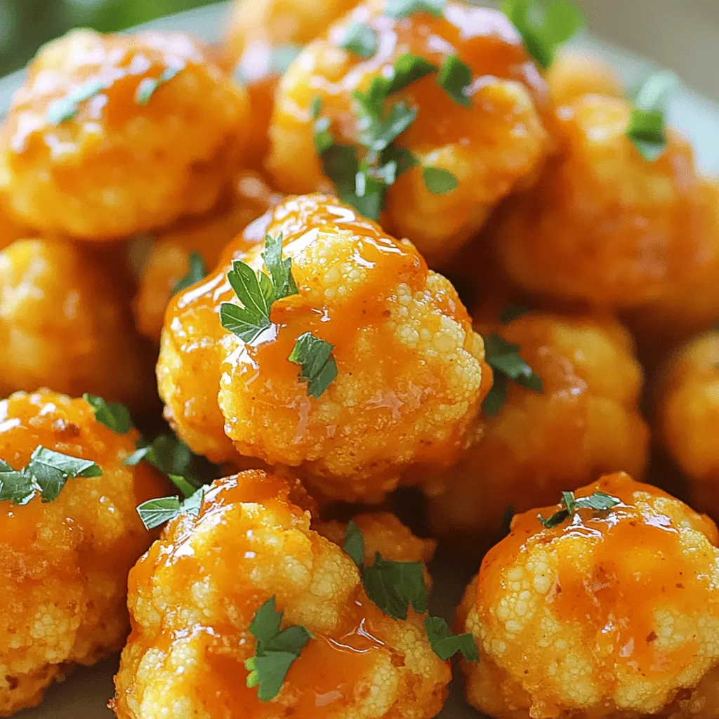 To make Buffalo Cauliflower Bites, you need simple ingredients. These ingredients create a delicious and crispy snack. Here’s the list: - 1 medium head of cauliflower, cut into bite-sized florets - 3/4 cup all-purpose flour (gluten-free option) - 1 cup water - 1 teaspoon garlic powder - 1 teaspoon onion powder - 1/2 teaspoon smoked paprika - 1/2 teaspoon salt - 1/2 cup buffalo sauce (adjust for desired heat) - 2 tablespoons olive oil - Fresh parsley, chopped (for garnish) Each ingredient plays a key role. The cauliflower provides a great base. The flour and water create a batter that sticks well. The spices give a rich and savory flavor. Buffalo sauce adds the signature heat. You can also adjust the spice to your liking. If you want a vegan version, just ensure your buffalo sauce is vegan. This recipe is flexible and allows for creativity. You can even add your favorite spices. If you love a kick, try adding cayenne pepper to the batter. For the best flavor, use fresh ingredients. Fresh cauliflower tastes better than frozen. Also, try to find a good-quality buffalo sauce. This will enhance the overall taste of your bites. If you want the exact steps to prepare this dish, check out the Full Recipe. It has everything you need to make these bites a hit! First, preheat your oven to 450°F (232°C). This high heat will help make the cauliflower crispy. Line a baking sheet with parchment paper. This step ensures easy cleanup after baking. In a large mixing bowl, combine 3/4 cup all-purpose flour with 1 cup water. Add 1 teaspoon garlic powder, 1 teaspoon onion powder, 1/2 teaspoon smoked paprika, and 1/2 teaspoon salt. Whisk everything together until your batter is smooth. It should not be too thick or too runny. Take your medium head of cauliflower and cut it into bite-sized florets. Dip each floret into the batter. Make sure to let any extra batter drip off. Then place the florets on your lined baking sheet in a single layer. Bake for 20 minutes. Flip the florets halfway through for even cooking. You want them golden and crispy. In a small bowl, mix 1/2 cup buffalo sauce with 2 tablespoons olive oil. Once the cauliflower is done baking, remove it from the oven. Toss the florets in the buffalo sauce mixture until they are evenly coated. Return the coated cauliflower bites to the baking sheet and bake for another 10 to 15 minutes. This last phase makes them hot and extra crispy. For the complete recipe, check out the [Full Recipe]. To get that amazing crispy coating, follow these steps: - Use a dry cauliflower. Pat it with a paper towel to remove moisture. - Coat each floret well with the batter. Shake off the extra to avoid sogginess. - Bake at a high temperature. This helps the batter crisp up nicely. - Flip the florets halfway through baking. This ensures even cooking and browning. Buffalo sauce can be spicy. To make it milder: - Use less buffalo sauce. Start with a few tablespoons. - Mix in some ketchup or honey. This will tone down the heat. - Try a milder hot sauce if you want some heat without the burn. - Tweak the amount of sauce based on your taste. Always start small. Dipping sauces can enhance your bites. Here are a few ideas: - Ranch dressing is a classic choice. It cools the heat of the buffalo sauce. - Blue cheese dressing adds a rich flavor. It pairs well with buffalo bites. - Try a yogurt-based dip for a lighter option. It’s refreshing and creamy. - Experiment with homemade sauces like garlic aioli for a fun twist. These tips will help you create the best buffalo cauliflower bites. For a detailed guide, check the Full Recipe. {{image_2}} For a vegan twist on Buffalo cauliflower bites, swap out the all-purpose flour for chickpea flour. This flour offers a nutty taste and is gluten-free. You can also replace the buffalo sauce with a homemade version that uses hot sauce mixed with vegan butter or olive oil. This keeps your bites flavorful while making them plant-based. Feel free to get creative with flavors! Instead of buffalo sauce, try using a sweet chili sauce for a hint of sweetness. You can also experiment with spice mixes like Cajun seasoning or smoked chipotle powder. These additions will give your cauliflower bites a unique taste. Don't be shy; mix and match to find your perfect flavor! When it comes to serving, think outside the box. You can pile the bites on a platter with fresh veggies. Pair them with a creamy vegan ranch or a tangy blue cheese dip for a great contrast. These bites also work well as a topping on salads or grain bowls. They add crunch and flavor to any dish! After enjoying your Buffalo Cauliflower Bites, store any leftovers in the fridge. Place them in an airtight container. This keeps them fresh and tasty. They will last for about three days. Avoid stacking them too high. This helps prevent them from getting soggy. To bring back the crispiness, reheat in the oven. Preheat your oven to 350°F (175°C). Place the cauliflower bites on a baking sheet. Heat them for about 10-15 minutes. This method helps maintain their texture and flavor. You can also use an air fryer if you have one. Set it to 350°F (175°C) and cook for 5-7 minutes. You can freeze the Buffalo Cauliflower Bites for later. First, let them cool completely. Spread them out on a baking sheet in a single layer. Freeze for about 1-2 hours until solid. Then, transfer them to a freezer bag. Label the bag with the date. They will last for up to three months. To enjoy, thaw them in the fridge overnight before reheating. Yes, you can use frozen cauliflower. It works well in this recipe. Just thaw and drain it first. This step helps remove excess moisture. Moisture can make the bites soggy. For best results, use fresh cauliflower if you can. Fresh florets give a better crunch. Buffalo Cauliflower Bites last about 3 to 4 days in the fridge. Store them in an airtight container. Make sure they cool completely before sealing. This helps keep them fresh. You might notice some softness after a few days. But, they still taste great! Yes, you can make these bites ahead of time. Prepare the batter and coat the cauliflower. Then, store them in the fridge before baking. You can also bake them fully and reheat later. Just make sure to reheat in the oven for crispiness. This way, you enjoy a crunchy snack anytime! For the full recipe, check out the recipe section. Buffalo cauliflower bites are easy to make and full of flavor. We covered everything from ingredients to cooking tips. You can adjust spice levels and try different sauces for fun variations. Storing and reheating the leftovers keeps them tasty. Experimenting with ingredients can make this dish uniquely yours. Enjoy your cooking and have fun serving these tasty bites. You now have all you need for a great snack!
