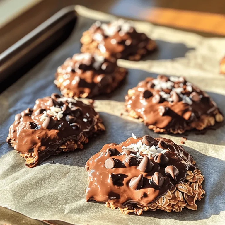 Here is what you need for the No-Bake Chocolate Oatmeal Cookies: - 1 cup smooth peanut butter - 1/2 cup honey or maple syrup - 1/4 cup unsweetened cocoa powder - 2 cups rolled oats - 1 teaspoon vanilla extract - 1/2 teaspoon salt - 1/2 cup dark chocolate chips (or dairy-free chips for a vegan option) - 1/4 cup shredded coconut (optional) - 1/4 cup chopped nuts (such as almonds or walnuts, optional) Each ingredient plays an important role. The peanut butter adds creaminess and protein. Honey or maple syrup brings sweetness and binds it all together. Cocoa powder gives that rich chocolate flavor. Oats add texture and heartiness. Vanilla and salt enhance the taste and balance the flavors. You can make this recipe your own! Here are some easy swaps: - Peanut Butter: Use almond butter or sunflower seed butter if you have allergies. - Honey or Maple Syrup: Agave syrup works well for a vegan option. - Cocoa Powder: Try carob powder for a unique, caffeine-free flavor. - Rolled Oats: Quick oats can be used, but the texture will change slightly. - Dark Chocolate Chips: Use white chocolate or skip them for a simpler cookie. - Shredded Coconut: If you don’t like coconut, leave it out or use dried fruit. - Chopped Nuts: You can use any nut or seed you like, or skip them entirely. These substitutions keep the spirit of the recipe while catering to your tastes or needs. For the full recipe, refer to the previous section. Melting Peanut Butter and Honey To start, you need a medium saucepan. Place it on low heat. Add 1 cup of smooth peanut butter and 1/2 cup of honey or maple syrup. Stir continuously until smooth. This step is key to a creamy base. Adding Cocoa and Vanilla Once your mixture is smooth, add 1/4 cup of unsweetened cocoa powder, 1 teaspoon of vanilla extract, and 1/2 teaspoon of salt. Mix well. This brings rich flavor to your cookies. Methods for Mixing Oats Now, remove the saucepan from heat. Fold in 2 cups of rolled oats. Make sure every oat gets coated in that chocolate goodness. This step gives your cookies their chewy texture. Optional Add-ins (Chips, Coconut, Nuts) If you like, toss in 1/2 cup of dark chocolate chips, 1/4 cup of shredded coconut, or 1/4 cup of chopped nuts. These add texture and flavor. You can choose what you enjoy most. Shaping the Cookies Grab a tablespoon. Scoop out the mixture and place it on a parchment-lined baking sheet. Shape them into cookie rounds. Keep some space between them for even setting. Refrigeration Process Once you form all the cookies, put the baking sheet in the fridge. Let them chill for about 30 minutes. This helps the cookies firm up and hold their shape. You can enjoy these tasty treats right after! For the complete recipe, check out the [Full Recipe]. - Best Practices for Airtight Storage Keep your cookies in an airtight container. This prevents them from getting hard. You can use a glass jar or a plastic container. Make sure the lid fits well. Store them in the fridge for best results. - How to Maintain Texture If you want a softer cookie, leave them at room temperature. For firmer cookies, keep them in the fridge. Avoid stacking them without parchment paper. This stops them from sticking together. - Involving Kids in the Preparation Kids love to help! They can measure ingredients or mix the dough. Let them scoop the cookies onto the sheet. This makes cooking fun and teaches them skills. - Suggestions for Kid-Friendly Add-ins Add-ins can make the cookies more fun. Try mini chocolate chips or colorful sprinkles. Dried fruits like raisins or cranberries are great too. Kids can choose their favorite mix-ins. - What to Do If Cookies Don’t Set If your cookies are too gooey, they might need more time in the fridge. Give them an extra hour. If they still don’t set, you can try adding more oats next time. - Adjustments for Too Dry or Wet Mixture If the mixture is too dry, add a splash of milk. This helps it stick together. If it’s too wet, add more oats or cocoa powder. Adjust until you get the right consistency. For the full recipe with detailed steps, check the [Full Recipe]. {{image_2}} To make vegan no-bake cookies, switch honey for maple syrup. This keeps the sweetness but maintains a plant-based option. Choose gluten-free oats if you need a gluten-free version. Look for oats labeled gluten-free to avoid cross-contamination. You can add different extracts to change the taste. Vanilla is common, but almond extract adds a nice twist. Consider spices like cinnamon or nutmeg for warmth. These can bring new life to your cookies. If you want to cut sugar, use less sweetener. Start with half the amount and taste as you go. You can also add protein powder for extra nutrition. Superfoods like chia seeds or flaxseeds boost health benefits. These small changes make your treats both tasty and better for you. For the complete recipe, check out [Full Recipe]. To keep your no-bake chocolate oatmeal cookies fresh, store them in an airtight container. You can keep them in the fridge or at room temperature. If you want a firmer cookie, the fridge is best. For a softer bite, leave them out. These cookies last about a week in the fridge. If you store them at room temperature, they may soften faster. Freezing these cookies is easy. Just place them in a single layer on a baking sheet. Freeze them until solid, then transfer to a freezer bag. This way, they won’t stick together. They can stay frozen for up to three months. When you want to eat them, take out the cookies and let them thaw. You can leave them on the counter for about 30 minutes. For an extra treat, warm them slightly in the microwave. Enjoy your cookies as a quick snack or dessert! For the full recipe, check out the detailed instructions above. Yes, you can use quick oats. Quick oats are thinner and softer. They absorb liquid faster than rolled oats. This change may make your cookies softer. If you want a chewier texture, stick with rolled oats. Rolled oats help give the cookies a more classic taste and feel. No-bake cookies need about 30 minutes to set in the fridge. This helps them firm up and hold their shape. If you want them firmer, you can leave them for an hour. Keep an eye on them to make sure they don't get too hard. The setting time may vary based on your fridge's temperature. If you need a nut-free option, try sun butter or soy nut butter. Both are great for allergies. You can also use tahini, which is made from sesame seeds. These alternatives still give a nice texture and flavor to your cookies. Each option may change the taste a little, but they all work well. You now have a clear guide to making delicious no-bake cookies. We covered all essential parts, from ingredients to storage tips. Whether you want to make them vegan or kid-friendly, there are options for everyone. Remember, the right storage keeps your cookies fresh and tasty. Experiment with flavors and enjoy the fun of making these treats. Follow these steps, and you’ll create cookies that impress. Happy baking!
