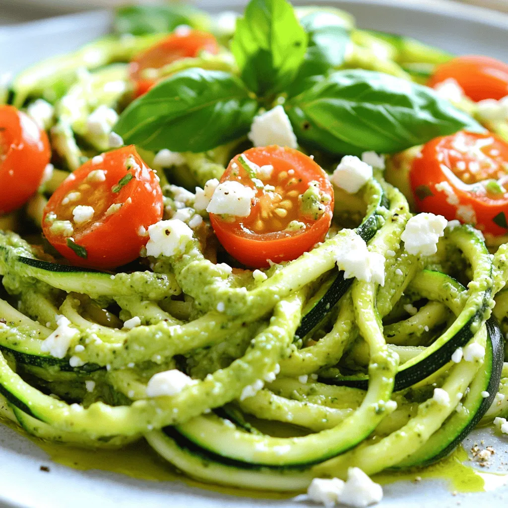 To make zucchini noodles, you need just a few simple items: - 2 medium zucchinis - Salt (to reduce water) Spiralizing the zucchinis makes them fun to eat. If you don’t have a spiralizer, use a vegetable peeler for ribbons. The creamy pesto is the star of this dish. Gather these items: - 1 large ripe avocado - 1 cup fresh basil leaves - 2 tablespoons lemon juice - 2 tablespoons olive oil - 1 clove garlic, minced - 1/4 cup walnuts (or pine nuts) - Salt and pepper to taste This mix gives the pesto a fresh flavor. The avocado makes it rich and smooth, perfect for the zoodles. Add color and taste with these optional items: - Cherry tomatoes, halved (for garnish) - Crumbled feta cheese (optional, for garnish) These add a nice touch and elevate your dish. You can also play with other toppings if you like. For the complete cooking process, check out the Full Recipe. To start, I spiralize the zucchinis into noodle shapes. A spiralizer works best for this, but a vegetable peeler can also do the job. If you want to reduce the water in the noodles, sprinkle them with salt and let them sit for ten minutes. This step helps keep the dish from being too watery. After that, rinse and pat them dry with a paper towel. Next, I grab my food processor. I add the ripe avocado, fresh basil leaves, lemon juice, olive oil, and minced garlic. I toss in the walnuts, salt, and pepper too. I blend everything until it's smooth and creamy. If the mix is too thick, I add a little water. This helps to get the perfect pesto consistency. Now it’s time to bring it all together. In a large bowl, I add the zucchini noodles and spoon in the avocado pesto. I gently toss everything together until the noodles are well coated. I like to serve the zoodles right away. For a nice touch, I garnish each plate with halved cherry tomatoes and crumbled feta cheese if I want. You can find the full recipe to explore this dish even more. To make perfect zucchini noodles, use a spiralizer. It creates fun, curly shapes. If you don't have one, a vegetable peeler works too. You can make long, flat ribbons. Choose firm zucchinis for the best texture. Look for ones that feel heavy for their size. Wash them well before spiralizing. For creamy pesto, use a ripe avocado. Blend it with basil, garlic, and nuts. If it’s too thick, add a bit of water. Start with one tablespoon, then blend. Taste it as you go; adjust the salt and pepper. You want a smooth, spreadable mix. Serve your zucchini noodles right after mixing in the pesto. This keeps them fresh and crisp. Add halved cherry tomatoes for color and flavor. Sprinkle crumbled feta cheese on top for a salty kick. You can also add cooked chicken or shrimp for more protein. Check out the Full Recipe for more ideas. {{image_2}} You can easily swap ingredients in this dish. If you're vegan, use nutritional yeast instead of cheese. For gluten-free eaters, you can keep the dish as is. If you need a nut-free version, skip the walnuts and use sunflower seeds. These swaps keep the dish tasty and friendly for different diets. Want to add some protein? Grilled chicken, shrimp, or tofu work well. Just cook your protein separately and mix it in with the zucchini noodles and pesto. For a quick boost, try canned chickpeas. They add texture and protein without much fuss. You can change the pesto flavor easily. Instead of basil, try spinach, arugula, or even cilantro. For a spicy kick, add a jalapeño or some red pepper flakes. If you love cheese, try parmesan or pecorino instead of feta. Each twist gives the dish a new life. For the full recipe, check out the [Full Recipe]. To keep leftover zucchini noodles fresh, place them in an airtight container. Store them in the fridge for up to two days. If you notice excess moisture, use a paper towel to absorb it. This helps keep the noodles crisp and tasty. Avoid freezing raw zucchini noodles, as they can turn mushy when thawed. For pesto, transfer any leftover sauce to a clean jar. Press plastic wrap directly onto the surface to limit air exposure. This method helps prevent browning. Seal the jar with a lid and store it in the fridge for up to a week. If you see discoloration, just scrape off the top layer for fresh pesto underneath. You can freeze zucchini noodles and pesto separately. For zucchini noodles, spread them in a single layer on a baking sheet. Freeze them for about one hour, then transfer to a freezer bag. This method prevents clumping. For pesto, pour it into ice cube trays. Once frozen, pop out the cubes and store them in a freezer bag. This way, you can use just the right amount later. Enjoy your zesty zucchini noodles with avocado pesto whenever you like! For the full recipe, check out the original instructions. You can still make zucchini noodles without a spiralizer. Use a vegetable peeler to create long, thin strips. This method gives you ribbon-like noodles. You can also use a box grater for a different texture. Just slice the zucchini into long pieces. This way, you get to enjoy your dish even without special tools. Yes, store-bought pesto works great for this recipe. It saves you time and effort. Just choose a brand you like. Look for one with fresh ingredients for the best taste. You can even mix it with a little olive oil for a smoother sauce. This option is perfect for quick meals. Zucchini noodles are low in calories and high in nutrients. They are rich in vitamins A and C. These vitamins boost your immune system and help your skin. Zoodles are also high in fiber, aiding digestion. Plus, they are gluten-free, making them a great pasta substitute. Eating zucchini noodles can help you feel full without the extra carbs. Zucchini noodles and avocado pesto create a fresh, healthy dish. We explored key ingredients, from zucchini to optional garnishes. I shared steps on making noodles and blending the perfect pesto. Don't forget the tips for spiralizing and serving. Variations let you fit your diet and taste. Finally, I covered storage to keep your meal fresh. Embrace this simple recipe for a quick, tasty choice! Enjoy trying new flavors and personal twists!