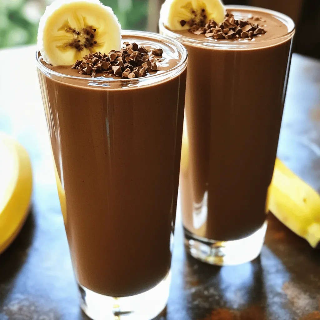 To make a tasty chocolate banana smoothie, gather these ingredients: - 2 ripe bananas - 2 tablespoons unsweetened cocoa powder - 1 tablespoon almond butter (or any nut butter of choice) - 1 cup unsweetened almond milk (or milk of your choice) - 1 tablespoon honey or maple syrup (adjust for sweetness) - 1/2 teaspoon vanilla extract - A pinch of sea salt - Ice cubes (optional, for a thicker smoothie) When measuring ingredients, use dry measuring cups for solids like cocoa powder. For liquids, a liquid measuring cup works best. Always level off dry ingredients with a straight edge to avoid too much or too little. For sticky ingredients like almond butter, spray the measuring cup with a little oil. This helps it slide right out! You can swap some ingredients for what you have! If you don’t have almond butter, peanut butter works great too. You can use any milk you like, such as soy or oat milk. If you want a vegan option, choose maple syrup instead of honey. For a richer flavor, try adding a dash of cinnamon or a spoonful of your favorite protein powder. This recipe is flexible, so feel free to get creative! Start by peeling the bananas. Break them into small chunks. This helps the blender mix them easily. Next, gather all your ingredients. You will need cocoa powder, almond butter, almond milk, honey or maple syrup, vanilla extract, and sea salt. Place the banana chunks into the blender first. Add the cocoa powder, almond butter, and almond milk. Then, include honey or maple syrup, vanilla extract, and sea salt. If you want a thicker smoothie, toss in some ice cubes. Blend on high speed for 1-2 minutes. Stop to scrape down the sides if needed. Blend until smooth and creamy. Taste the smoothie. If you want it sweeter, add more honey or syrup and blend again. Pour your smoothie into tall glasses. For a fun touch, top with cocoa nibs or a banana slice on the rim. Enjoy your Chocolate Banana Smoothie immediately for the best taste. This delightful treat is perfect for breakfast or a snack! For the full details, refer to the Full Recipe. To get that smooth and creamy texture, use ripe bananas. They blend well and add natural sweetness. If you want it thicker, add ice or use less milk. Blend on high for one to two minutes. Stop and scrape the sides of the blender to mix everything well. Taste your smoothie before serving. If you want it sweeter, add more honey or maple syrup. You can also try adding a splash of vanilla for added flavor. Remember, everyone has different tastes, so adjust to your liking! Don’t skip the sea salt; it enhances the chocolate flavor. Avoid adding too much cocoa powder, or it may taste bitter. If the smoothie is too thick, don’t hesitate to add more milk. Lastly, blend it long enough to break down all lumps. For the full recipe, follow the steps closely to avoid any mishaps. {{image_2}} You can easily add nutritional boosters to your smoothie for extra health. Consider adding protein powder to support muscle growth. A scoop of vanilla or chocolate protein can enhance the flavor. You can also try chia seeds for fiber and omega-3 fatty acids. Just one tablespoon gives you a nice nutrient boost. Flax seeds work well too, adding healthy fat and fiber. Mixing in other fruits can create fun flavor combinations. Try adding a handful of strawberries or blueberries for a twist. These fruits add a burst of color and taste. You could also use peanut butter instead of almond butter for a richer flavor. Vanilla extract adds warmth, while a dash of cinnamon gives a cozy touch. Don't hesitate to experiment with these options! If you prefer a dairy-free option, use plant-based milk. Almond milk, coconut milk, or oat milk are great choices. They blend well and keep the smoothie creamy. For a vegan option, replace honey with maple syrup or agave nectar. This keeps it sweet without any animal products. You can enjoy a delicious smoothie that fits your diet. You can store your chocolate banana smoothie in the fridge. Use a sealed container. It stays fresh for up to 24 hours. When you’re ready to drink it, give it a quick shake. This mixes any settled ingredients. Freezing is a great option too! If you want to save some smoothie for later, pour it into ice cube trays. Once frozen, pop the cubes into a bag. They last for about three months in the freezer. You can blend a few cubes with fresh milk for a quick treat. To keep your smoothie fresh, use ripe bananas. They add natural sweetness and creaminess. Always use fresh ingredients for the best taste. If you notice any changes in smell or color, it’s best to toss it. Enjoy your smoothie right after making it for the best flavor, as noted in the Full Recipe. A chocolate banana smoothie is tasty and packed with good stuff. The ripe bananas give you potassium, which helps your heart and muscles. Cocoa powder adds antioxidants, which protect your body. Almond butter gives you healthy fats and protein, helping you feel full. This smoothie is a great way to start your day or have as a snack. Yes, you can make this smoothie ahead of time. Just blend everything and store it in the fridge. It’s best to drink it within a day. If it thickens, stir it before drinking. Keep in mind that the flavor is best fresh, so enjoy it soon after making. To thicken your smoothie without ice, try adding a banana or some nut butter. You can also use yogurt, which adds creaminess. Another option is to blend in oats or chia seeds. These ingredients will give you a nice thick texture without watering it down. Absolutely! This recipe is great for kids. They will love the sweet taste of bananas and chocolate. You can also reduce the sweetener if you want it less sugary. It’s a fun way to give them healthy nutrients while enjoying a treat. Yes, frozen bananas work well in this recipe. They make the smoothie extra cold and creamy. Just toss them right into the blender. If you use frozen bananas, you might not need extra ice. This gives you a delicious smoothie without any extra hassle. For the full recipe, check out the Choco-Banana Bliss Smoothie! This guide covered how to make a chocolate banana smoothie from start to finish. You learned about the key ingredients, how to prepare them, and tips to perfect your blend. I shared helpful tricks for fixing common mistakes and suggested fun variations and storage tips. With this knowledge, you can make a delicious smoothie that fits your taste and needs. Dive in and enjoy blending!