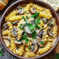 - 12 oz (340g) pasta (fusilli or penne) - 2 tablespoons olive oil - 1 medium onion, finely chopped - 4 cloves garlic, minced - 8 oz (230g) mushrooms, sliced (cremini or button) - 4 cups vegetable broth - 1 cup heavy cream (or coconut cream for a dairy-free option) - 1 teaspoon dried thyme - 1 teaspoon dried oregano - Salt and pepper to taste - ½ cup grated Parmesan cheese (optional for a richer flavor) - Fresh parsley, chopped, for garnish The ingredients for One-Pot Creamy Mushroom Pasta are simple yet rich in flavor. You can choose either fusilli or penne pasta, as they hold the creamy sauce well. Olive oil gives a nice base, while the onion and garlic add depth. Mushrooms are the star of this dish; they bring umami and texture. You can use vegetable broth for a great taste. Heavy cream adds creaminess, but coconut cream works too for a dairy-free version. Dried thyme and oregano enhance the flavor profile, while salt and pepper balance everything. Optional Parmesan cheese adds a delicious richness. Finally, fresh parsley gives a pop of color and freshness. With these ingredients, you can create a dish that is not only quick but also packed with flavor. 1. Heat the olive oil and sauté onions First, grab a large pot and pour in the olive oil. Turn the heat to medium. Once hot, add the chopped onion. Cook it for about 3-4 minutes. You want the onion to soften and turn translucent. 2. Add garlic and mushrooms Next, stir in the minced garlic and sliced mushrooms. Cook them together for about 5-7 minutes. You will see the mushrooms change color as they cook. This step brings out their rich flavor. 3. Combine pasta, broth, and seasonings Now, add the uncooked pasta to the pot. Follow this with the vegetable broth, heavy cream, dried thyme, and dried oregano. Mix everything well. This is where the magic begins! 1. Bring to boil and simmer Raise the heat to bring the mixture to a rolling boil. Once it starts to bubble, reduce the heat to medium-low. Cover the pot and let it simmer for about 12-15 minutes. Stir occasionally. You want the pasta to be cooked al dente and the sauce to thicken nicely. 2. Incorporate Parmesan cheese If you like a richer flavor, add the grated Parmesan cheese. Stir it in well. This will make the sauce creamy and tasty. Don't forget to season with salt and pepper to your taste. 3. Let sit before serving After mixing in the cheese, remove the pot from heat. Let it sit for 2-3 minutes. This lets the sauce thicken a bit more. Now, your One-Pot Creamy Mushroom Pasta is ready to enjoy! How to avoid mushy pasta To keep your pasta firm, cook it al dente. Follow the cooking time on the package. Stir the pasta often while it cooks. This helps it cook evenly and prevents sticking. If you notice the sauce thickening too quickly, add a splash of broth. This keeps the pasta nice and chewy. Best practices for sautéing mushrooms Start with a hot pan. Add olive oil and let it heat up. When you add mushrooms, don’t crowd them. This lets them brown nicely. Stir them only every couple of minutes. You want them to get golden and release their juices. This step adds deep flavor to your dish. Presentation tips for a beautiful dish Serve your pasta in warm bowls. This keeps the dish cozy and inviting. Sprinkle fresh parsley on top for color. If you added Parmesan, a light dusting on top adds a nice touch. You could also drizzle a bit of olive oil for a shiny finish. Suggested sides to complement the pasta Pair your creamy mushroom pasta with a side salad. A simple green salad with lemon dressing works great. You can also serve crusty bread to soak up the sauce. Garlic bread is another tasty option. These sides balance the meal and add different textures. For more, check the Full Recipe! {{image_2}} You can easily change ingredients in this dish. If you want a dairy-free option, try coconut cream instead of heavy cream. It adds a nice sweetness. If you prefer different mushrooms, use shiitake, portobello, or oyster mushrooms. Each variety brings its own unique flavor to the dish. To make this pasta even better, add some fresh vegetables. Spinach and peas work well. They add color and nutrition. You can also spice things up. Red pepper flakes add heat, while Italian seasoning gives it an aromatic touch. These little changes can transform the dish into something special. For the full recipe, check out the One-Pot Creamy Mushroom Pasta. After enjoying your One-Pot Creamy Mushroom Pasta, store any leftovers right away. Allow the pasta to cool for about 30 minutes. Then, transfer it to an airtight container. This keeps it fresh and prevents it from drying out. You can also use glass containers or BPA-free plastic containers for best results. To safely reheat your pasta, place it in a saucepan over low heat. Add a splash of vegetable broth or water to help restore moisture. Stir gently to warm it evenly. Avoid using a microwave, as it can dry out the pasta. To bring back that creamy texture, add a bit more cream or a dash of olive oil while reheating. Mixing in a little cheese can also make it richer. Enjoy your delicious dish just like fresh! Can I make this dish gluten-free? Yes, you can! Use gluten-free pasta instead of regular pasta. Look for options made from rice, corn, or lentils. These will work well in the recipe. Just follow the cooking time on the package. How long does One-Pot Creamy Mushroom Pasta last in the fridge? This pasta dish lasts about 3 to 5 days in the fridge. Store it in an airtight container for best results. Just make sure it cools down before you seal it up. Can I prepare this recipe ahead of time? You can prep some parts in advance! Chop the veggies and slice the mushrooms a day before. Store them in the fridge. However, for the best flavor and texture, cook it fresh. What can I substitute for heavy cream? If you want a lighter option, use coconut cream or cashew cream. Both will add a rich taste without dairy. You can also try using half-and-half or whole milk for a different texture. For the full recipe, check out the detailed instructions above. Enjoy your cooking! This blog post guides you through making a simple, creamy mushroom pasta. We covered key ingredients, step-by-step cooking instructions, and helpful tips to avoid mushy pasta. I shared serving suggestions and variations to enhance flavor. You'll also find storage tips and answers to common questions. In the end, this dish is versatile and easy. Enjoy the cooking process, and have fun experimenting with different ingredients! Your pasta will impress everyone at the table.