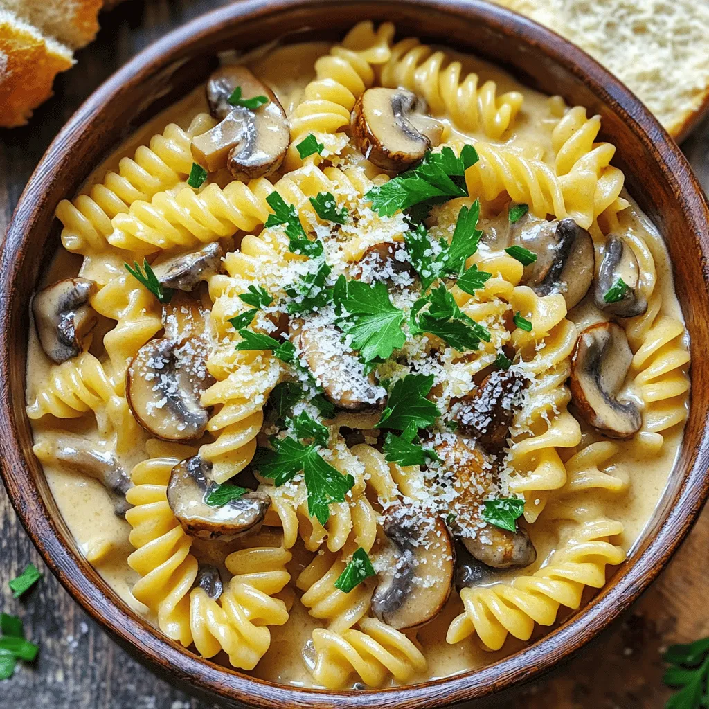 - 12 oz (340g) pasta (fusilli or penne) - 2 tablespoons olive oil - 1 medium onion, finely chopped - 4 cloves garlic, minced - 8 oz (230g) mushrooms, sliced (cremini or button) - 4 cups vegetable broth - 1 cup heavy cream (or coconut cream for a dairy-free option) - 1 teaspoon dried thyme - 1 teaspoon dried oregano - Salt and pepper to taste - ½ cup grated Parmesan cheese (optional for a richer flavor) - Fresh parsley, chopped, for garnish The ingredients for One-Pot Creamy Mushroom Pasta are simple yet rich in flavor. You can choose either fusilli or penne pasta, as they hold the creamy sauce well. Olive oil gives a nice base, while the onion and garlic add depth. Mushrooms are the star of this dish; they bring umami and texture. You can use vegetable broth for a great taste. Heavy cream adds creaminess, but coconut cream works too for a dairy-free version. Dried thyme and oregano enhance the flavor profile, while salt and pepper balance everything. Optional Parmesan cheese adds a delicious richness. Finally, fresh parsley gives a pop of color and freshness. With these ingredients, you can create a dish that is not only quick but also packed with flavor. 1. Heat the olive oil and sauté onions First, grab a large pot and pour in the olive oil. Turn the heat to medium. Once hot, add the chopped onion. Cook it for about 3-4 minutes. You want the onion to soften and turn translucent. 2. Add garlic and mushrooms Next, stir in the minced garlic and sliced mushrooms. Cook them together for about 5-7 minutes. You will see the mushrooms change color as they cook. This step brings out their rich flavor. 3. Combine pasta, broth, and seasonings Now, add the uncooked pasta to the pot. Follow this with the vegetable broth, heavy cream, dried thyme, and dried oregano. Mix everything well. This is where the magic begins! 1. Bring to boil and simmer Raise the heat to bring the mixture to a rolling boil. Once it starts to bubble, reduce the heat to medium-low. Cover the pot and let it simmer for about 12-15 minutes. Stir occasionally. You want the pasta to be cooked al dente and the sauce to thicken nicely. 2. Incorporate Parmesan cheese If you like a richer flavor, add the grated Parmesan cheese. Stir it in well. This will make the sauce creamy and tasty. Don't forget to season with salt and pepper to your taste. 3. Let sit before serving After mixing in the cheese, remove the pot from heat. Let it sit for 2-3 minutes. This lets the sauce thicken a bit more. Now, your One-Pot Creamy Mushroom Pasta is ready to enjoy! How to avoid mushy pasta To keep your pasta firm, cook it al dente. Follow the cooking time on the package. Stir the pasta often while it cooks. This helps it cook evenly and prevents sticking. If you notice the sauce thickening too quickly, add a splash of broth. This keeps the pasta nice and chewy. Best practices for sautéing mushrooms Start with a hot pan. Add olive oil and let it heat up. When you add mushrooms, don’t crowd them. This lets them brown nicely. Stir them only every couple of minutes. You want them to get golden and release their juices. This step adds deep flavor to your dish. Presentation tips for a beautiful dish Serve your pasta in warm bowls. This keeps the dish cozy and inviting. Sprinkle fresh parsley on top for color. If you added Parmesan, a light dusting on top adds a nice touch. You could also drizzle a bit of olive oil for a shiny finish. Suggested sides to complement the pasta Pair your creamy mushroom pasta with a side salad. A simple green salad with lemon dressing works great. You can also serve crusty bread to soak up the sauce. Garlic bread is another tasty option. These sides balance the meal and add different textures. For more, check the Full Recipe! {{image_2}} You can easily change ingredients in this dish. If you want a dairy-free option, try coconut cream instead of heavy cream. It adds a nice sweetness. If you prefer different mushrooms, use shiitake, portobello, or oyster mushrooms. Each variety brings its own unique flavor to the dish. To make this pasta even better, add some fresh vegetables. Spinach and peas work well. They add color and nutrition. You can also spice things up. Red pepper flakes add heat, while Italian seasoning gives it an aromatic touch. These little changes can transform the dish into something special. For the full recipe, check out the One-Pot Creamy Mushroom Pasta. After enjoying your One-Pot Creamy Mushroom Pasta, store any leftovers right away. Allow the pasta to cool for about 30 minutes. Then, transfer it to an airtight container. This keeps it fresh and prevents it from drying out. You can also use glass containers or BPA-free plastic containers for best results. To safely reheat your pasta, place it in a saucepan over low heat. Add a splash of vegetable broth or water to help restore moisture. Stir gently to warm it evenly. Avoid using a microwave, as it can dry out the pasta. To bring back that creamy texture, add a bit more cream or a dash of olive oil while reheating. Mixing in a little cheese can also make it richer. Enjoy your delicious dish just like fresh! Can I make this dish gluten-free? Yes, you can! Use gluten-free pasta instead of regular pasta. Look for options made from rice, corn, or lentils. These will work well in the recipe. Just follow the cooking time on the package. How long does One-Pot Creamy Mushroom Pasta last in the fridge? This pasta dish lasts about 3 to 5 days in the fridge. Store it in an airtight container for best results. Just make sure it cools down before you seal it up. Can I prepare this recipe ahead of time? You can prep some parts in advance! Chop the veggies and slice the mushrooms a day before. Store them in the fridge. However, for the best flavor and texture, cook it fresh. What can I substitute for heavy cream? If you want a lighter option, use coconut cream or cashew cream. Both will add a rich taste without dairy. You can also try using half-and-half or whole milk for a different texture. For the full recipe, check out the detailed instructions above. Enjoy your cooking! This blog post guides you through making a simple, creamy mushroom pasta. We covered key ingredients, step-by-step cooking instructions, and helpful tips to avoid mushy pasta. I shared serving suggestions and variations to enhance flavor. You'll also find storage tips and answers to common questions. In the end, this dish is versatile and easy. Enjoy the cooking process, and have fun experimenting with different ingredients! Your pasta will impress everyone at the table.