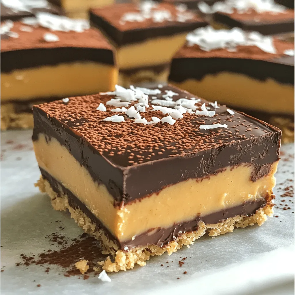 To make these no-bake chocolate peanut butter bars, you need a few key items: - 1 cup creamy peanut butter - 1 cup rolled oats - 1/2 cup honey or maple syrup - 1/2 cup cocoa powder - 1/2 cup dark chocolate chips - 1/4 teaspoon salt - 1 teaspoon vanilla extract These ingredients blend together to create a rich, tasty treat. The peanut butter brings creaminess, while the cocoa powder adds deep chocolate flavor. You can get creative with your bars! Here are some optional ingredients to try: - 1/4 cup unsweetened shredded coconut - Chopped nuts like almonds or walnuts - Dried fruits such as raisins or cranberries These additions can help you tailor the bars to your taste. Experiment to find your favorite mix! Using high-quality ingredients makes a big difference in flavor and texture. Here are some tips for selecting your ingredients: - Peanut Butter: Choose natural peanut butter without added sugars or oils. It gives a pure taste. - Honey or Maple Syrup: Go for raw honey or pure maple syrup for better flavor. - Cocoa Powder: Look for unsweetened cocoa powder with a rich color for the best chocolate taste. Quality ingredients will enhance your no-bake bars, making them even more delightful. For the full recipe, check out the details above! Making no-bake chocolate peanut butter bars is quick and easy. You only need about 15 minutes to prep. The bars will set in the fridge for about 2 hours. This recipe gives you 16 tasty bars. 1. Start by mixing your creamy peanut butter, honey (or maple syrup), and vanilla extract in a bowl. Stir until it’s smooth. 2. In a new bowl, sift together rolled oats, cocoa powder, and salt. Mix well. 3. Gradually add the dry mix to the peanut butter mix. Stir until everything is well combined. If you want, fold in the shredded coconut now. 4. Line an 8-inch by 8-inch baking dish with parchment paper. Leave some paper hanging over the sides for easy removal. 5. Spread the mixture into the dish. Press it down firmly to make it even. 6. Melt your dark chocolate chips in a microwave-safe bowl. Heat for 30 seconds at a time and stir until smooth. 7. Pour the melted chocolate over the peanut butter layer. Spread it evenly on top. 8. Pop the dish in the fridge. Let it chill for at least 2 hours until it sets. 9. Once set, lift the bars out using the parchment paper. Place them on a cutting board and cut into squares or rectangles. 10. Store any leftovers in an airtight container in the fridge for up to one week. The key to this recipe is mixing well. Each ingredient must blend together for the best flavor and texture. Pressing the mixture firmly into the baking dish ensures the bars hold together. Melting the chocolate in short bursts keeps it smooth and prevents burning. For serving, a dusting of cocoa powder adds a nice touch and enhances presentation. If you want the full recipe, check it out [Full Recipe]. When making no-bake chocolate peanut butter bars, some common mistakes can ruin your treat. - Not measuring correctly: Use measuring cups for accuracy. This affects taste and texture. - Overmixing the peanut butter mixture: Mix just until smooth. Overmixing can make it too runny. - Skipping the fridge time: Refrigerate the bars until set. This gives them the right firmness. You can boost the flavor and texture of your bars with simple tweaks. - Add a pinch of cinnamon: This adds warmth and depth to the taste. - Use crunchy peanut butter: This gives a nice texture contrast. - Mix in chopped nuts: Almonds or walnuts work well for added crunch. Presentation can make your bars even more appealing. - Dust with cocoa powder: This adds a rich look and extra flavor. - Top with sea salt: A sprinkle of sea salt balances the sweetness. - Serve with fresh fruit: Sliced strawberries or bananas add freshness. For the full recipe, follow the steps to create these delightful treats! {{image_2}} You can switch up the flavors in these bars. For a twist, try almond butter instead of peanut butter. It gives a nice nutty taste. You could also use cashew butter for a creamier texture. Instead of cocoa powder, mix in some carob powder for a milder flavor. Adding a pinch of cinnamon can give the bars a warm spice that pairs well with chocolate. These bars fit well into gluten-free diets. Just use gluten-free oats to keep it safe. For vegan options, replace honey with maple syrup. This keeps the sweetness but makes it plant-based. Ensure that your chocolate chips are dairy-free. This way, you can enjoy tasty treats without any animal products. Get creative with add-ins for extra texture. Chopped nuts like almonds or walnuts add crunch. Dried fruits like raisins or cranberries can bring sweetness. You might want to sprinkle in some mini marshmallows for a fun twist. If you like a salty kick, add a few pretzel pieces. These add-ins can elevate your no-bake bars and make them even more delightful. For the full recipe, check out the details above. To keep your no-bake chocolate peanut butter bars fresh, use an airtight container. This helps prevent them from drying out or absorbing other smells from the fridge. If you want to stack the bars, place parchment paper between layers. This way, they won’t stick together. Always store them in the fridge. These bars last up to one week in the fridge. If you want to keep them longer, freeze them. To freeze, wrap each bar in plastic wrap and place them in a freezer bag. They can last up to three months in the freezer. When ready, let them thaw in the fridge for a few hours before enjoying. You don’t need to reheat these bars. They taste best cold and firm. If the bars feel too hard after freezing, you can leave them out for a few minutes. This will soften them slightly, making them easier to bite into. Enjoy your sweet treat at the right temperature! To make No-Bake Chocolate Peanut Butter Bars, start by mixing the peanut butter, honey, and vanilla in a bowl. Then, in another bowl, sift together the oats, cocoa powder, and salt. Combine the two mixtures until smooth. Press this mix into a lined baking dish. Melt the dark chocolate and pour it over the top. After that, chill the bars in the fridge for about two hours until set. For the full recipe, check out the detailed instructions above. Yes, you can swap some ingredients! If you don’t have honey, use maple syrup instead. You can also use crunchy peanut butter if you prefer some texture. For a nut-free option, try sun butter. If you need a gluten-free version, use certified gluten-free oats. Feel free to get creative with flavors or textures! To cut your bars, start by lifting them out of the dish using the parchment overhang. Place them on a cutting board. Use a sharp knife for clean cuts. If the bars feel too soft, let them chill a bit longer. For even pieces, score the top with a knife before cutting all the way through. Now you know all about making No-Bake Chocolate Peanut Butter Bars. We covered the key ingredients and how to customize them for your taste. The step-by-step guide helps you make these tasty bars easily. I shared tips to avoid mistakes and improve flavor. You can also try fun variations and learn about storage. In the end, these bars are a fun snack for everyone. Enjoy making them your way!