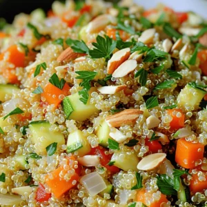 To make this dish, you need some essential ingredients. Here’s what you need: - 1 cup quinoa, rinsed - 2 cups vegetable broth - 1 medium onion, finely chopped - 2 carrots, diced - 1 red bell pepper, diced - 1 zucchini, diced - 2 cloves garlic, minced - 1 teaspoon cumin powder - 1 teaspoon paprika - Salt and pepper to taste - 2 tablespoons olive oil - 1/4 cup fresh parsley, chopped (for garnish) These ingredients create a base full of flavor. Quinoa brings a nice texture, while the veggies add color and nutrition. You can enhance your quinoa vegetable pilaf with additional flavors. Here are some optional ingredients: - 1/4 cup slivered almonds - Lemon zest or juice - Fresh herbs like basil or cilantro - A pinch of red pepper flakes Adding slivered almonds gives a nice crunch. A splash of lemon adds brightness to the dish. Fresh herbs can make it even more vibrant. You can easily change ingredients to suit your taste. Here are some ideas: - Swap quinoa for couscous or brown rice. - Use any vegetable broth or stock you prefer. - Add different veggies like peas or spinach. - Use garlic powder instead of fresh garlic. These substitutions keep the dish fresh and exciting. You can adjust it based on what you have on hand or your dietary needs. For the full recipe, check out the complete instructions. To start, gather your ingredients. You will need: - 1 cup quinoa, rinsed - 2 cups vegetable broth - 1 medium onion, finely chopped - 2 carrots, diced - 1 red bell pepper, diced - 1 zucchini, diced - 2 cloves garlic, minced - 1 teaspoon cumin powder - 1 teaspoon paprika - Salt and pepper to taste - 2 tablespoons olive oil - 1/4 cup fresh parsley, chopped (for garnish) - 1/4 cup slivered almonds (optional) Make sure to rinse the quinoa. This helps remove the bitter coating. Chop all your veggies and have them ready. It makes cooking easier and faster. 1. Heat the olive oil in a medium saucepan over medium heat. 2. Add the chopped onion. Sauté until it turns clear, about 3-4 minutes. 3. Next, add the minced garlic, cumin, and paprika. Cook for 1 minute until you smell the spices. 4. Stir in the diced carrots, bell pepper, and zucchini. Cook for about 5-7 minutes until they start to soften. 5. Add the rinsed quinoa to the pan. Mix well with the veggies. 6. Pour in the vegetable broth and bring it to a simmer. Cover the pan and lower the heat. 7. Cook for about 15-20 minutes. The quinoa should absorb all the liquid. 8. After cooking, take the pan off the heat. Let it sit for 5 minutes. 9. Fluff the quinoa with a fork and season with salt and pepper. 10. If you like, add slivered almonds for a nice crunch. 11. Serve warm, and top with fresh parsley for a pop of color. - Always rinse your quinoa before cooking. This step makes a big difference in taste. - Keep an eye on the heat. If it cooks too fast, it may burn. - Let the quinoa sit after cooking. This helps it become fluffy and light. - Experiment with spices. Add your favorite herbs to change the flavor. Following these steps will help you make a delicious Quinoa Vegetable Pilaf. For the full recipe, check the section above. To boost the taste of your quinoa vegetable pilaf, use fresh herbs. Fresh parsley adds brightness. You can also try basil or cilantro for a different twist. Add a squeeze of lemon juice before serving. This gives a nice zing. Adjust salt and pepper to your liking. For extra depth, sprinkle a bit of cayenne pepper. It adds warmth without overwhelming the dish. Serve your pilaf warm in a bowl. You can top it with a drizzle of olive oil. This adds richness and flavor. Consider adding a dollop of yogurt on top for creaminess. It balances the dish well. Pair it with a crisp salad. A side of roasted vegetables makes a great addition too. Quinoa vegetable pilaf pairs well with grilled chicken or fish. The lightness of the pilaf complements these proteins. For a vegetarian option, serve it with black bean tacos. The flavors mix nicely. You can also try it alongside a spicy curry. The mild quinoa helps tone down the heat. Don't forget to check out the Full Recipe for more tips on creating this dish! {{image_2}} You can add protein to your quinoa vegetable pilaf to make it heartier. Some great options include: - Chickpeas: These add a nice texture and flavor. Use one can, drained and rinsed. - Tofu: Cut firm tofu into cubes and sauté it with the vegetables. - Chicken: Cook diced chicken breast with the onions for added flavor and protein. Each option boosts nutrition and makes the dish more filling. Feel free to mix and match based on what you have. Quinoa is naturally gluten-free, so this dish is a great choice for gluten-free diets. To ensure it remains vegan: - Broth: Always use vegetable broth instead of chicken broth. - No dairy: Skip any cheese or cream-based toppings. This way, you keep the meal light and plant-based while still being super tasty. You can easily change the veggies based on the season. Here are some ideas: - Spring: Try peas, asparagus, or artichokes for a fresh taste. - Summer: Add corn, tomatoes, or eggplant for a vibrant dish. - Fall: Use butternut squash, pumpkin, or Brussels sprouts for warmth. - Winter: Root vegetables like parsnips or sweet potatoes add a nice touch. These swaps keep the dish exciting and full of flavor all year long. For the full recipe, check out the main article! To keep your quinoa vegetable pilaf fresh, store it in an airtight container. Let it cool to room temperature before sealing it. This helps prevent moisture buildup, which can lead to spoilage. You can store it in the fridge for up to five days. If you know you won’t eat it all, divide it into smaller portions. This makes it easy to grab a quick meal. When it’s time to enjoy leftovers, reheat the pilaf gently. You can use the microwave or a stovetop. For the microwave, place the pilaf in a bowl and add a splash of water. Cover it with a lid or a damp paper towel. Heat for one to two minutes, stirring halfway through. On the stovetop, warm it in a pan over low heat, adding a bit of broth to keep it moist. Stir frequently until it’s heated through. Freezing quinoa vegetable pilaf is a great way to save it for later. First, let the pilaf cool completely. Then, transfer it to a freezer-safe container or bag. Remove as much air as possible to prevent freezer burn. You can freeze it for up to three months. When you're ready to eat, thaw it in the fridge overnight. Reheat it as mentioned above for the best taste. For the full recipe, check out the complete guide! To cook quinoa, first rinse it under cold water. This removes any bitterness. Use a 2:1 ratio of liquid to quinoa. In a pot, combine quinoa and vegetable broth. Bring it to a boil, then reduce heat. Cover the pot and let it simmer for about 15 minutes. Once the liquid is absorbed, let it sit for five minutes. Fluff it with a fork before serving. This method ensures your quinoa is light and fluffy. Yes, you can use water instead of vegetable broth. While broth adds flavor, water works well too. If you choose water, consider adding a pinch of salt. You can also add herbs or spices to boost the flavor. This way, your quinoa vegetable pilaf stays tasty and nutritious. You can add many vegetables to quinoa vegetable pilaf. Some great options include: - Peas - Spinach - Broccoli - Corn - Mushrooms Feel free to mix and match based on your taste or what you have on hand. Fresh or frozen vegetables both work well. The key is to cut them into small pieces for even cooking. Quinoa vegetable pilaf lasts about 4 to 5 days in the fridge. Store it in an airtight container to keep it fresh. When you're ready to eat, simply reheat it in the microwave or on the stove. If it seems dry, add a splash of water or broth while reheating. Enjoy the flavors again! For the full recipe, check out the detailed steps in the article. Quinoa vegetable pilaf is a tasty and flexible dish. We explored key ingredients and optional flavors to enhance your meal. I shared step-by-step cooking tips to ensure your pilaf turns out perfectly every time. Don't forget about variations to keep things exciting, with ways to make it vegan or add protein. For storage, I provided the best methods to keep leftovers fresh. With these insights, you can enjoy this healthy dish in many ways. Experiment and make it your own!