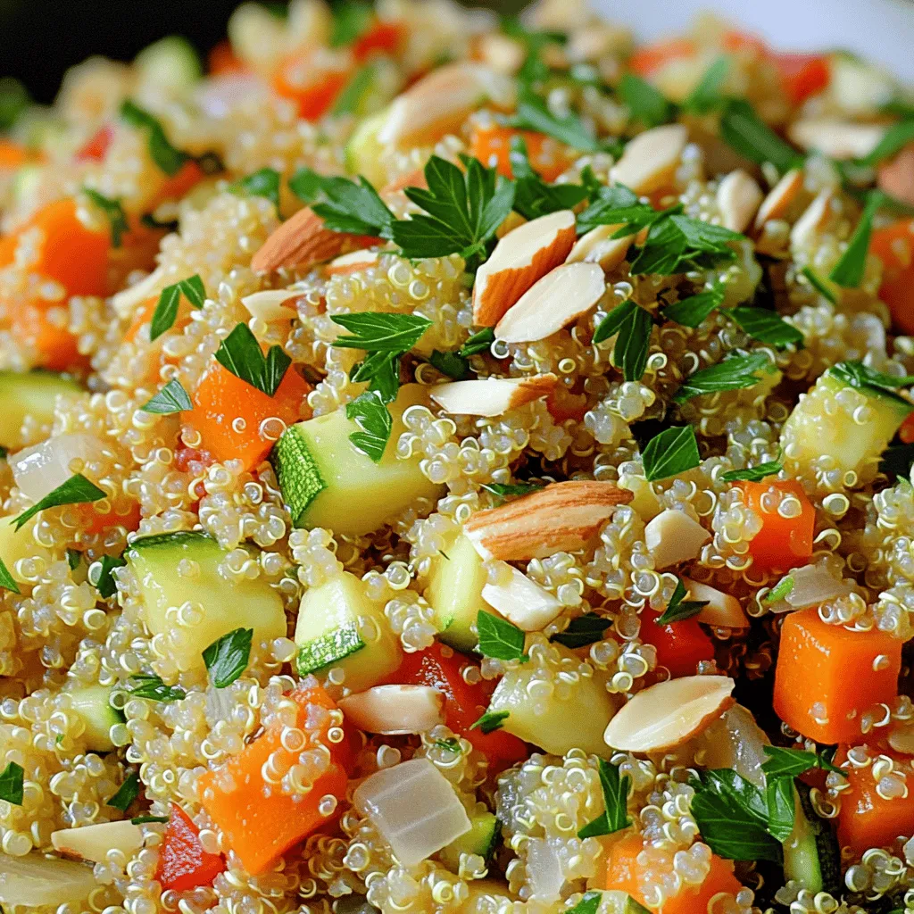 To make this dish, you need some essential ingredients. Here’s what you need: - 1 cup quinoa, rinsed - 2 cups vegetable broth - 1 medium onion, finely chopped - 2 carrots, diced - 1 red bell pepper, diced - 1 zucchini, diced - 2 cloves garlic, minced - 1 teaspoon cumin powder - 1 teaspoon paprika - Salt and pepper to taste - 2 tablespoons olive oil - 1/4 cup fresh parsley, chopped (for garnish) These ingredients create a base full of flavor. Quinoa brings a nice texture, while the veggies add color and nutrition. You can enhance your quinoa vegetable pilaf with additional flavors. Here are some optional ingredients: - 1/4 cup slivered almonds - Lemon zest or juice - Fresh herbs like basil or cilantro - A pinch of red pepper flakes Adding slivered almonds gives a nice crunch. A splash of lemon adds brightness to the dish. Fresh herbs can make it even more vibrant. You can easily change ingredients to suit your taste. Here are some ideas: - Swap quinoa for couscous or brown rice. - Use any vegetable broth or stock you prefer. - Add different veggies like peas or spinach. - Use garlic powder instead of fresh garlic. These substitutions keep the dish fresh and exciting. You can adjust it based on what you have on hand or your dietary needs. For the full recipe, check out the complete instructions. To start, gather your ingredients. You will need: - 1 cup quinoa, rinsed - 2 cups vegetable broth - 1 medium onion, finely chopped - 2 carrots, diced - 1 red bell pepper, diced - 1 zucchini, diced - 2 cloves garlic, minced - 1 teaspoon cumin powder - 1 teaspoon paprika - Salt and pepper to taste - 2 tablespoons olive oil - 1/4 cup fresh parsley, chopped (for garnish) - 1/4 cup slivered almonds (optional) Make sure to rinse the quinoa. This helps remove the bitter coating. Chop all your veggies and have them ready. It makes cooking easier and faster. 1. Heat the olive oil in a medium saucepan over medium heat. 2. Add the chopped onion. Sauté until it turns clear, about 3-4 minutes. 3. Next, add the minced garlic, cumin, and paprika. Cook for 1 minute until you smell the spices. 4. Stir in the diced carrots, bell pepper, and zucchini. Cook for about 5-7 minutes until they start to soften. 5. Add the rinsed quinoa to the pan. Mix well with the veggies. 6. Pour in the vegetable broth and bring it to a simmer. Cover the pan and lower the heat. 7. Cook for about 15-20 minutes. The quinoa should absorb all the liquid. 8. After cooking, take the pan off the heat. Let it sit for 5 minutes. 9. Fluff the quinoa with a fork and season with salt and pepper. 10. If you like, add slivered almonds for a nice crunch. 11. Serve warm, and top with fresh parsley for a pop of color. - Always rinse your quinoa before cooking. This step makes a big difference in taste. - Keep an eye on the heat. If it cooks too fast, it may burn. - Let the quinoa sit after cooking. This helps it become fluffy and light. - Experiment with spices. Add your favorite herbs to change the flavor. Following these steps will help you make a delicious Quinoa Vegetable Pilaf. For the full recipe, check the section above. To boost the taste of your quinoa vegetable pilaf, use fresh herbs. Fresh parsley adds brightness. You can also try basil or cilantro for a different twist. Add a squeeze of lemon juice before serving. This gives a nice zing. Adjust salt and pepper to your liking. For extra depth, sprinkle a bit of cayenne pepper. It adds warmth without overwhelming the dish. Serve your pilaf warm in a bowl. You can top it with a drizzle of olive oil. This adds richness and flavor. Consider adding a dollop of yogurt on top for creaminess. It balances the dish well. Pair it with a crisp salad. A side of roasted vegetables makes a great addition too. Quinoa vegetable pilaf pairs well with grilled chicken or fish. The lightness of the pilaf complements these proteins. For a vegetarian option, serve it with black bean tacos. The flavors mix nicely. You can also try it alongside a spicy curry. The mild quinoa helps tone down the heat. Don't forget to check out the Full Recipe for more tips on creating this dish! {{image_2}} You can add protein to your quinoa vegetable pilaf to make it heartier. Some great options include: - Chickpeas: These add a nice texture and flavor. Use one can, drained and rinsed. - Tofu: Cut firm tofu into cubes and sauté it with the vegetables. - Chicken: Cook diced chicken breast with the onions for added flavor and protein. Each option boosts nutrition and makes the dish more filling. Feel free to mix and match based on what you have. Quinoa is naturally gluten-free, so this dish is a great choice for gluten-free diets. To ensure it remains vegan: - Broth: Always use vegetable broth instead of chicken broth. - No dairy: Skip any cheese or cream-based toppings. This way, you keep the meal light and plant-based while still being super tasty. You can easily change the veggies based on the season. Here are some ideas: - Spring: Try peas, asparagus, or artichokes for a fresh taste. - Summer: Add corn, tomatoes, or eggplant for a vibrant dish. - Fall: Use butternut squash, pumpkin, or Brussels sprouts for warmth. - Winter: Root vegetables like parsnips or sweet potatoes add a nice touch. These swaps keep the dish exciting and full of flavor all year long. For the full recipe, check out the main article! To keep your quinoa vegetable pilaf fresh, store it in an airtight container. Let it cool to room temperature before sealing it. This helps prevent moisture buildup, which can lead to spoilage. You can store it in the fridge for up to five days. If you know you won’t eat it all, divide it into smaller portions. This makes it easy to grab a quick meal. When it’s time to enjoy leftovers, reheat the pilaf gently. You can use the microwave or a stovetop. For the microwave, place the pilaf in a bowl and add a splash of water. Cover it with a lid or a damp paper towel. Heat for one to two minutes, stirring halfway through. On the stovetop, warm it in a pan over low heat, adding a bit of broth to keep it moist. Stir frequently until it’s heated through. Freezing quinoa vegetable pilaf is a great way to save it for later. First, let the pilaf cool completely. Then, transfer it to a freezer-safe container or bag. Remove as much air as possible to prevent freezer burn. You can freeze it for up to three months. When you're ready to eat, thaw it in the fridge overnight. Reheat it as mentioned above for the best taste. For the full recipe, check out the complete guide! To cook quinoa, first rinse it under cold water. This removes any bitterness. Use a 2:1 ratio of liquid to quinoa. In a pot, combine quinoa and vegetable broth. Bring it to a boil, then reduce heat. Cover the pot and let it simmer for about 15 minutes. Once the liquid is absorbed, let it sit for five minutes. Fluff it with a fork before serving. This method ensures your quinoa is light and fluffy. Yes, you can use water instead of vegetable broth. While broth adds flavor, water works well too. If you choose water, consider adding a pinch of salt. You can also add herbs or spices to boost the flavor. This way, your quinoa vegetable pilaf stays tasty and nutritious. You can add many vegetables to quinoa vegetable pilaf. Some great options include: - Peas - Spinach - Broccoli - Corn - Mushrooms Feel free to mix and match based on your taste or what you have on hand. Fresh or frozen vegetables both work well. The key is to cut them into small pieces for even cooking. Quinoa vegetable pilaf lasts about 4 to 5 days in the fridge. Store it in an airtight container to keep it fresh. When you're ready to eat, simply reheat it in the microwave or on the stove. If it seems dry, add a splash of water or broth while reheating. Enjoy the flavors again! For the full recipe, check out the detailed steps in the article. Quinoa vegetable pilaf is a tasty and flexible dish. We explored key ingredients and optional flavors to enhance your meal. I shared step-by-step cooking tips to ensure your pilaf turns out perfectly every time. Don't forget about variations to keep things exciting, with ways to make it vegan or add protein. For storage, I provided the best methods to keep leftovers fresh. With these insights, you can enjoy this healthy dish in many ways. Experiment and make it your own!