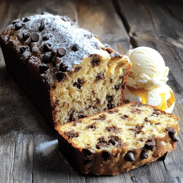 To make chocolate chip banana bread, you need some key ingredients. Here’s what you’ll need: - 3 ripe bananas, mashed - 1/3 cup melted coconut oil - 1 teaspoon vanilla extract - 1 teaspoon baking soda - Pinch of salt - 3/4 cup brown sugar - 1 large egg, beaten - 1 cup all-purpose flour - 1/2 cup semi-sweet chocolate chips - 1/2 teaspoon ground cinnamon These ingredients create a tasty and moist banana bread. If you want to make your bread even better, try these add-ins: - 1/4 cup chopped walnuts - 1/4 cup chopped pecans Adding nuts gives a nice crunch and flavor to your bread. Use ripe bananas for the best flavor. Look for bananas with brown spots. The more spots, the sweeter they are. Overripe bananas blend well and keep the bread moist. You can use fresh bananas, but they won't be as sweet. For the best results, use bananas that are soft and sweet. These are perfect for baking. For the full recipe, check out the detailed instructions! Start by preheating your oven to 350°F (175°C). This step is key for even baking. While the oven heats, grab a 9x5 inch loaf pan. You can grease it with some cooking spray or line it with parchment paper to make removal easy later. This small step helps your bread come out perfectly. In a mixing bowl, mash the 3 ripe bananas until smooth. Then, add 1/3 cup of melted coconut oil. Mix them well together. Next, stir in 1 teaspoon of vanilla extract. Now, sprinkle in 1 teaspoon of baking soda and a pinch of salt. Stir these ingredients until they blend nicely. Now it’s time for the sugar! Add 3/4 cup of brown sugar and mix again until smooth. Then, beat in 1 large egg until it’s fully combined. Slowly fold in 1 cup of all-purpose flour. Be gentle here; overmixing can make your bread tough. Lastly, fold in 1/2 cup of semi-sweet chocolate chips and 1/2 teaspoon of ground cinnamon. If you like, add 1/4 cup of chopped walnuts or pecans for a crunch! Pour your batter into the prepared loaf pan, smoothing the top gently with a spatula. Now, it’s time to bake! Place the pan in your preheated oven and bake for about 60 minutes. Check if it’s done by inserting a toothpick in the center. If it comes out clean, your bread is ready. Once baked, let it cool in the pan for about 10 minutes. After that, carefully transfer it to a wire rack to cool completely. This cooling step is important. It helps set the flavors and makes slicing easier. Enjoy the wonderful aroma filling your kitchen! For the full recipe and details, check out the [Full Recipe]. To get the best texture in your chocolate chip banana bread, make sure to use ripe bananas. The riper they are, the sweeter and softer they become. Mash them well; this helps mix them into the batter easily. When combining ingredients, don't overmix. Stir until everything is just blended. A few lumps are okay. Overmixing makes the bread tough and chewy, not soft and moist. You can make some changes to this recipe if you're looking for healthier options. Instead of all-purpose flour, try whole wheat flour. This adds more fiber and nutrients. You can swap coconut oil for applesauce to cut calories and fat. For sugar, consider using honey or maple syrup. These natural sweeteners can add flavor and moisture. If you want a nut-free version, just leave out the walnuts or pecans. Avoid these common mistakes for the best banana bread. First, don't use unripe bananas; they won't blend well. Second, always preheat your oven before baking. This helps the bread rise properly. Also, check your oven's temperature with a thermometer. If it runs hot, your bread may burn. Lastly, let the bread cool before slicing. This helps it set and makes slicing easier. For the full recipe, check out the detailed steps above. {{image_2}} You can change up the flavor of your chocolate chip banana bread. Try adding peanut butter for a nutty twist. Swapping half the chocolate chips for butterscotch chips gives a sweet contrast. You can also mix in some toasted coconut for a tropical vibe. Each change adds a new layer to the bread's taste. For a gluten-free version, use almond or coconut flour. These flours keep the bread moist and tasty. If you want a vegan option, replace the egg with a flax egg. To make this, mix one tablespoon of flaxseed meal with three tablespoons of water. Let it sit for five minutes to thicken. You can also use maple syrup instead of brown sugar for a sweeter touch. In fall, add a pinch of nutmeg or allspice for warmth. You can also fold in some diced apples or pears for extra fruitiness. In summer, fresh berries like blueberries or raspberries work great. They add a bright flavor and beautiful color. These seasonal changes keep the recipe fresh and exciting. For the full recipe, check out the [Full Recipe]. To keep your banana bread fresh, let it cool completely. Once cool, wrap it tightly in plastic wrap or foil. You can also place it in an airtight container. This keeps the bread moist and soft. Store it at room temperature for up to three days. If you want to keep it longer, consider freezing. Freezing your banana bread is simple. After it cools, slice the bread into pieces. Wrap each slice in plastic wrap, then place them in a freezer bag. This method helps prevent freezer burn. You can freeze the bread for up to three months. When you’re ready to eat it, just thaw at room temperature. To enjoy warm banana bread, reheat it in the oven. Preheat your oven to 350°F (175°C). Place the slices on a baking sheet. Heat for about 10 minutes or until warm. You can also use a microwave. Heat each slice for about 15 to 20 seconds. This way, your banana bread tastes fresh and delicious, just like when you first made it. Enjoy it with a cup of tea or coffee! You can check if your banana bread is done by using a toothpick. Insert the toothpick into the center of the bread. If it comes out clean, your bread is ready. If it has wet batter on it, bake for a few more minutes. Keep an eye on it to avoid overbaking. The edges should look golden brown, and the top should spring back when pressed gently. This balance gives you the best texture. Yes, you can use frozen bananas! They work great in banana bread. Just thaw them first and drain any excess liquid. Frozen bananas are often sweeter and more flavorful. This means they can add a lovely taste to your bread. Mash them well before mixing them with other ingredients. This will help keep the texture smooth and creamy. Serving chocolate chip banana bread can be fun! You can slice it warm and add a drizzle of honey. Or, try a scoop of vanilla ice cream on the side. It makes a delightful dessert. For a fancy touch, dust the slices with powdered sugar. You can also enjoy it plain with a cup of coffee or tea. For an extra treat, spread some peanut butter or cream cheese on top. Each bite can taste different! Check the [Full Recipe] for more ideas. This blog post covered key steps for making banana bread. We looked at ingredients, from essentials to great add-ins. I shared clear steps to prepare, mix, and bake your bread. Tips helped you avoid common mistakes. We explored fun variations and how to store your bread for later. Remember, perfect banana bread comes from good ingredients and careful baking. Enjoy your baking journey and share your creations!