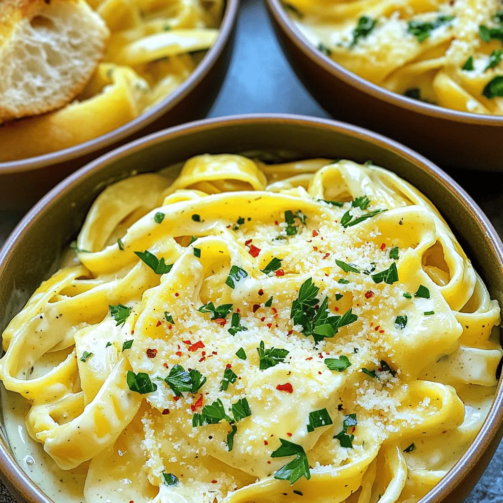 - 8 ounces fettuccine or spaghetti - 4 tablespoons unsalted butter - 4 cloves garlic, minced - 1 cup heavy cream - 1 cup grated Parmesan cheese (plus more for serving) - 1/2 teaspoon salt (or to taste) - 1/4 teaspoon black pepper - 1/4 teaspoon red pepper flakes (optional) - 2 tablespoons fresh parsley, chopped (for garnish) - Large pot for boiling pasta - Large skillet for the sauce - Whisk and spatula for mixing Gathering the right ingredients is key to making creamy garlic Parmesan pasta a hit. You need good pasta, fresh garlic, and rich cheese. I always prefer fettuccine or spaghetti for this dish. They hold the sauce well and make each bite creamy. The butter gives the sauce a smooth base. Fresh minced garlic adds a bold flavor that complements the cheese. Heavy cream is a must for that rich, creamy texture. I love using grated Parmesan cheese; it melts nicely and adds a salty punch. For seasoning, salt and black pepper are essential. They enhance the overall taste. If you like a little heat, add red pepper flakes. Finally, fresh parsley adds color and a fresh taste. Make sure you have the right tools. A large pot helps cook the pasta evenly. A skillet is best for making the sauce. Use a whisk to blend the cream and cheese smoothly. A spatula is great for mixing the pasta and sauce together. You can find the full recipe in the sections above. Enjoy making this simple yet delicious meal! To start, cook the pasta according to the package instructions. I often choose fettuccine or spaghetti for this dish. While the pasta cooks, save 1 cup of pasta water before draining. This water helps adjust the sauce later. Next, let's make the sauce. In a large pot or skillet, melt the butter over medium heat. Once it melts, add the minced garlic. Sauté it for 1-2 minutes until it smells great. Be careful not to burn it! After that, pour in the heavy cream. Stir it well and let it simmer for 2-3 minutes. This step thickens the sauce nicely. Now, it's time to bring it all together. Gradually whisk in the grated Parmesan cheese, salt, black pepper, and red pepper flakes if you like some spice. Keep stirring until the cheese melts and the sauce is smooth. Add the drained pasta to the creamy sauce. Toss to coat it well. If the sauce seems too thick, add some of the reserved pasta water until you reach your desired texture. You can find the full recipe for more details. To make your creamy garlic parmesan pasta even better, try adding grated lemon zest. This small touch gives the dish a fresh and bright flavor. You can also add sautéed vegetables to boost nutrition. Spinach, cherry tomatoes, or even bell peppers work well. They add color and nutrients without changing the taste too much. When making the sauce, keep the heat moderate. This helps prevent the garlic from burning. Burnt garlic can ruin your sauce. Add the cheese gradually. This way, it melts smoothly into the sauce. If you add it all at once, you might end up with clumps. Serve your creamy garlic parmesan pasta with a side salad. A fresh salad balances the rich pasta. You can also pair it with garlic bread. This combo makes for a complete and satisfying meal. For the best look, serve the pasta in deep bowls. Top with extra Parmesan and parsley for a beautiful finish. For the full recipe, check out the [Full Recipe]. {{image_2}} When you want to mix things up, try these fun variations with creamy garlic Parmesan pasta. Each twist keeps the dish exciting and tasty. - Include grilled chicken or shrimp: Adding grilled chicken or shrimp boosts the protein. This makes the dish heartier and gives it a nice texture. - Stir in cooked bacon for extra flavor: Crumbled bacon adds a smoky crunch. Just mix it in before serving for a delightful surprise. - Substitute pasta with zucchini noodles: Zucchini noodles are fresh and light. They soak up the creamy sauce well. This option is perfect for a low-carb meal. - Use nutritional yeast instead of cheese for a vegan version: Nutritional yeast gives a cheesy flavor without dairy. It’s great for those who want a vegan meal. - Increase red pepper flakes for more heat: If you love spice, add more red pepper flakes. This kick can elevate the dish. - Add a splash of hot sauce before serving: A little hot sauce can make a big difference. Just a splash will give it a delightful zing. Feel free to explore these variations to make each meal unique. The creamy garlic Parmesan pasta adapts well, so you can enjoy it your way! For the complete guide, check out the Full Recipe. To store leftovers, place the creamy garlic parmesan pasta in an airtight container. This keeps the flavors fresh and prevents it from drying out. When you're ready to reheat, use a skillet over medium heat. Add a splash of milk or cream to help it rehydrate. Stir often until warmed through. You can freeze creamy garlic parmesan pasta for longer storage. To do this, let the pasta cool completely. Then, divide it into portions and place them in freezer-safe bags. Squeeze out the air to avoid freezer burn. When you're ready to eat, thaw it overnight in the fridge. Reheat gently on the stove to keep the sauce smooth. Creamy garlic parmesan pasta lasts about 3 to 5 days in the fridge. Check for signs that it has gone bad. If you see mold or it has a sour smell, it's time to toss it out. Always trust your senses when checking for food safety. Yes, you can! This dish works great with various pasta types. Here are a few options: - Penne - Rigatoni - Farfalle - Whole wheat pasta Each type adds a unique twist to the creamy sauce. Choose your favorite! To make this dish gluten-free, pick a pasta that fits your needs. Some great options include: - Gluten-free penne - Brown rice spaghetti - Chickpea pasta These choices keep the flavors while being easy on your tummy. Absolutely! You can make this dish vegan with simple swaps. Try these tips: - Use coconut cream instead of heavy cream. - Replace Parmesan cheese with nutritional yeast. - Choose a vegan butter or oil for sautéing. These changes keep the rich taste while making it plant-based. Pair this creamy pasta with tasty sides and beverages. Here are some ideas: - A fresh green salad with lemon vinaigrette - Garlic bread for extra flavor - Roasted vegetables for a healthy touch - A crisp white wine, like Sauvignon Blanc These options enhance your meal and make it more enjoyable. This blog post presented a simple recipe for creamy garlic parmesan pasta. We covered the essential ingredients, step-by-step instructions, and helpful tips to enhance flavor. You also learned about easy variations and storage practices. Experimenting with this dish can lead to many delicious meals. Remember, cooking is about having fun and enjoying the process. So grab your tools and get started in the kitchen!
