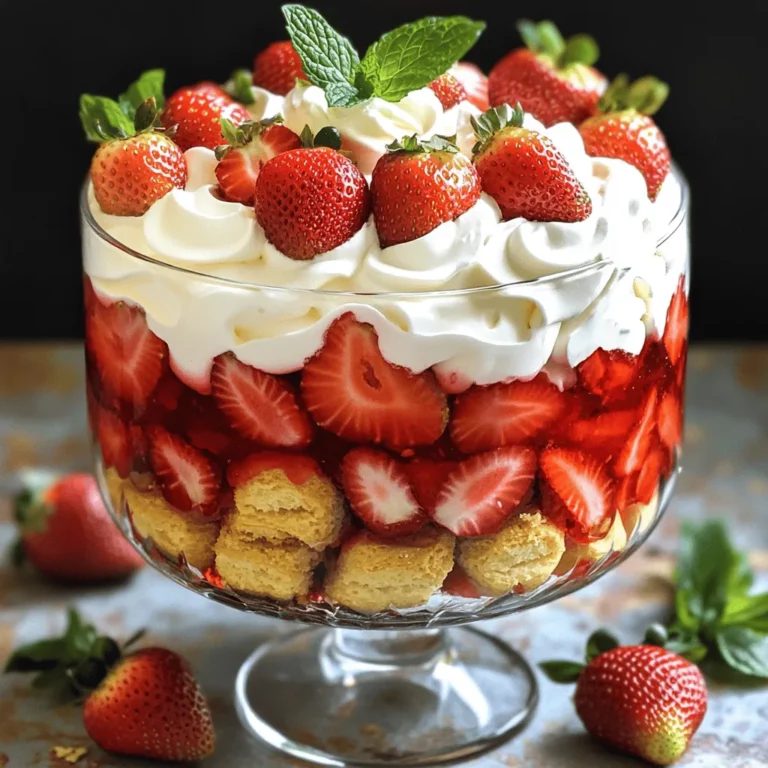 - 2 cups fresh strawberries, hulled and sliced - 1/4 cup granulated sugar - 1 teaspoon vanilla extract - 1 cup heavy whipping cream - 1/2 cup powdered sugar - 1 teaspoon vanilla bean paste (or additional vanilla extract) - 8-10 store-bought shortcake cookies, crumbled into pieces - Fresh mint leaves for garnish To make a Strawberry Shortcake Trifle, you need fresh ingredients. Start with two cups of strawberries. Make sure they are hulled and sliced. The sugar helps bring out the strawberry’s sweet flavor. Add a quarter cup of granulated sugar and a teaspoon of vanilla extract. This combination enhances the berries' natural taste. Next, for the whipped cream, you will need one cup of heavy whipping cream. It gives the trifle its light and creamy texture. Mix in half a cup of powdered sugar. This adds sweetness without being too heavy. A teaspoon of vanilla bean paste gives a rich flavor. You can use extra vanilla extract if you don’t have the paste. For the shortcake base, grab eight to ten store-bought shortcake cookies. Crumble them into small pieces. This will create a lovely texture in your trifle. Finally, fresh mint leaves add a touch of color and freshness as a garnish. This simple list of ingredients makes a delightful treat. You can find the full recipe in the next section. Enjoy gathering your ingredients! To make the strawberries pop, start with 2 cups of fresh strawberries. Hull and slice them into thin pieces. In a medium bowl, combine the sliced strawberries with 1/4 cup of granulated sugar and 1 teaspoon of vanilla extract. Toss the mixture gently to coat the strawberries. Let them sit for about 15-20 minutes. This process is called macerating. The sugar will draw out the juices, making the strawberries sweet and syrupy. Next, you need to whip the cream. Take 1 cup of heavy whipping cream and put it in a large bowl. Add in 1/2 cup of powdered sugar and 1 teaspoon of vanilla bean paste. Use a hand mixer or whisk to whip the cream until you see soft peaks. Be careful not to over-whip. You want the cream to be fluffy and smooth. Now comes the fun part: assembling the trifle. Start with a layer of crumbled shortcake cookies at the bottom of a large glass trifle dish or individual serving glasses. Use about 8-10 store-bought shortcake cookies, crumbled into pieces. Next, add a layer of the sweet macerated strawberries. Follow this with a generous layer of whipped cream. Spread it evenly using a spatula. Repeat these layers until you reach the top of the dish. Finish with a layer of whipped cream for a beautiful look. Chill the trifle in the fridge for at least 1 hour. This helps the flavors blend together. If you want to impress, garnish with a few whole strawberries and fresh mint leaves on top. Enjoy your delicious creation! For the full recipe, refer to the earlier section. To get the best whipped cream, start with cold cream. Chill your bowl and beaters too. This keeps the cream light and fluffy. Whip the cream until soft peaks form. Be careful not to over-whip; this can turn it into butter. If it looks grainy, you’ve gone too far. If this happens, add a splash of fresh cream and mix gently until smooth again. Layering is key to a great trifle. Start with a layer of crumbled shortcake cookies. Make sure to break them into small pieces. This helps them soak up the strawberry juices. Then, add a layer of macerated strawberries. Spread them evenly for the best look. Follow this with whipped cream. Use a spatula to smooth it out. Repeat these layers until you reach the top. Finish with a thick layer of whipped cream. This gives a nice top and helps hold everything in place. Garnishing makes your trifle pop. Use fresh strawberries on top. Place them whole or slice them for a fun look. Add mint leaves for a splash of color and freshness. They also add a nice scent. You can also sprinkle chocolate shavings or crushed nuts for extra flavor. If you like a little crunch, consider adding granola. This will give a unique twist to your dessert. Explore these ideas to make your trifle shine! For the full recipe, check [Full Recipe]. {{image_2}} You can change the base of your trifle for fun. Instead of shortcake cookies, use pound cake or sponge cake. Both options add a soft and moist texture. They also soak up the fruity juices well. If you need gluten-free options, try almond flour cake or gluten-free sponge cake. These alternatives keep the dessert light and tasty. Want to give your trifle a twist? Add flavored whipped creams! You can mix in chocolate or lemon for a new taste. Using mascarpone cheese makes the filling richer and creamier. This adds depth and a touch of sweetness. Mix other fruits into your trifle for variety. Blueberries or peaches work great with strawberries. When adding different fruits, adjust the sweetness. Some fruits are sweeter, so you might use less sugar. This keeps your trifle balanced and delicious. For the full recipe, check our detailed guide on making this delightful dessert. To keep your Strawberry Shortcake Trifle fresh, store it in the fridge. Use a tight lid to cover the trifle dish. This helps keep the layers intact and prevents drying. I recommend enjoying it within three days for the best taste. The strawberries stay juicy, and the whipped cream remains fluffy. Can you freeze Strawberry Shortcake Trifle? Yes, but the texture may change. To freeze, cover the trifle tightly with plastic wrap. This prevents ice crystals from forming. Thaw it overnight in the fridge before serving. The taste will still be good, but the layers might not look as nice. If you have leftover trifle layers, don't toss them! You can use them in other desserts. Mix the layers into a parfait with yogurt for a quick snack. Or, turn it into a sundae. Just add a scoop of ice cream on top of the trifle layers. Drizzle with chocolate sauce for a sweet treat! Chill the trifle for at least 1 hour. This time helps the flavors blend well. It also makes the dessert cool and refreshing. For best results, chill it longer if you can. Some people prefer it chilled for 2-3 hours. Yes, you can make this trifle ahead of time. Just prepare the layers a day before serving. Store it in the fridge to keep it fresh. However, avoid adding the whipped cream until right before serving. This keeps it light and fluffy. You can use several options for a lighter dessert. Try coconut cream or almond cream for a dairy-free choice. You can also use whipped topping as a quick substitute. Greek yogurt works too for a thicker texture with less fat. Look for soft peaks when whipping cream. This means it will hold its shape but still be smooth. Be careful not to over-whip it. Over-whipped cream can become grainy and buttery. Stop whipping as soon as you see those soft peaks. This blog post shared a fun and easy way to make a Strawberry Shortcake Trifle. We covered fresh ingredients, step-by-step instructions, and storage tips. You learned how to prepare juicy strawberries, whip creamy delight, and layer everything for a stunning dessert. Remember, you can switch up flavors or fruits to make it your own. Enjoy crafting this tasty treat for friends and family. It will impress everyone without much fuss!