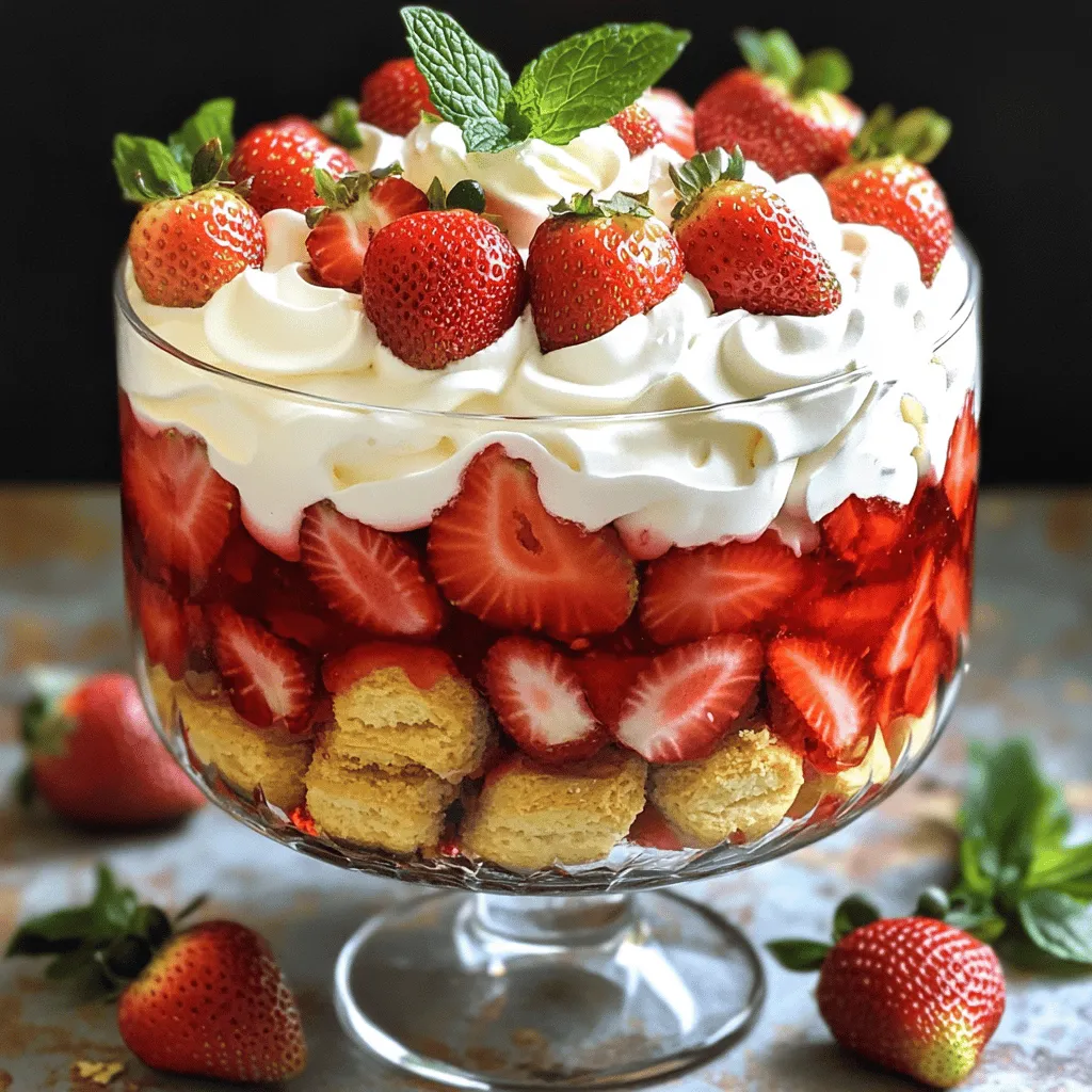 - 2 cups fresh strawberries, hulled and sliced - 1/4 cup granulated sugar - 1 teaspoon vanilla extract - 1 cup heavy whipping cream - 1/2 cup powdered sugar - 1 teaspoon vanilla bean paste (or additional vanilla extract) - 8-10 store-bought shortcake cookies, crumbled into pieces - Fresh mint leaves for garnish To make a Strawberry Shortcake Trifle, you need fresh ingredients. Start with two cups of strawberries. Make sure they are hulled and sliced. The sugar helps bring out the strawberry’s sweet flavor. Add a quarter cup of granulated sugar and a teaspoon of vanilla extract. This combination enhances the berries' natural taste. Next, for the whipped cream, you will need one cup of heavy whipping cream. It gives the trifle its light and creamy texture. Mix in half a cup of powdered sugar. This adds sweetness without being too heavy. A teaspoon of vanilla bean paste gives a rich flavor. You can use extra vanilla extract if you don’t have the paste. For the shortcake base, grab eight to ten store-bought shortcake cookies. Crumble them into small pieces. This will create a lovely texture in your trifle. Finally, fresh mint leaves add a touch of color and freshness as a garnish. This simple list of ingredients makes a delightful treat. You can find the full recipe in the next section. Enjoy gathering your ingredients! To make the strawberries pop, start with 2 cups of fresh strawberries. Hull and slice them into thin pieces. In a medium bowl, combine the sliced strawberries with 1/4 cup of granulated sugar and 1 teaspoon of vanilla extract. Toss the mixture gently to coat the strawberries. Let them sit for about 15-20 minutes. This process is called macerating. The sugar will draw out the juices, making the strawberries sweet and syrupy. Next, you need to whip the cream. Take 1 cup of heavy whipping cream and put it in a large bowl. Add in 1/2 cup of powdered sugar and 1 teaspoon of vanilla bean paste. Use a hand mixer or whisk to whip the cream until you see soft peaks. Be careful not to over-whip. You want the cream to be fluffy and smooth. Now comes the fun part: assembling the trifle. Start with a layer of crumbled shortcake cookies at the bottom of a large glass trifle dish or individual serving glasses. Use about 8-10 store-bought shortcake cookies, crumbled into pieces. Next, add a layer of the sweet macerated strawberries. Follow this with a generous layer of whipped cream. Spread it evenly using a spatula. Repeat these layers until you reach the top of the dish. Finish with a layer of whipped cream for a beautiful look. Chill the trifle in the fridge for at least 1 hour. This helps the flavors blend together. If you want to impress, garnish with a few whole strawberries and fresh mint leaves on top. Enjoy your delicious creation! For the full recipe, refer to the earlier section. To get the best whipped cream, start with cold cream. Chill your bowl and beaters too. This keeps the cream light and fluffy. Whip the cream until soft peaks form. Be careful not to over-whip; this can turn it into butter. If it looks grainy, you’ve gone too far. If this happens, add a splash of fresh cream and mix gently until smooth again. Layering is key to a great trifle. Start with a layer of crumbled shortcake cookies. Make sure to break them into small pieces. This helps them soak up the strawberry juices. Then, add a layer of macerated strawberries. Spread them evenly for the best look. Follow this with whipped cream. Use a spatula to smooth it out. Repeat these layers until you reach the top. Finish with a thick layer of whipped cream. This gives a nice top and helps hold everything in place. Garnishing makes your trifle pop. Use fresh strawberries on top. Place them whole or slice them for a fun look. Add mint leaves for a splash of color and freshness. They also add a nice scent. You can also sprinkle chocolate shavings or crushed nuts for extra flavor. If you like a little crunch, consider adding granola. This will give a unique twist to your dessert. Explore these ideas to make your trifle shine! For the full recipe, check [Full Recipe]. {{image_2}} You can change the base of your trifle for fun. Instead of shortcake cookies, use pound cake or sponge cake. Both options add a soft and moist texture. They also soak up the fruity juices well. If you need gluten-free options, try almond flour cake or gluten-free sponge cake. These alternatives keep the dessert light and tasty. Want to give your trifle a twist? Add flavored whipped creams! You can mix in chocolate or lemon for a new taste. Using mascarpone cheese makes the filling richer and creamier. This adds depth and a touch of sweetness. Mix other fruits into your trifle for variety. Blueberries or peaches work great with strawberries. When adding different fruits, adjust the sweetness. Some fruits are sweeter, so you might use less sugar. This keeps your trifle balanced and delicious. For the full recipe, check our detailed guide on making this delightful dessert. To keep your Strawberry Shortcake Trifle fresh, store it in the fridge. Use a tight lid to cover the trifle dish. This helps keep the layers intact and prevents drying. I recommend enjoying it within three days for the best taste. The strawberries stay juicy, and the whipped cream remains fluffy. Can you freeze Strawberry Shortcake Trifle? Yes, but the texture may change. To freeze, cover the trifle tightly with plastic wrap. This prevents ice crystals from forming. Thaw it overnight in the fridge before serving. The taste will still be good, but the layers might not look as nice. If you have leftover trifle layers, don't toss them! You can use them in other desserts. Mix the layers into a parfait with yogurt for a quick snack. Or, turn it into a sundae. Just add a scoop of ice cream on top of the trifle layers. Drizzle with chocolate sauce for a sweet treat! Chill the trifle for at least 1 hour. This time helps the flavors blend well. It also makes the dessert cool and refreshing. For best results, chill it longer if you can. Some people prefer it chilled for 2-3 hours. Yes, you can make this trifle ahead of time. Just prepare the layers a day before serving. Store it in the fridge to keep it fresh. However, avoid adding the whipped cream until right before serving. This keeps it light and fluffy. You can use several options for a lighter dessert. Try coconut cream or almond cream for a dairy-free choice. You can also use whipped topping as a quick substitute. Greek yogurt works too for a thicker texture with less fat. Look for soft peaks when whipping cream. This means it will hold its shape but still be smooth. Be careful not to over-whip it. Over-whipped cream can become grainy and buttery. Stop whipping as soon as you see those soft peaks. This blog post shared a fun and easy way to make a Strawberry Shortcake Trifle. We covered fresh ingredients, step-by-step instructions, and storage tips. You learned how to prepare juicy strawberries, whip creamy delight, and layer everything for a stunning dessert. Remember, you can switch up flavors or fruits to make it your own. Enjoy crafting this tasty treat for friends and family. It will impress everyone without much fuss!