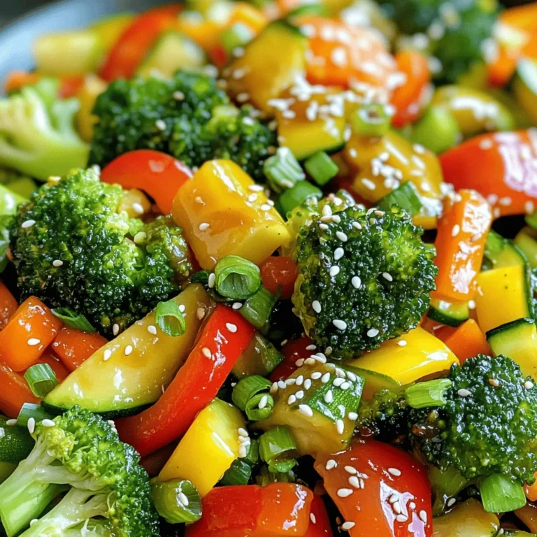 - 1 cup broccoli florets - 1 red bell pepper, sliced - 1 yellow bell pepper, sliced - 1 medium carrot, julienned - 1 cup snap peas, trimmed - 1 cup zucchini, sliced - 3 cloves garlic, minced - 1 tablespoon fresh ginger, grated - 3 tablespoons soy sauce (or tamari) - 2 tablespoons sesame oil - 1 tablespoon honey or maple syrup - 1 tablespoon cornstarch mixed with 2 tablespoons water (optional) - Sesame seeds - Chopped green onions For a quick and healthy dinner, this recipe has all the good stuff. The main ingredients offer a colorful mix of veggies. Broccoli, bell peppers, and carrots are filled with vitamins. Snap peas add a nice crunch, while zucchini brings a soft texture. Garlic and ginger give it a bold flavor that you’ll love. Now, let’s talk about the sauce. Soy sauce (or tamari for gluten-free) adds saltiness. Sesame oil gives a nutty aroma. Honey or maple syrup provides a hint of sweetness. If you want a thicker sauce, use cornstarch mixed with water. This helps bind all the flavors together. For the finishing touch, sprinkle sesame seeds and chopped green onions on top. These garnishes not only look great but also add flavor. If you want the full recipe, check out the detailed cooking instructions! - Wash and chop all vegetables. - Measure out sauce ingredients. Start by washing all your veggies. Clean them well to remove dirt. I like to chop them into bite-sized pieces. This helps them cook evenly. Next, measure your sauce ingredients. This keeps things tidy and quick when cooking. - Heat the skillet and add sesame oil. - Stir-fry garlic and ginger. - Add vegetables in stages. - Add sauce and season to taste. Heat a large skillet over medium-high heat. Once hot, pour in the sesame oil. It gives a nice flavor. Add minced garlic and grated ginger. Stir-fry these for about 30 seconds. You want to smell their great aroma. Next, toss in the broccoli and carrots. Cook them for 2-3 minutes. They should be tender but still crisp. Now, add the bell peppers and zucchini. Stir-fry for another 2-3 minutes. Finally, mix in the snap peas. Drizzle the soy sauce and honey over everything. Stir well to coat the veggies. If you like a thicker sauce, add the cornstarch mix. Cook until the sauce thickens, about 1-2 minutes. Season with salt and pepper to your taste. - Plating the stir fry. - Options for serving accompaniments (rice, noodles). Serve your stir fry hot. I like to plate it with a sprinkle of sesame seeds and green onions on top. It looks great! You can serve it with rice or noodles on the side. Both options add more texture and flavor. For more details, check the Full Recipe. Enjoy your healthy dinner! To make a great veggie stir fry, start with your knife skills. Chop all the vegetables into similar sizes. This helps them cook evenly. For example, cut broccoli into small florets and slice peppers thinly. The smaller pieces cook quicker, while larger ones stay crunchy. Next, heat your skillet or wok before adding oil. This step gives your veggies a nice sear. Use medium-high heat to keep them crisp. Once the oil is hot, add garlic and ginger first. Stir for about 30 seconds. This releases their wonderful aromas. You can customize your sauce to fit your taste. If you like it sweet, add more honey or maple syrup. For a spicy kick, try adding red pepper flakes. You can also swap soy sauce for tamari if you need it gluten-free. If you want protein, tofu or chicken works great. For tofu, press it first to remove water. Cut it into cubes and fry until golden. For chicken, slice it thin and cook it first before adding veggies. A good skillet or wok is key. A non-stick skillet helps prevent sticking and burning. A heavy-bottomed wok distributes heat well. You also need a spatula for easy stirring. Choose one made from wood or silicone to avoid scratching your pan. Having a sharp knife is also essential for quick chopping. A cutting board that won’t slip helps keep your workspace safe. With the right tools, you’ll have a smooth cooking experience. For the complete recipe, check out the Full Recipe. {{image_2}} You can change your veggie stir fry based on what’s in season. In spring, add fresh asparagus and peas. Summer brings ripe tomatoes and eggplant. In fall, use squash and sweet potatoes. Winter is great for hearty greens like kale and Brussels sprouts. These seasonal veggies not only taste better but also help local farmers. For a gluten-free dish, swap soy sauce for tamari. This keeps the same flavor without gluten. If you want a vegan option, skip the honey and use maple syrup or agave. Both sweeteners work well, and they keep your dish plant-based. You can enjoy this meal while sticking to your diet. Spice things up by adding red pepper flakes or black pepper. Fresh herbs like basil or cilantro can also add a nice touch. If you want to try different sauces, go for teriyaki or oyster sauce. Each sauce changes the taste and gives you new options. Don't be afraid to mix and match flavors to find your perfect combination. To keep your stir fry fresh, cool it down first. Once cool, put it in the fridge. Use airtight containers to stop moisture loss. This method keeps flavors bright for up to three days. When you reheat stir fry, use a skillet or microwave. A skillet helps keep the crunch. Heat over medium until warm. If using a microwave, try short bursts of heat. This way, your veggies stay crisp. You can freeze leftover stir fry too. Place it in freezer-safe bags or containers. Remove as much air as possible. It keeps well for up to three months. When ready to eat, thaw in the fridge overnight. Reheat in a skillet for best results. This keeps your dish tasty and fresh. Making this dish is quick! It takes about 10 minutes to prep and 10 minutes to cook. So, in just 20 minutes, you can enjoy a fresh, tasty meal. Yes! You can add protein to make it heartier. Tofu is a great option for a vegetarian twist. If you prefer meat, try adding diced chicken or shrimp. Cook them first, then add the veggies. You can use many vegetables for stir-frying. I love using: - Broccoli florets - Red and yellow bell peppers - Carrots - Snap peas - Zucchini Feel free to mix and match your favorites! Check out the [Full Recipe](#) for Easy Veggie Stir Fry. It has all the steps and tips you need! In this blog post, we explored how to make a simple veggie stir fry. We covered key ingredients like broccoli, bell peppers, and snap peas. Then, I showed you step-by-step cooking tips and serving ideas. You learned how to customize flavors and store leftovers effectively. Remember, stir frying lets you mix and match your favorite veggies. With these tips, you can now create your own delicious stir fry, making every meal fresh and fun! Enjoy trying out your new skills in the kitchen.