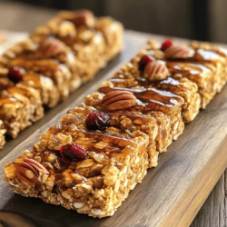 Here’s what you need to make tasty Maple Pecan Granola Bars. Gather these items: - 1 ½ cups rolled oats - ½ cup pecans, chopped - ½ cup almond butter - ½ cup maple syrup - ¼ cup honey (or agave syrup) - 1 teaspoon vanilla extract - ½ teaspoon salt - ½ cup dried cranberries or raisins - ¼ cup mini chocolate chips (optional) Each ingredient plays a key role. The rolled oats give a hearty base. Chopped pecans add crunch and flavor. Almond butter binds everything, while maple syrup and honey sweeten the mix. Vanilla extract enhances flavor, and salt balances the sweetness. Dried cranberries or raisins offer chewy goodness. You can toss in chocolate chips for a fun twist. These ingredients make it easy to create a delicious snack. Check out the Full Recipe to see how to bring it all together! 1. Preheat your oven to 350°F (175°C). Line an 8x8 inch baking pan with parchment paper. This makes it easy to lift the bars out later. 2. In a large bowl, combine 1 ½ cups of rolled oats and ½ cup of chopped pecans. Stir the mix well to spread the nuts evenly. 3. In a small saucepan, melt ½ cup of almond butter, ½ cup of maple syrup, ¼ cup of honey, 1 teaspoon of vanilla extract, and ½ teaspoon of salt over low heat. Stir until smooth and well mixed. 4. Pour this smooth mixture over the oats and pecans. Mix everything together until the oats and nuts are well-coated. 1. Add ½ cup of dried cranberries and ¼ cup of mini chocolate chips, if you want. Gently mix them in. 2. Transfer the mixture to the prepared pan. Press it down firmly with a spatula or your hands to make a flat layer. 3. Bake for 15-20 minutes. Watch for the edges to turn a golden brown. 4. Take the pan out of the oven. Let it cool completely in the pan. Use the parchment paper to lift it out. 5. Once cooled, cut the bars into your desired size. - For a beautiful display, arrange the granola bars on a rustic wooden board or a white plate. - Drizzle some extra maple syrup on top for an enticing look. - You can add a few whole pecans and dried cranberries on top for a nice pop of color. For the complete recipe, check out the Full Recipe section. - Overmixing the ingredients: Mix just until combined. Too much mixing can make the bars tough. - Not pressing down firmly enough: Press the mixture firmly into the pan. This helps the bars hold together. - How to ensure even baking: Spread the mixture evenly in the pan. Make sure there are no gaps or air pockets. - Checking for doneness: Look for a golden edge. The center should be slightly soft but not wet. - Suggested spices to add: Try adding a pinch of cinnamon or nutmeg. These spices bring warmth and depth. - Pairing with different toppings: Top your bars with yogurt or fresh fruit. This adds freshness and balance to the sweet flavor. For the full recipe, see the section above. {{image_2}} To make these granola bars fit your diet, try some easy swaps. For a vegan version, swap honey for agave syrup. This keeps the sweetness while making it plant-based. If you need a gluten-free option, choose certified gluten-free oats. These oats will keep your bars safe for those with gluten sensitivities. Want to mix it up? You can add chocolate chips or nut butter to the mix. Both give a tasty twist. If you prefer different nuts, feel free to swap pecans for walnuts or almonds. You can also change up dried fruits. Try using apricots or cherries instead of cranberries. This keeps the bars exciting every time you make them. Seasonal flavors can make your bars special. In fall, add pumpkin spice to the mix. This will bring warmth and flavor to your granola bars. In summer, consider adding fresh berries for a bright and fruity taste. These twists keep your snacks fresh and fun all year round. For the full recipe, check out the details above! Store your maple pecan granola bars at room temperature for up to a week. They taste best when fresh. Use an airtight container to keep them crunchy. If you live in a warm area, consider refrigeration. This helps them stay firm and fresh. These granola bars last about one week at room temperature. In the fridge, they can last up to two weeks. Look for signs of spoilage, like an off smell or a change in texture. If they feel sticky or soft, it’s time to toss them. To freeze your granola bars, wrap each bar tightly in plastic wrap. Place them in a freezer-safe bag or container. They can last for about three months in the freezer. When ready to eat, thaw them in the fridge overnight for the best texture. Enjoy them as a quick snack any time! To make your granola bars less crumbly, ensure you press the mixture firmly into the pan. This helps bind the ingredients together. Using enough almond butter and maple syrup also adds moisture. If they still crumble, try adding a bit more almond butter or honey. Yes, you can easily substitute pecans with other nuts. Walnuts, almonds, or cashews work well too. Just chop them into small pieces. Each nut will give a different flavor and texture, so feel free to explore your favorites! These granola bars are quite healthy. They use rolled oats, which provide fiber. The nuts add healthy fats and protein. Maple syrup and honey offer natural sweetness. Just watch your portion size, as they are calorie-dense. Absolutely! You can make these granola bars ahead of time. They store well in an airtight container. Just make sure to let them cool completely before cutting and storing. They’ll last for up to a week at room temperature. To cut the bars neatly, use a sharp knife. A warm knife helps too. First, lift the bars out of the pan using the parchment paper. Then, cut them into even squares or rectangles. This way, you get nice, clean edges. For the full recipe, check the instructions above! You now have all the key steps to make tasty granola bars. From gathering your ingredients to baking and storing, each part is vital. Remember to avoid common mistakes like overmixing and not pressing down firm enough. Explore variations by swapping nuts and adding spices for more flavor. With these tips, your granola bars will surely be a hit. Enjoy making and sharing them with family and friends. Happy baking!