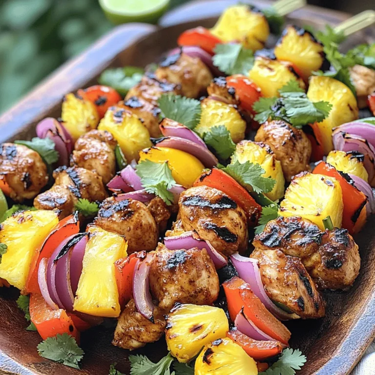 - 1 lb boneless, skinless chicken thighs - 2 tablespoons jerk seasoning - 2 tablespoons olive oil - 1 bell pepper (red or yellow) - 1 red onion - 1 cup pineapple chunks - Lime juice - Salt and pepper to taste - Skewers (wooden or metal) The main ingredients for Caribbean jerk chicken skewers include juicy chicken thighs, bold jerk seasoning, and olive oil. These flavors blend perfectly to create a tasty dish. I love using boneless, skinless chicken thighs for their tenderness. They soak up the marinade well, making every bite full of flavor. Next, we add vibrant vegetables. The bell pepper shines with its sweetness, while the red onion adds a nice bite. Pineapple chunks bring a lovely tropical twist. They balance the heat from the jerk seasoning. This mix of colors and flavors makes the dish not just tasty but also visually appealing. For seasoning, lime juice adds brightness. It cuts through the richness of the chicken. Salt and pepper are essential, too, to enhance the overall taste. Lastly, make sure to have skewers ready—wooden or metal work just fine. If you use wooden skewers, soak them in water first. This helps prevent burning on the grill. You can find the full recipe above for detailed cooking instructions. Enjoy your grilling adventure! To start, you need to mix the jerk seasoning, olive oil, and lime juice. In a large bowl, combine two tablespoons of jerk seasoning with two tablespoons of olive oil and one tablespoon of lime juice. Stir until it blends well. This mix is the heart of the flavor. It brings the spicy and tangy notes that make jerk chicken special. Next, toss the chicken pieces in the marinade. Take one pound of boneless, skinless chicken thighs and cut them into one-inch pieces. Add them to the bowl and coat each piece evenly. Cover the bowl and refrigerate it for at least one hour. If you have time, let it marinate overnight. This extra time helps the flavors soak in deeply. Before grilling, preheat your grill to medium-high heat. If you use wooden skewers, soak them in water for about 30 minutes. This step keeps them from burning while cooking. Now, it’s time to assemble the skewers. Thread the marinated chicken, bell pepper, red onion, and pineapple pieces onto the skewers. Leave some space between each piece to ensure even cooking. Place the skewers on the grill. Cook for about 10 to 12 minutes, turning them occasionally. You want the chicken to reach an internal temperature of 165°F. This ensures it is fully cooked and safe to eat. Once done, take them off the grill. Let the skewers rest for a couple of minutes before serving. Season with salt and pepper to taste. For the full recipe, check out the earlier section. What’s the best way to make jerk seasoning? You can use store-bought jerk seasoning or make your own. Store-bought saves time, but homemade has a unique touch. To make it, mix spices like allspice, cinnamon, and nutmeg with garlic and thyme. You can add a bit of brown sugar for sweetness and heat. What other spices can boost flavor? Adding fresh herbs like cilantro can enhance the taste. A splash of soy sauce adds depth. You might also include a bit of ginger for warmth. Play around with these spices to find your perfect mix. Why soak wooden skewers? Soaking prevents them from burning on the grill. Just put them in water for about 30 minutes. This simple step helps your skewers last longer while cooking. What types of skewers can you use? Wooden skewers work great, but metal is also a solid choice. Metal skewers heat up quickly, keeping the food warm. Choose what works best for you, but remember to soak wooden ones. How do you get perfect grill marks? Make sure your grill is hot before you place the skewers on it. Place them at an angle to the grill grates. This angle gives you those nice cross-hatch marks. What are the best cooking times? Grill the skewers for about 10-12 minutes. Turn them often to ensure even cooking. The chicken should reach an internal temperature of 165°F. Letting it rest for a few minutes after grilling helps lock in juicy flavor. {{image_2}} You can switch the chicken for other proteins. Shrimp works great for a quick cook. It takes just a few minutes on the grill. Tofu is a good choice for a plant-based option. Press it to remove extra moisture before marinating. This helps it absorb all the jerk flavor. For a vegetarian or vegan twist, swap chicken for a mix of veggies. Use bell peppers, zucchini, and mushrooms. These veggies hold up well on the grill. You can also add cubed eggplant for a hearty touch. Marinate them just like the chicken for full flavor. Want to mix it up? Try adding fruits and veggies. Mango or papaya would add sweetness. You can also use cherry tomatoes for a burst of flavor. Experiment with different combinations to find your favorite. The more you try, the more fun your skewers will be! For more details and a complete guide, check the Full Recipe. To store cooked skewers, let them cool first. Place them in an airtight container. You can keep them in the fridge for up to four days. Make sure to separate layers with parchment paper to avoid sticking. If you have sauce, keep it in a small container on the side. For reheating, the best method is the oven. Preheat your oven to 350°F (175°C). Place the skewers on a baking sheet. Cover them with foil to keep moisture in. Heat for about 10-15 minutes. You can also use a microwave, but it may dry them out. If using a microwave, add a splash of water to keep them moist. To freeze uncooked skewers, prepare them as you would for grilling. After assembling, place them on a baking sheet. Freeze until solid, then transfer to a freezer bag. They can stay frozen for up to three months. For cooked skewers, let them cool completely before freezing. Wrap each skewer in plastic wrap, then place in a freezer bag. They will last for about two months in the freezer. Jerk seasoning is a blend of spices. It has a warm, spicy flavor. Common ingredients include: - Allspice - Scotch bonnet peppers - Thyme - Garlic - Ginger - Nutmeg - Cinnamon - Brown sugar - Salt These spices create a unique taste. You can buy it at the store or make your own. Yes, you can cook these skewers in the oven. Preheat your oven to 425°F. Place the skewers on a baking tray lined with foil. Bake them for about 15-20 minutes. Turn the skewers halfway through. Make sure the chicken reaches 165°F for safe eating. This method gives you juicy chicken, even without a grill. These skewers pair well with many sides. Some tasty options are: - Coconut rice - Grilled vegetables - Coleslaw - Green salad - Plantains - Black beans These sides add color and flavor to your meal. They also balance the spices in the jerk chicken. You can find the full recipe for Caribbean Jerk Chicken Skewers earlier in this article. This detailed guide will help you create the perfect dish. You have learned how to make delicious Caribbean jerk chicken skewers. We covered key ingredients like chicken, jerk seasoning, and fresh veggies. Next, I shared step-by-step instructions for marinating and grilling. Additionally, tips on flavor, storage, and variations will enhance your meal. Now, you can enjoy this tasty dish and impress your friends. Keep experimenting to find your favorite flavors and combinations. Happy grilling!