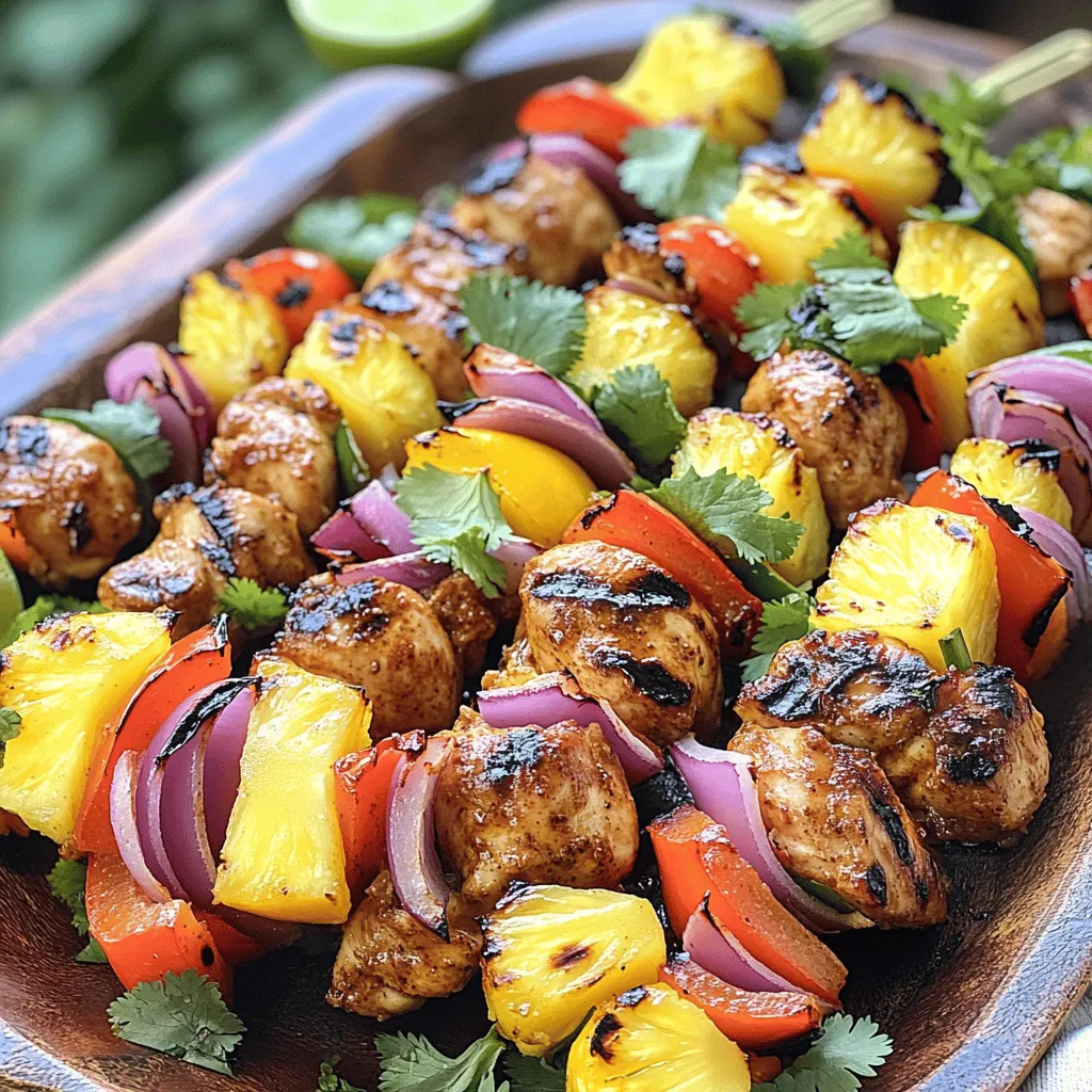 - 1 lb boneless, skinless chicken thighs - 2 tablespoons jerk seasoning - 2 tablespoons olive oil - 1 bell pepper (red or yellow) - 1 red onion - 1 cup pineapple chunks - Lime juice - Salt and pepper to taste - Skewers (wooden or metal) The main ingredients for Caribbean jerk chicken skewers include juicy chicken thighs, bold jerk seasoning, and olive oil. These flavors blend perfectly to create a tasty dish. I love using boneless, skinless chicken thighs for their tenderness. They soak up the marinade well, making every bite full of flavor. Next, we add vibrant vegetables. The bell pepper shines with its sweetness, while the red onion adds a nice bite. Pineapple chunks bring a lovely tropical twist. They balance the heat from the jerk seasoning. This mix of colors and flavors makes the dish not just tasty but also visually appealing. For seasoning, lime juice adds brightness. It cuts through the richness of the chicken. Salt and pepper are essential, too, to enhance the overall taste. Lastly, make sure to have skewers ready—wooden or metal work just fine. If you use wooden skewers, soak them in water first. This helps prevent burning on the grill. You can find the full recipe above for detailed cooking instructions. Enjoy your grilling adventure! To start, you need to mix the jerk seasoning, olive oil, and lime juice. In a large bowl, combine two tablespoons of jerk seasoning with two tablespoons of olive oil and one tablespoon of lime juice. Stir until it blends well. This mix is the heart of the flavor. It brings the spicy and tangy notes that make jerk chicken special. Next, toss the chicken pieces in the marinade. Take one pound of boneless, skinless chicken thighs and cut them into one-inch pieces. Add them to the bowl and coat each piece evenly. Cover the bowl and refrigerate it for at least one hour. If you have time, let it marinate overnight. This extra time helps the flavors soak in deeply. Before grilling, preheat your grill to medium-high heat. If you use wooden skewers, soak them in water for about 30 minutes. This step keeps them from burning while cooking. Now, it’s time to assemble the skewers. Thread the marinated chicken, bell pepper, red onion, and pineapple pieces onto the skewers. Leave some space between each piece to ensure even cooking. Place the skewers on the grill. Cook for about 10 to 12 minutes, turning them occasionally. You want the chicken to reach an internal temperature of 165°F. This ensures it is fully cooked and safe to eat. Once done, take them off the grill. Let the skewers rest for a couple of minutes before serving. Season with salt and pepper to taste. For the full recipe, check out the earlier section. What’s the best way to make jerk seasoning? You can use store-bought jerk seasoning or make your own. Store-bought saves time, but homemade has a unique touch. To make it, mix spices like allspice, cinnamon, and nutmeg with garlic and thyme. You can add a bit of brown sugar for sweetness and heat. What other spices can boost flavor? Adding fresh herbs like cilantro can enhance the taste. A splash of soy sauce adds depth. You might also include a bit of ginger for warmth. Play around with these spices to find your perfect mix. Why soak wooden skewers? Soaking prevents them from burning on the grill. Just put them in water for about 30 minutes. This simple step helps your skewers last longer while cooking. What types of skewers can you use? Wooden skewers work great, but metal is also a solid choice. Metal skewers heat up quickly, keeping the food warm. Choose what works best for you, but remember to soak wooden ones. How do you get perfect grill marks? Make sure your grill is hot before you place the skewers on it. Place them at an angle to the grill grates. This angle gives you those nice cross-hatch marks. What are the best cooking times? Grill the skewers for about 10-12 minutes. Turn them often to ensure even cooking. The chicken should reach an internal temperature of 165°F. Letting it rest for a few minutes after grilling helps lock in juicy flavor. {{image_2}} You can switch the chicken for other proteins. Shrimp works great for a quick cook. It takes just a few minutes on the grill. Tofu is a good choice for a plant-based option. Press it to remove extra moisture before marinating. This helps it absorb all the jerk flavor. For a vegetarian or vegan twist, swap chicken for a mix of veggies. Use bell peppers, zucchini, and mushrooms. These veggies hold up well on the grill. You can also add cubed eggplant for a hearty touch. Marinate them just like the chicken for full flavor. Want to mix it up? Try adding fruits and veggies. Mango or papaya would add sweetness. You can also use cherry tomatoes for a burst of flavor. Experiment with different combinations to find your favorite. The more you try, the more fun your skewers will be! For more details and a complete guide, check the Full Recipe. To store cooked skewers, let them cool first. Place them in an airtight container. You can keep them in the fridge for up to four days. Make sure to separate layers with parchment paper to avoid sticking. If you have sauce, keep it in a small container on the side. For reheating, the best method is the oven. Preheat your oven to 350°F (175°C). Place the skewers on a baking sheet. Cover them with foil to keep moisture in. Heat for about 10-15 minutes. You can also use a microwave, but it may dry them out. If using a microwave, add a splash of water to keep them moist. To freeze uncooked skewers, prepare them as you would for grilling. After assembling, place them on a baking sheet. Freeze until solid, then transfer to a freezer bag. They can stay frozen for up to three months. For cooked skewers, let them cool completely before freezing. Wrap each skewer in plastic wrap, then place in a freezer bag. They will last for about two months in the freezer. Jerk seasoning is a blend of spices. It has a warm, spicy flavor. Common ingredients include: - Allspice - Scotch bonnet peppers - Thyme - Garlic - Ginger - Nutmeg - Cinnamon - Brown sugar - Salt These spices create a unique taste. You can buy it at the store or make your own. Yes, you can cook these skewers in the oven. Preheat your oven to 425°F. Place the skewers on a baking tray lined with foil. Bake them for about 15-20 minutes. Turn the skewers halfway through. Make sure the chicken reaches 165°F for safe eating. This method gives you juicy chicken, even without a grill. These skewers pair well with many sides. Some tasty options are: - Coconut rice - Grilled vegetables - Coleslaw - Green salad - Plantains - Black beans These sides add color and flavor to your meal. They also balance the spices in the jerk chicken. You can find the full recipe for Caribbean Jerk Chicken Skewers earlier in this article. This detailed guide will help you create the perfect dish. You have learned how to make delicious Caribbean jerk chicken skewers. We covered key ingredients like chicken, jerk seasoning, and fresh veggies. Next, I shared step-by-step instructions for marinating and grilling. Additionally, tips on flavor, storage, and variations will enhance your meal. Now, you can enjoy this tasty dish and impress your friends. Keep experimenting to find your favorite flavors and combinations. Happy grilling!