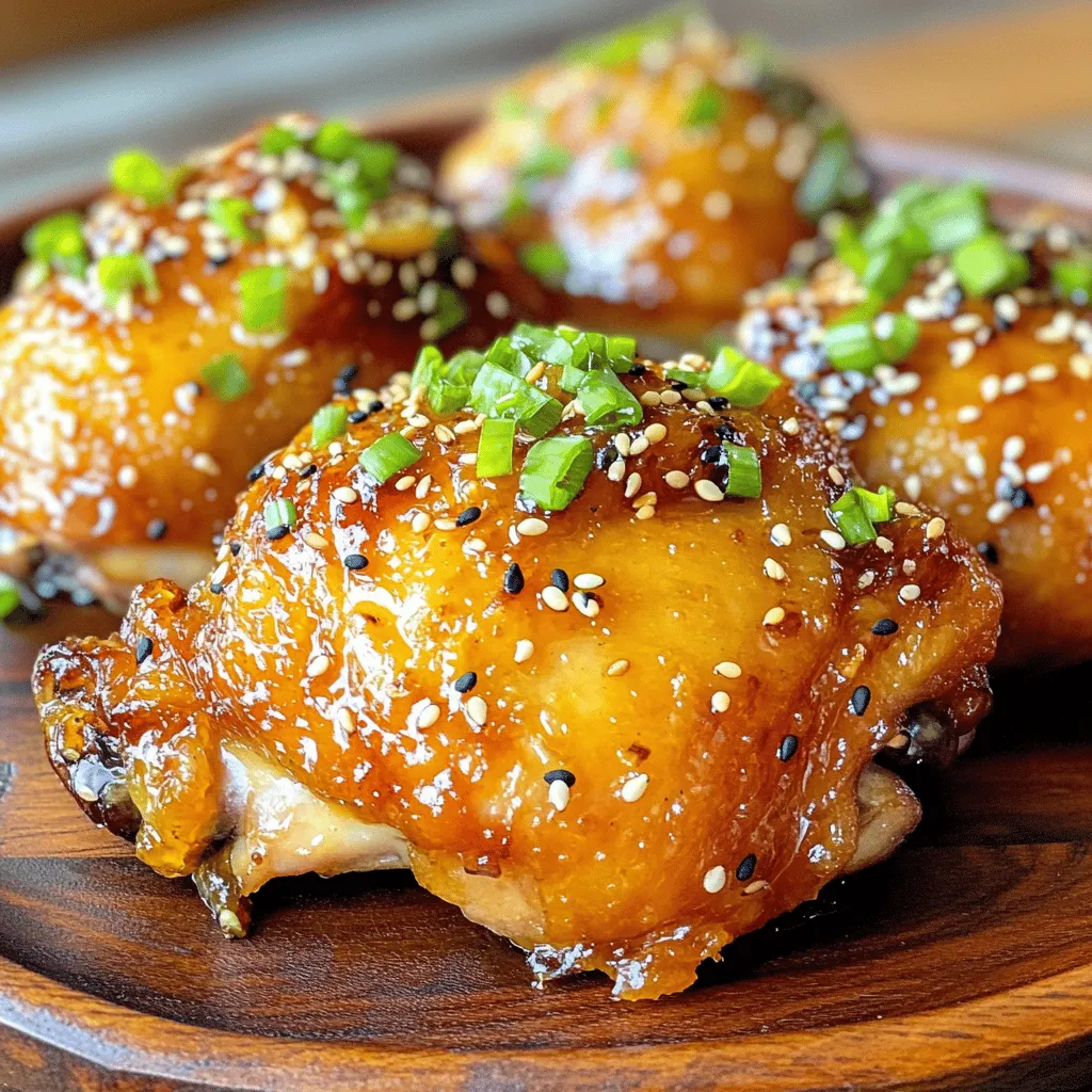 - Chicken thighs: 6 bone-in and skin-on - Marinade components: honey, garlic, soy sauce, apple cider vinegar, ground ginger, black pepper, olive oil - Garnishes: sesame seeds, chopped green onions For a delicious dinner, you need great ingredients. I recommend using bone-in, skin-on chicken thighs. They stay juicy and tender during cooking. The skin also crisps up nicely, giving you that perfect texture. Next, let’s talk about the marinade. This is where the magic happens. You’ll mix honey, garlic, soy sauce, apple cider vinegar, ground ginger, and black pepper. Each ingredient plays a role. Honey adds sweetness, while garlic brings a bold taste. Soy sauce adds umami, and vinegar gives a nice tang. Ginger spices it up, and black pepper adds a hint of heat. Finally, don’t forget the garnishes. Sesame seeds give a nutty crunch, and chopped green onions add a fresh touch. These simple elements make your dish look and taste amazing. For the full recipe, refer to the complete instructions. Enjoy your cooking! First, gather your ingredients. In a medium bowl, combine the following: - 1/3 cup honey - 4 cloves garlic, minced - 1/4 cup low-sodium soy sauce - 1 tablespoon apple cider vinegar - 1 teaspoon ground ginger - 1/2 teaspoon black pepper Whisk these together until you have a smooth mixture. This marinade gives the chicken its sweet and savory flavor. Now, let's marinate the chicken thighs. Place the chicken in a large resealable plastic bag or a shallow dish. Pour the marinade over the chicken. Seal the bag or cover the dish. For best results, let the chicken marinate in the fridge for at least 1 hour. If you have time, marinating overnight works wonders. For cooking, you can use two methods: searing and baking. Searing the chicken thighs: - Heat 2 tablespoons of olive oil in a large oven-safe skillet over medium-high heat. - Once hot, add the chicken thighs skin-side down. - Cook for about 4-5 minutes. You want the skin to be nice and golden brown. Baking instructions in the oven: - After searing, flip the chicken thighs over. - Pour the reserved marinade over the chicken. - Preheat your oven to 400°F (200°C) and place the skillet in the oven. - Bake for 25-30 minutes. The chicken should reach an internal temperature of 165°F (74°C). - After cooking, let the chicken rest for 5 minutes. You can garnish with sesame seeds and chopped green onions. This method ensures juicy, flavorful chicken every time! For the complete instructions, check the Full Recipe. To get that perfect crispy skin, start by patting the chicken dry. Use paper towels to remove extra moisture. This step is key for a nice crunch. Next, sear the chicken in a hot skillet. Heat olive oil over medium-high heat. Place the chicken skin-side down and cook for about 4-5 minutes. You want the skin to turn golden brown. This method locks in flavor and gives great texture. The best marinating time for chicken thighs is at least 1 hour. For deeper flavor, try marinating overnight. Just keep the chicken in the fridge. Make sure to coat all sides in the marinade. This will help the chicken soak up all the tasty flavors. Honey garlic chicken thighs pair well with several side dishes. Try serving them with steamed rice for a classic touch. Roasted vegetables also make a great match. You can add a fresh salad for balance. These sides enhance the meal and round out your dinner plate. Keep your meal colorful and delicious! For the full recipe, check out the complete instructions and tips. {{image_2}} You can boost the flavor of honey garlic chicken thighs with spices and herbs. Try adding a pinch of chili flakes for heat or some fresh thyme for a fragrant touch. You can also experiment with smoked paprika, which gives a nice depth to the dish. These small changes can transform your meal and make it unique. You can cook honey garlic chicken thighs in different ways. Grilling adds a smoky flavor and a nice char. Just marinate the chicken as usual, then place it on a hot grill for about 6-7 minutes per side. Baking, on the other hand, keeps the chicken juicy and tender. The method you choose can change the dish's taste and texture, so feel free to mix it up. If you want a gluten-free version, swap soy sauce for tamari. For a low-carb option, you can use a sugar substitute in place of honey. These changes make it easier to enjoy this dish while sticking to your dietary needs. Don't hesitate to get creative with your substitutions; your taste buds will thank you! For the full recipe, check out the details above. To store leftover chicken thighs, let them cool down first. Place them in an airtight container. Be sure to cover them well. Store the container in the fridge. Leftovers should be eaten within 3 to 4 days for best taste. To reheat chicken thighs, use an oven or stovetop. Preheat your oven to 350°F (175°C). Place the chicken on a baking sheet. Cover it with foil to keep it moist. Heat for 15-20 minutes or until warmed through. On the stovetop, heat a skillet over medium heat. Add a little oil and warm the chicken for 5-7 minutes, turning to avoid burning. This method keeps the flavor rich. If you want to freeze chicken thighs, wrap them tightly. Use plastic wrap or aluminum foil. Place them in a freezer-safe bag. Squeeze out the air before sealing. They can last up to 3 months in the freezer. To thaw, move the bag to the fridge overnight. Never refreeze thawed chicken. Enjoy your flavorful honey garlic chicken thighs later when you need a quick meal! For the full recipe, check out the previous section! The best way to marinate chicken thighs is simple and fun. Start with a bowl. Whisk together honey, minced garlic, soy sauce, apple cider vinegar, ground ginger, and black pepper. This blend gives great flavor. Pour the marinade over the chicken in a resealable bag or dish. Seal it tight. Let the chicken sit in the fridge for at least one hour. If you can wait longer, overnight is best. This allows the flavors to soak in deeply. Cook honey garlic chicken thighs for 25 to 30 minutes in the oven. Preheat your oven to 400°F (200°C) first. After searing them in a skillet, place the thighs skin-side up in the oven. Use a meat thermometer to check. The internal temperature should reach 165°F (74°C). This ensures juicy, safe chicken. Yes, you can use boneless chicken thighs. They will cook faster, so adjust the time. Check them at 20 minutes instead of 25. Boneless thighs can be just as tasty. The marinade will still work well, giving you that sweet and savory bite. Serve honey garlic chicken thighs with rice or noodles for a complete meal. Steamed veggies make a great side too. Try broccoli or green beans for color and crunch. You could also pair it with a fresh salad for a light touch. Each choice balances the sweet and savory flavors perfectly. In this guide, I walked through how to make tasty honey garlic chicken thighs. We covered ingredients, marinade preparation, cooking methods, and tips for perfect results. I shared storage techniques and answered common questions. Now, you’re ready to impress with this dish. Enjoy the process and make it your own! Happy cooking!