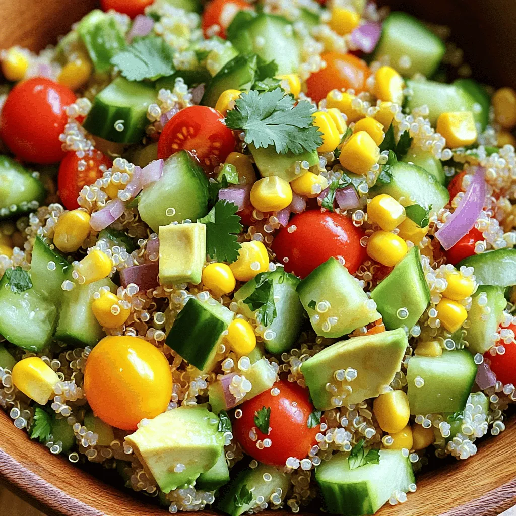 - 1 cup quinoa, rinsed - 2 cups vegetable broth or water - 1 ripe avocado, diced - 1 cup cherry tomatoes, halved - 1/2 cucumber, diced - 1/4 cup red onion, finely chopped - 1/2 cup corn (fresh or frozen) - 1/4 cup fresh cilantro, chopped - 2 tablespoons olive oil - 1 tablespoon lime juice - 1 teaspoon ground cumin - Salt and pepper to taste When preparing this savory quinoa salad, it's vital to gather all your ingredients first. Start with quinoa, a protein-packed grain that forms the base of the dish. Rinse it well to remove any bitterness. Next, chop your fresh veggies. I love using ripe avocado for creaminess and cherry tomatoes for a pop of sweetness. The cucumber adds a refreshing crunch, while red onion gives it a nice zing. Don't forget the corn; fresh or frozen works beautifully. For the dressing, you’ll need olive oil, lime juice, and ground cumin. This combination brings all the flavors together. Finally, sprinkle in salt and pepper to taste. This simple list of ingredients will lead you to a delicious salad that everyone can enjoy. For the complete steps, check the Full Recipe. Start by cooking the quinoa. First, combine 1 cup of rinsed quinoa and 2 cups of vegetable broth in a medium saucepan. Bring it to a boil over high heat. Once it boils, reduce the heat to low. Cover the pot and let it simmer for about 15 minutes. You want the quinoa to absorb all the liquid and become fluffy. After it cooks, remove it from heat and let it sit for 5 minutes. Fluff it gently with a fork. While the quinoa cools, prepare the vegetables. Take a large bowl and add all the diced ingredients. You will need 1 ripe avocado, 1 cup of halved cherry tomatoes, 1/2 diced cucumber, 1/4 cup of finely chopped red onion, and 1/2 cup of corn. If you have fresh corn, great! If not, frozen will work just fine. Finally, add 1/4 cup of fresh chopped cilantro. Now, let’s make the dressing. In a small bowl, whisk together 2 tablespoons of olive oil, 1 tablespoon of lime juice, and 1 teaspoon of ground cumin. This blend will add a nice zing to your salad. Don’t forget to season it with salt and pepper to taste. Once the quinoa has cooled, it’s time to toss everything together. Add the cooled quinoa to the bowl with all the diced veggies. Pour the dressing over the top. Gently mix everything together until all the ingredients are well coated. Taste your salad and adjust the seasoning if needed. Let the salad sit for about 10-15 minutes so the flavors can meld. This makes the salad even better! For the full recipe, check the details above. To make your quinoa taste great, rinsing it is key. Rinse it under cold water for about 30 seconds. This helps remove any bitter coating. It makes the flavor clean and fresh. To get fluffy quinoa, follow these simple steps. Use two cups of water or broth for every cup of quinoa. Bring it to a boil, then lower the heat. Cover it and let it simmer for 15 minutes. After cooking, let it sit for five minutes. Fluff it gently with a fork for the best texture. You can easily boost the flavor of your salad. Adding spices and herbs makes a big difference. Cumin adds a warm touch. Fresh cilantro adds brightness. You can also try adding a pinch of chili powder for heat. Adjusting the seasoning is important. Taste the salad before serving. If it needs more zing, add lime juice or salt. A little goes a long way, so add a little at a time. How you serve your salad matters. Use a large platter for a beautiful display. Spread the quinoa evenly, then layer the veggies on top. This makes the colors pop. You can also use bowls for individual servings. Garnish each bowl with extra cilantro or a lime wedge. This adds a nice touch. It also invites your guests to dig in! For a fun twist, serve it in avocado halves. It looks pretty and adds extra flavor. For the complete recipe, refer to the Full Recipe. {{image_2}} You can make your savory quinoa salad even better by adding protein. Beans are a great choice. Black beans or chickpeas work well. They add texture and flavor. If you prefer meat, grilled chicken is a tasty option. Just slice it thin and mix it in. This will make your salad heartier. You can easily switch up the protein to fit your diet. Using seasonal veggies can change your salad's flavor. In summer, try adding bell peppers or zucchini. In fall, roasted sweet potatoes are great. They bring warmth and a bit of sweetness. Fresh herbs also add a bright kick. Consider using basil or parsley based on the season. This keeps your salad fresh and exciting. The dressing can change the whole dish. While lime and cumin are great, you can try other dressings too. A balsamic vinaigrette adds a sweet and tangy taste. A yogurt-based dressing gives a creamy texture. You can even mix in some mustard for a zesty twist. Feel free to experiment until you find your favorite. This is the beauty of making your salad unique. Check the Full Recipe for more ideas on dressing. To keep your savory quinoa salad fresh, store it in an airtight container. Place the container in the fridge. This helps protect the salad from odors and keeps it tasty. Enjoy the salad within three days. If you notice any changes in color or smell, it’s best to toss it. You can freeze your quinoa salad for later use. First, place the salad in a freezer-safe container. Make sure to leave some space at the top. This lets the salad expand as it freezes. When you want to enjoy it, move the container to the fridge. Let it thaw overnight. After thawing, stir well and taste; you may want to add some fresh lime juice. The salad stays fresh in the fridge for about three days. If frozen, it can last up to three months. After that, the taste and texture may not be as good. Always check for any signs of spoilage before eating. Yes, you can make this salad ahead of time. I suggest prepping the quinoa and veggies separately. Keep the dressing in a jar until you're ready to eat. This way, your salad stays fresh and crisp. You can store the salad in the fridge for up to three days. Just remember to add the dressing right before serving. This keeps everything tasting great! Yes, quinoa is gluten-free. It is a perfect choice for people with gluten sensitivities. Quinoa is also packed with protein and fiber, making it a healthy option. It has all nine essential amino acids, which is rare in grains. This makes it a great base for many dishes. You can enjoy it in salads, bowls, or as a side dish. There are so many tasty options! You can try adding: - Black beans for protein - Feta cheese for creaminess - Bell peppers for crunch - Avocado for healthy fats - Spinach for extra greens - Roasted nuts for a nice texture Feel free to mix and match to find your favorite combo! To turn this salad into a main dish, add protein. You could include grilled chicken, shrimp, or chickpeas. Another idea is to serve it with a side of crusty bread. You can also add more grains like farro or barley. This salad is versatile, so feel free to get creative! For the full recipe, check out the above sections. This blog covered making a fresh quinoa salad. We discussed key ingredients, like avocado and cherry tomatoes. I shared easy steps for cooking quinoa and prepping the veggies. Tips helped enhance flavor and suggest how to serve. You can even vary your salad with protein or seasonal veggies. Try these ideas to create your own tasty versions. With simple storage tips, enjoy leftovers without waste. Now you're ready to make a delicious salad everyone loves!