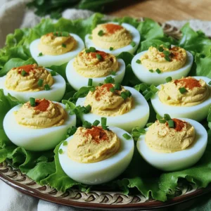 To make classic deviled eggs, you need simple and fresh ingredients. Here is what you will need: - 6 large eggs - 3 tablespoons mayonnaise - 1 teaspoon Dijon mustard - 1 teaspoon apple cider vinegar - 1/2 teaspoon smoked paprika - Salt and pepper to taste - 2 tablespoons finely chopped chives (plus extra for garnish) - 1/4 teaspoon cayenne pepper (optional for added heat) Each ingredient plays a key role. The eggs are the base, giving a creamy texture. Mayonnaise adds richness, while Dijon mustard gives a slight tang. Apple cider vinegar brightens the flavor. Smoked paprika adds a hint of smokiness, and the chives bring a fresh taste. Finally, cayenne pepper is there for those who like a kick in their deviled eggs. Using fresh ingredients makes a big difference. You can choose organic eggs and high-quality mayonnaise for a better taste. This recipe is easy, and it helps you impress your guests. For the full recipe, check back later. To start, place the eggs in a single layer in a saucepan. Cover them with cold water, about an inch above the eggs. Heat the pot over medium-high heat. Once the water boils, cover the pot with a lid. Remove it from heat and let the eggs sit for 10-12 minutes. This method gives you perfectly cooked yolks. Next, transfer the eggs to a bowl filled with ice water. This step cools the eggs quickly and makes peeling easier. Let them sit in the ice water for about 5 minutes. Once cool, gently tap each egg on a hard surface to crack the shell. Peel the eggs under running water, which helps remove bits of shell easily. Once the eggs are peeled, slice them in half lengthwise. Carefully take out the yolks and place them in a mixing bowl. Add 3 tablespoons of mayonnaise, 1 teaspoon of Dijon mustard, and 1 teaspoon of apple cider vinegar to the yolks. Sprinkle in 1/2 teaspoon of smoked paprika, salt, and pepper to taste. Mash everything with a fork until it’s smooth and creamy. Stir in 2 tablespoons of finely chopped chives and optional cayenne pepper for a kick. Now it’s time to fill the egg whites. You can use a spoon or a piping bag for this step. Generously spoon or pipe the yolk mixture back into each egg white half. Make sure to fill them nicely, creating a dome shape on top. For the final touch, garnish your deviled eggs. Sprinkle some extra smoked paprika and chives on top. This not only adds flavor but also makes your dish look appealing. For the full recipe, check out Deviled Eggs Delight 🥚. To get the best deviled eggs, start with the right boiling method. Place your eggs in a single layer in a pot. Cover them with cold water, about an inch above the eggs. Heat the pot on medium-high until the water boils. Once it boils, cover the pot and remove it from the heat. Let the eggs sit for 10 to 12 minutes. This method helps ensure they cook evenly. For a creamier filling, you can use a mix of mayonnaise and sour cream. This adds a nice tang and smooth texture. You can also try mixing in some cream cheese for extra richness. If you want to make it lighter, use Greek yogurt. This option adds creaminess without too many calories. Don’t forget to taste as you mix, so you can adjust flavors to your liking. Presentation matters when serving deviled eggs. Use a nice platter or a tiered stand for a fun look. You can also line the plate with fresh greens, like lettuce or arugula, for a pop of color. Pipe the filling into the whites using a pastry bag for a fancy touch. For a little extra flair, sprinkle smoked paprika or fresh herbs on top. This simple step makes them not only taste good but also look great! For more details on making these tasty treats, check out the Full Recipe. {{image_2}} You can make deviled eggs even better by adding herbs and spices. Fresh dill, parsley, or basil can bring a bright taste. Try adding a dash of garlic powder for extra flavor. You can also mix in some fresh lemon zest for a zesty kick. These small changes can turn your deviled eggs into something special. Get creative with your flavors! Adding avocado can give a creamy texture and a fresh taste. Or, mix in crumbled bacon for a smoky flavor. For a spicy twist, try jalapeños or sriracha. You can also use curry powder for a unique taste that surprises everyone. Each of these options can change the whole vibe of your dish. If you want to make a lighter version, swap out mayonnaise for Greek yogurt. This keeps it creamy but cuts calories. For a vegan option, use silken tofu blended until smooth. You can also replace eggs with chickpeas for a fun twist. Each of these substitutions keeps the spirit of deviled eggs while meeting different dietary needs. Try these variations to make your deviled eggs truly your own! For the classic recipe, check out the Full Recipe. You may want to save leftover deviled eggs. To store them, place them in a shallow container. Cover the container tightly with plastic wrap or a lid. This helps keep them fresh and tasty. Always store deviled eggs in the fridge. Keep them at a temperature below 40°F (4°C). Avoid leaving them out for more than two hours. If you notice any signs of spoilage, like an off smell, discard them. Deviled eggs can last for up to four days in the fridge. Be sure to check them before eating. If they start to look or smell bad, it is best to toss them. Enjoy your deviled eggs while they are fresh for the best taste! You can swap mayonnaise for Greek yogurt or avocado. Both add creaminess without eggs. Use the same amount in your recipe. Greek yogurt gives a tangy taste, while avocado adds healthy fats. Blend until smooth for the best results. Yes, you can use store-bought egg salad. Make sure it has the right flavors you like. You might need to adjust the seasoning to fit your taste. This option saves time and still gives a yummy result. The best way to peel eggs is to cool them fast. After boiling, place them in ice water. Let them sit for at least five minutes. This shock helps the shell come off easier. Older eggs also peel better than fresh ones. Yes, you can make deviled eggs a day in advance. Prepare the filling and store it in the fridge. Keep the egg whites separate until you’re ready to serve. This way, the eggs stay fresh and tasty. For the full recipe, check the link above. In this article, we explored how to make perfect deviled eggs, starting with the right ingredients. We discussed boiling, cooling, and peeling techniques to get the eggs just right. You learned tips for a creamier filling and ideas for serving. Variations on flavors and dietary substitutions were also covered. Finally, I shared the best storage methods to keep your deviled eggs fresh. Deviled eggs are simple yet tasty. With these tips, you can impress anyone. Enjoy your cooking!