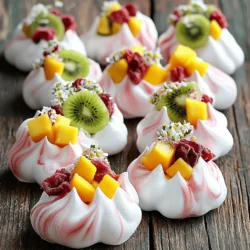 To make these delightful meringue cookies, you will need: - 3 large egg whites, room temperature - 1/4 teaspoon cream of tartar - 1 cup granulated sugar - 1 teaspoon vanilla extract - 1/2 teaspoon almond extract - 1/4 cup freeze-dried strawberries, crushed - 1/4 cup diced fresh kiwi - 1/4 cup diced mango - Pinch of salt - Edible flowers (for garnish, optional) These ingredients create a light and airy texture. The egg whites are key to achieving the right consistency. The sugar adds sweetness and helps form the peaks. You will need a few tools to make this recipe: - Electric mixer - Large mixing bowl - Baking sheets - Parchment paper - Piping bag or spoon Using an electric mixer speeds up the process. A large mixing bowl gives you space to beat the egg whites. Parchment paper keeps the cookies from sticking to the sheets. Using fresh egg whites is best for meringue cookies. Make sure your eggs are at room temperature. This helps them whip up better. For flavor, good quality vanilla and almond extracts make a difference. The freeze-dried strawberries add a nice touch of fruity flavor. Fresh fruits, like kiwi and mango, should be ripe for the best taste. For the prettiest cookies, consider using edible flowers to garnish. They add color and a touch of elegance. To find the Full Recipe, check the main section of this article. To make meringue cookies, start by gathering your ingredients. You will need egg whites, sugar, and flavorings. Make sure your egg whites are at room temperature. This helps them whip better. Begin by preheating your oven to 225°F (110°C). Line two baking sheets with parchment paper. This prevents sticking and makes cleanup easy. Next, take a large mixing bowl. Use an electric mixer to beat the egg whites on medium speed. Beat until the mixture becomes foamy. Add cream of tartar to the bowl. This helps stabilize the meringue. Keep beating until soft peaks form. Then, slowly add the sugar. Increase the speed to high as you whisk. Continue until you see stiff, glossy peaks. This should take about 5-7 minutes. Gently fold in the vanilla and almond extracts. Add a pinch of salt for balance. Now, it's time to fold in the crushed freeze-dried strawberries. Be careful not to deflate your meringue. You want that airy texture! Once your meringue is ready, use a piping bag or a spoon. Drop spoonfuls of meringue onto the lined baking sheets. Shape them into small peaks for a lovely look. Make sure to leave space between each meringue. Now, place the baking sheets in the preheated oven. Bake for about 1.5 hours. The meringues should feel dry and crisp. When the time is up, turn off the oven. Leave the meringues inside to cool completely for about 2 hours. This step is key for the perfect texture. After the meringues have cooled, gently lift them from the parchment paper. Now comes the fun part—filling them! Take some diced fresh kiwi and mango. Fill the centers of each meringue with these fruits. They add a burst of flavor and color. For a beautiful finish, consider garnishing with edible flowers. This gives a pop of color and makes your treat look fancy. You can serve them right away or store them in an airtight container. They last about a week, but I doubt they’ll last that long! For the full recipe, check out the details above. To make great meringue, you want to aim for stiff peaks. Start with clean bowls and beaters. Any grease can ruin your meringue. When you beat the egg whites, they should look foamy first. Then, add the cream of tartar. This helps the egg whites hold their shape. Gradually add sugar while beating. This step is key to getting a glossy finish. Keep beating until the meringue looks shiny and holds its shape. One common mistake is underbeating the egg whites. If they look watery, keep beating. Another issue is adding sugar too quickly. This can lead to grainy meringue. Make sure to add it slowly and beat well after each addition. If your meringue weeps or becomes sticky, it may be too humid. Avoid making meringue on wet days for the best results. Lastly, don’t open the oven while baking. This can cause cracks in your cookies. Serve meringue cookies fresh for the best taste. You can fill them with fresh fruit like kiwi and mango. This adds a nice texture and flavor. Consider topping them with whipped cream for extra creaminess. Edible flowers are a fun garnish too. They add color and make your treat look fancy. You can also crush some meringues and sprinkle them over ice cream. This adds a delightful crunch. For a simple snack, enjoy them plain with a cup of tea. They are light and sweet. For the full recipe, check out Meringue Cloud Cookies with Fruity Bliss. {{image_2}} You can mix up your meringue cookies with different fruits. Fresh or freeze-dried fruits work well. Here are some ideas: - Strawberries - Kiwi - Mango - Raspberries - Blueberries - Peaches - Pineapple I love using freeze-dried fruits. They add great flavor and a fun crunch. For fresh fruits, choose ripe ones for the best taste. You can also try citrus fruits for a zesty twist. Just remember to keep the fruit pieces small. This helps the meringue hold its shape. You can boost the flavor of your meringue cookies easily. Here are some tasty options: - Lemon zest - Orange zest - Coconut flakes - Chopped nuts (like almonds or pistachios) - Chocolate chips Adding a dash of zest adds a bright flavor. Nuts give a nice crunch. You can also swirl in chocolate for a sweet touch. Just add these ingredients gently to keep the meringue airy. Meringue cookies are naturally gluten-free. To make them vegan, use aquafaba. Aquafaba is the liquid from canned chickpeas. It whips up just like egg whites. Use the same amount of aquafaba as egg whites in the recipe. For a vegan option, try using a vegan-friendly sugar. Some sugars are not vegan, so check the label. This way, everyone can enjoy these delightful treats! By trying these variations, you can make your meringue cookies unique and fun. Check out the Full Recipe for all the details! To keep your meringue cookies fresh, store them in an airtight container. Use a container that closes tightly. This helps prevent moisture from ruining their crisp texture. Layer parchment paper between the cookies to avoid sticking. Meringue cookies last about a week if stored properly. They taste best within the first few days. After that, they may lose some crunch. Keep them in a cool, dry place away from heat. Avoid placing them in the fridge, as humidity can ruin them. You can freeze meringue cookies for longer storage. Freeze them in a single layer on a baking sheet first. Once frozen, transfer them to an airtight container. They can last up to three months in the freezer. Thaw them at room temperature before serving. For the best flavor, try to eat them within a month. Enjoy your meringue cookies with fruit even when you save them! For the full recipe, check out the details above. Yes, you can make meringue cookies in humid weather, but it is tricky. Humidity adds moisture, which can make meringue soft. To help, use a dehumidifier in your kitchen. You can also bake when the weather is drier. To fix runny meringue, you need to beat it more. Make sure your bowl is clean and dry. If the meringue is still runny, try adding a bit more sugar. This will help it hold its shape better. Many fruits work wonderfully in meringue cookies. I love using freeze-dried strawberries, diced kiwi, and mango. These fruits add flavors and colors. You can also try raspberries, blueberries, or peaches. Fresh fruit adds a nice burst of taste. Using cream of tartar is helpful but not required. Cream of tartar stabilizes the egg whites and helps them hold their shape. If you don’t have it, you can still make meringue. Just beat the egg whites well until they form stiff peaks. Meringue cookies are simple and fun to make. We covered essential ingredients, tools, and quality tips. I shared step-by-step instructions for perfect cookies. You learned how to avoid mistakes and achieve the right texture. Plus, I offered ideas for fun variations and how to store them. Remember, practice makes perfect. With these tips, you can impress your friends and family. Enjoy your baking adventure and keep experimenting with new flavors!