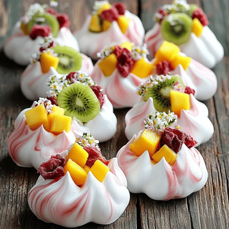 To make these delightful meringue cookies, you will need: - 3 large egg whites, room temperature - 1/4 teaspoon cream of tartar - 1 cup granulated sugar - 1 teaspoon vanilla extract - 1/2 teaspoon almond extract - 1/4 cup freeze-dried strawberries, crushed - 1/4 cup diced fresh kiwi - 1/4 cup diced mango - Pinch of salt - Edible flowers (for garnish, optional) These ingredients create a light and airy texture. The egg whites are key to achieving the right consistency. The sugar adds sweetness and helps form the peaks. You will need a few tools to make this recipe: - Electric mixer - Large mixing bowl - Baking sheets - Parchment paper - Piping bag or spoon Using an electric mixer speeds up the process. A large mixing bowl gives you space to beat the egg whites. Parchment paper keeps the cookies from sticking to the sheets. Using fresh egg whites is best for meringue cookies. Make sure your eggs are at room temperature. This helps them whip up better. For flavor, good quality vanilla and almond extracts make a difference. The freeze-dried strawberries add a nice touch of fruity flavor. Fresh fruits, like kiwi and mango, should be ripe for the best taste. For the prettiest cookies, consider using edible flowers to garnish. They add color and a touch of elegance. To find the Full Recipe, check the main section of this article. To make meringue cookies, start by gathering your ingredients. You will need egg whites, sugar, and flavorings. Make sure your egg whites are at room temperature. This helps them whip better. Begin by preheating your oven to 225°F (110°C). Line two baking sheets with parchment paper. This prevents sticking and makes cleanup easy. Next, take a large mixing bowl. Use an electric mixer to beat the egg whites on medium speed. Beat until the mixture becomes foamy. Add cream of tartar to the bowl. This helps stabilize the meringue. Keep beating until soft peaks form. Then, slowly add the sugar. Increase the speed to high as you whisk. Continue until you see stiff, glossy peaks. This should take about 5-7 minutes. Gently fold in the vanilla and almond extracts. Add a pinch of salt for balance. Now, it's time to fold in the crushed freeze-dried strawberries. Be careful not to deflate your meringue. You want that airy texture! Once your meringue is ready, use a piping bag or a spoon. Drop spoonfuls of meringue onto the lined baking sheets. Shape them into small peaks for a lovely look. Make sure to leave space between each meringue. Now, place the baking sheets in the preheated oven. Bake for about 1.5 hours. The meringues should feel dry and crisp. When the time is up, turn off the oven. Leave the meringues inside to cool completely for about 2 hours. This step is key for the perfect texture. After the meringues have cooled, gently lift them from the parchment paper. Now comes the fun part—filling them! Take some diced fresh kiwi and mango. Fill the centers of each meringue with these fruits. They add a burst of flavor and color. For a beautiful finish, consider garnishing with edible flowers. This gives a pop of color and makes your treat look fancy. You can serve them right away or store them in an airtight container. They last about a week, but I doubt they’ll last that long! For the full recipe, check out the details above. To make great meringue, you want to aim for stiff peaks. Start with clean bowls and beaters. Any grease can ruin your meringue. When you beat the egg whites, they should look foamy first. Then, add the cream of tartar. This helps the egg whites hold their shape. Gradually add sugar while beating. This step is key to getting a glossy finish. Keep beating until the meringue looks shiny and holds its shape. One common mistake is underbeating the egg whites. If they look watery, keep beating. Another issue is adding sugar too quickly. This can lead to grainy meringue. Make sure to add it slowly and beat well after each addition. If your meringue weeps or becomes sticky, it may be too humid. Avoid making meringue on wet days for the best results. Lastly, don’t open the oven while baking. This can cause cracks in your cookies. Serve meringue cookies fresh for the best taste. You can fill them with fresh fruit like kiwi and mango. This adds a nice texture and flavor. Consider topping them with whipped cream for extra creaminess. Edible flowers are a fun garnish too. They add color and make your treat look fancy. You can also crush some meringues and sprinkle them over ice cream. This adds a delightful crunch. For a simple snack, enjoy them plain with a cup of tea. They are light and sweet. For the full recipe, check out Meringue Cloud Cookies with Fruity Bliss. {{image_2}} You can mix up your meringue cookies with different fruits. Fresh or freeze-dried fruits work well. Here are some ideas: - Strawberries - Kiwi - Mango - Raspberries - Blueberries - Peaches - Pineapple I love using freeze-dried fruits. They add great flavor and a fun crunch. For fresh fruits, choose ripe ones for the best taste. You can also try citrus fruits for a zesty twist. Just remember to keep the fruit pieces small. This helps the meringue hold its shape. You can boost the flavor of your meringue cookies easily. Here are some tasty options: - Lemon zest - Orange zest - Coconut flakes - Chopped nuts (like almonds or pistachios) - Chocolate chips Adding a dash of zest adds a bright flavor. Nuts give a nice crunch. You can also swirl in chocolate for a sweet touch. Just add these ingredients gently to keep the meringue airy. Meringue cookies are naturally gluten-free. To make them vegan, use aquafaba. Aquafaba is the liquid from canned chickpeas. It whips up just like egg whites. Use the same amount of aquafaba as egg whites in the recipe. For a vegan option, try using a vegan-friendly sugar. Some sugars are not vegan, so check the label. This way, everyone can enjoy these delightful treats! By trying these variations, you can make your meringue cookies unique and fun. Check out the Full Recipe for all the details! To keep your meringue cookies fresh, store them in an airtight container. Use a container that closes tightly. This helps prevent moisture from ruining their crisp texture. Layer parchment paper between the cookies to avoid sticking. Meringue cookies last about a week if stored properly. They taste best within the first few days. After that, they may lose some crunch. Keep them in a cool, dry place away from heat. Avoid placing them in the fridge, as humidity can ruin them. You can freeze meringue cookies for longer storage. Freeze them in a single layer on a baking sheet first. Once frozen, transfer them to an airtight container. They can last up to three months in the freezer. Thaw them at room temperature before serving. For the best flavor, try to eat them within a month. Enjoy your meringue cookies with fruit even when you save them! For the full recipe, check out the details above. Yes, you can make meringue cookies in humid weather, but it is tricky. Humidity adds moisture, which can make meringue soft. To help, use a dehumidifier in your kitchen. You can also bake when the weather is drier. To fix runny meringue, you need to beat it more. Make sure your bowl is clean and dry. If the meringue is still runny, try adding a bit more sugar. This will help it hold its shape better. Many fruits work wonderfully in meringue cookies. I love using freeze-dried strawberries, diced kiwi, and mango. These fruits add flavors and colors. You can also try raspberries, blueberries, or peaches. Fresh fruit adds a nice burst of taste. Using cream of tartar is helpful but not required. Cream of tartar stabilizes the egg whites and helps them hold their shape. If you don’t have it, you can still make meringue. Just beat the egg whites well until they form stiff peaks. Meringue cookies are simple and fun to make. We covered essential ingredients, tools, and quality tips. I shared step-by-step instructions for perfect cookies. You learned how to avoid mistakes and achieve the right texture. Plus, I offered ideas for fun variations and how to store them. Remember, practice makes perfect. With these tips, you can impress your friends and family. Enjoy your baking adventure and keep experimenting with new flavors!
