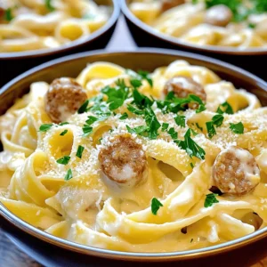 - 12 oz fettuccine pasta - 1 lb Italian sausage (mild or spicy) - 3 tablespoons olive oil - 3 cloves garlic, minced - 1 cup heavy cream - 1 cup grated Parmesan cheese - 1/2 teaspoon black pepper - 1/4 teaspoon nutmeg - Salt to taste - Fresh parsley for garnish When I make Sausage Alfredo Pasta, I love to keep it simple. The ingredients create a rich and creamy dish that feels special. You start with fettuccine pasta, which is the perfect match for the sauce. The Italian sausage adds a savory punch. You can choose mild or spicy, depending on your taste. Olive oil helps cook the sausage and gives it flavor. Garlic adds a wonderful aroma as it sizzles in the skillet. Heavy cream and Parmesan cheese bring the sauce to life. Season it with black pepper and nutmeg for a warm touch. Don’t forget salt! A sprinkle of fresh parsley makes it look great. - Large pot for boiling pasta - Skillet for cooking sausage and sauce - Spatula for stirring - Measuring cups and spoons I always grab a large pot for boiling the pasta. It needs enough space to cook evenly. A skillet is key for the sausage and sauce. Stirring with a spatula makes sure everything blends well. Using measuring cups and spoons helps keep the flavors just right. When you follow the Full Recipe, you’ll have a delightful meal in no time! First, bring a large pot of salted water to a boil. Add 12 oz of fettuccine pasta. Cook it according to the package instructions until it is al dente. This usually takes about 8 to 10 minutes. Once cooked, reserve 1 cup of pasta water. Then, drain the pasta and set it aside. In a large skillet, heat 3 tablespoons of olive oil over medium heat. Once hot, add 1 lb of Italian sausage. Cook the sausage until it is browned and cooked through. Use a spatula to break it up as it cooks, which should take about 5 to 7 minutes. Then, add 3 cloves of minced garlic to the skillet. Sauté the garlic for about 1 minute, just until it is fragrant. Be careful not to burn it. Next, lower the heat and pour in 1 cup of heavy cream. Stir well to combine. Gradually add 1 cup of grated Parmesan cheese, stirring until the sauce is creamy and smooth. Now, season the sauce with 1/2 teaspoon of black pepper, 1/4 teaspoon of nutmeg, and salt to taste. If the sauce is too thick, add a splash of the reserved pasta water. This helps to reach your desired consistency. Add the cooked fettuccine to the skillet. Gently toss it in the creamy sausage sauce until well coated. Allow everything to heat through for another 2 to 3 minutes on low heat. Finally, remove from heat and garnish with chopped fresh parsley. This makes a beautiful presentation. Enjoy your delicious Sausage Alfredo Pasta! For full details, please see the Full Recipe. To make a smooth and creamy sauce, start with low heat. This helps the cream blend well without burning. Stir the sauce often. This keeps it from sticking or clumping. Add Parmesan cheese slowly. This prevents it from clumping as well. Season with black pepper and nutmeg for depth. Taste the sauce and adjust salt as needed. While the pasta cooks, you can prep your other ingredients. This saves time and keeps everything fresh. Start cooking the sausage when the pasta is halfway done. This way, both will be ready to combine at the same time. Keep an eye on the pasta so it doesn't overcook. For a great look, serve the pasta in deep bowls. This makes it easy to eat and keeps it warm. Sprinkle extra Parmesan on top for a cheesy finish. A sprig of fresh parsley adds color and freshness. You can also drizzle a bit of olive oil for extra flavor. Try using a light-colored bowl to make the dish pop! For the full recipe, check out the details above. {{image_2}} You can use different types of sausage for this dish. Italian sausage is common, but turkey, chicken, or even vegetarian sausage work too. Each type changes the flavor. Turkey sausage gives a lighter taste. Chicken sausage adds a mild flavor. Vegetarian sausage offers a fun twist for plant-based eaters. Try them all to find your favorite! If you want a lighter sauce, consider using dairy-free options. You can swap heavy cream with coconut milk or a cashew cream. This keeps the dish creamy without the calories. You can also try low-fat cheese to cut down on fat. For pasta, whole wheat or gluten-free types can also work well; just follow the package instructions for cooking time. Adding fresh veggies can brighten the dish. Spinach wilts nicely into the sauce. Mushrooms add a rich, earthy flavor. You can also toss in seasonal herbs like basil or thyme for an extra kick. These small changes can make your Sausage Alfredo Pasta feel fresh and exciting every time you make it. To store Sausage Alfredo Pasta properly, let it cool down first. Then, place the pasta in a container. Use an airtight container to keep it fresh. You can use glass or plastic containers, but glass is best for reheating. It helps to heat evenly and keeps the sauce creamy. When reheating, use a skillet or microwave. If using a skillet, add a splash of cream or reserved pasta water. This keeps the sauce from getting too thick. Stir gently and heat on low until warm. If using a microwave, cover the dish to prevent drying out. Heat in short bursts and stir often. Yes, you can freeze Sausage Alfredo Pasta! To prepare for freezing, let it cool completely. Portion it into freezer-safe bags or containers. Remove as much air as possible before sealing. This helps prevent freezer burn. To thaw, place it in the fridge overnight before reheating. Making Sausage Alfredo Pasta takes about 30 minutes. Here’s the breakdown: - Prep time: 10 minutes - Cook time: 20 minutes You can enjoy a tasty meal in no time! Yes, you can! Here are some great options: - Penne - Rigatoni - Spaghetti Each type offers a unique twist on the dish. Pair it with these delicious sides: - Garlic bread - Caesar salad - Steamed broccoli For drinks, a light white wine works well, like Pinot Grigio. You can prepare the sauce ahead of time. Just store it in the fridge. Cook the pasta fresh when you're ready to eat. This keeps the dish creamy and tasty. Yes, it is! Here are some tips: - Cook in batches and store in airtight containers. - Reheat gently on the stove or microwave. This makes it easy to enjoy later! This blog post covered a tasty Sausage Alfredo Pasta recipe. We discussed ingredients, tools, steps, and helpful tips. You learned about variations and how to store leftovers. Cooking can be fun, especially when you can tweak recipes to suit your tastes. Remember, you can change the sausage or add veggies for extra flavor. This dish is not just delicious; it’s also easy to make. Enjoy cooking and share your tasty results!